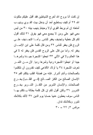 ‫ﺇﻥ ﻜﻨﺕ ﺃﻨﺎ ﺒﺭﻭﺡ ﺍﷲ ﺃﺨﺭﺝ ﺍﻟﺸﻴﺎﻁﻴﻥ ﻓﻘﺩ ﺃﻗﺒل ﻋﻠﻴﻜﻡ ﻤﻠﻜﻭﺕ‬
‫ﺍﷲ ٩٢ ﺃﻡ ﻜﻴﻑ ﻴﺴﺘﻁﻴﻊ ﺃﺤﺩ ﺃﻥ ﻴﺩﺨل ﺒﻴﺕ ﺍﻟﻘـﻭﻱ ﻭﻴﻨﻬـﺏ‬
‫ﺃﻤﺘﻌﺘﻪ ﺇﻥ ﻟﻡ ﻴﺭﺒﻁ ﺍﻟﻘﻭﻱ ﺃﻭﻻ ﻭﺤﻴﻨﺌﺫ ﻴﻨﻬﺏ ﺒﻴﺘﻪ ٠٣ ﻤﻥ ﻟﻴﺱ‬
                    ‫ٍ‬      ‫ﹰ‬
‫ﻤﻌﻲ ﻓﻬﻭ ﻋﻠﻲ ﻭﻤﻥ ﻻ ﻴﺠﻤﻊ ﻤﻌﻲ ﻓﻬﻭ ﻴﻔﺭﻕ ١٣ ﻟﺫﻟﻙ ﺃﻗﻭل‬
                                     ‫‪‬‬
‫ﻟﻜﻡ ﻜل ﺨﻁﻴﺔ ﻭﺘﺠﺩﻴﻑ ﻴﻐﻔﺭ ﻟﻠﻨﺎﺱ. ﻭﺃﻤـﺎ ﺍﻟﺘﺠـﺩﻴﻑ ﻋﻠـﻰ‬
‫ﺍﻟﺭﻭﺡ ﻓﻠﻥ ﻴﻐﻔﺭ ﻟﻠﻨﺎﺱ ٢٣ ﻭﻤﻥ ﻗﺎل ﻜﻠﻤﺔ ﻋﻠﻰ ﺍﺒﻥ ﺍﻹﻨﺴـﺎﻥ‬
‫ﻴﻐﻔﺭ ﻟﻪ. ﻭﺃﻤﺎ ﻤﻥ ﻗﺎل ﻋﻠﻰ ﺍﻟﺭﻭﺡ ﺍﻟﻘﺩﺱ ﻓﻠﻥ ﻴﻐﻔﺭ ﻟﻪ ﻻ ﻓﻲ‬
‫ﻫﺫﺍ ﺍﻟﻌﺎﻟﻡ ﻭﻻ ﻓﻲ ﺍﻵﺘﻲ ٣٣ ﺍﺠﻌﻠﻭﺍ ﺍﻟﺸﺠﺭﺓ ﺠﻴـﺩﺓ ﻭﺜﻤﺭﻫـﺎ‬
‫ﺠﻴﺩﺍ ﺃﻭ ﺍﺠﻌﻠﻭﺍ ﺍﻟﺸﺠﺭﺓ ﺭﺩﻴﺔ ﻭﺜﻤﺭﻫﺎ ﺭﺩﻴﺎ. ﻷﻥ ﻤـﻥ ﺍﻟﺜﻤـﺭ‬
                ‫‪‬‬                                 ‫‪‬‬
‫ﺘﻌﺭﻑ ﺍﻟﺸﺠﺭﺓ ٤٣ ﻴﺎ ﺃﻭﻻﺩ ﺍﻷﻓﺎﻋﻲ ﻜﻴﻑ ﺘﻘﺩﺭﻭﻥ ﺃﻥ ﺘﺘﻜﻠﻤﻭﺍ‬
‫ﺒﺎﻟﺼﺎﻟﺤﺎﺕ ﻭﺃﻨﺘﻡ ﺃﺸﺭﺍﺭ. ﻓﺈﻨﻪ ﻤﻥ ﻓﻀﻠﺔ ﺍﻟﻘﻠﺏ ﻴﺘﻜﻠﻡ ﺍﻟﻔﻡ ٥٣‬
‫ﺍﻹﻨﺴﺎﻥ ﺍﻟﺼﺎﻟﺢ ﻤﻥ ﺍﻟﻜﻨﺯ ﺍﻟﺼـﺎﻟﺢ )ﻓـﻲ ﺍﻟﻘﻠـﺏ( ﻴﺨـﺭﺝ‬
‫ﺍﻟﺼﺎﻟﺤﺎﺕ. ﻭﺍﻹﻨﺴﺎﻥ ﺍﻟﺸﺭﻴﺭ ﻤﻥ ﺍﻟﻜﻨـﺯ ﺍﻟﺸـﺭﻴﺭ ﻴﺨـﺭﺝ‬
‫ﺍﻟﺸﺭﻭﺭ ٦٣ ﻭﻟﻜﻥ ﺃﻗﻭل ﻟﻜﻡ ﺇﻥ ﻜل ﻜﻠﻤﺔ ﺒﻁﺎﻟﺔ ﻴـﺘﻜﻠﻡ ﺒﻬـﺎ‬
‫ﺍﻟﻨﺎﺱ ﺴﻭﻑ ﻴﻌﻁﻭﻥ ﻋﻨﻬﺎ ﺤﺴﺎﺒﺎ ﻴﻭﻡ ﺍﻟﺩﻴﻥ ٧٣ ﻷﻨﻙ ﺒﻜﻼﻤﻙ‬
                        ‫‪‬‬
                                    ‫ﺘﺘﺒﺭﺭ ﻭﺒﻜﻼﻤﻙ ﺘﺩﺍﻥ.‬
                                   ‫ﻤﺭﻗﺱ ٣: ٢٢ – ٠٣‬
 