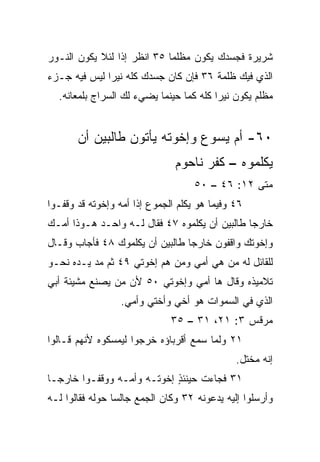 ‫ﺸﺭﻴﺭﺓ ﻓﺠﺴﺩﻙ ﻴﻜﻭﻥ ﻤﻅﻠﻤﺎ ٥٣ ﺍﻨﻅﺭ ﺇﺫﺍ ﻟﺌﻼ ﻴﻜﻭﻥ ﺍﻟﻨـﻭﺭ‬
                 ‫ﹰ‬           ‫‪‬‬
‫ﺍﻟﺫﻱ ﻓﻴﻙ ﻅﻠﻤﺔ ٦٣ ﻓﺈﻥ ﻜﺎﻥ ﺠﺴﺩﻙ ﻜﻠﻪ ﻨﻴﺭﺍ ﻟﻴﺱ ﻓﻴﻪ ﺠـﺯﺀ‬
              ‫‪‬‬
  ‫ﻤﻅﻠﻡ ﻴﻜﻭﻥ ﻨﻴﺭﺍ ﻜﻠﻪ ﻜﻤﺎ ﺤﻴﻨﻤﺎ ﻴﻀﻲﺀ ﻟﻙ ﺍﻟﺴﺭﺍﺝ ﺒﻠﻤﻌﺎﻨﻪ.‬
                                         ‫‪‬‬


       ‫٠٦- ﺃﻡ ﻴﺴﻭﻉ ﻭﺇﺨﻭﺘﻪ ﻴﺄﺘﻭﻥ ﻁﺎﻟﺒﻴﻥ ﺃﻥ‬
                               ‫ﻴﻜﻠﻤﻭﻩ – ﻜﻔﺭ ﻨﺎﺤﻭﻡ‬
                                    ‫ﻤﺘﻰ ٢١: ٦٤ – ٠٥‬
                                                 ‫ﹼ‬
‫٦٤ ﻭﻓﻴﻤﺎ ﻫﻭ ﻴﻜﻠﻡ ﺍﻟﺠﻤﻭﻉ ﺇﺫﺍ ﺃﻤﻪ ﻭﺇﺨﻭﺘﻪ ﻗﺩ ﻭﻗﻔـﻭﺍ‬
‫ﺨﺎﺭﺠﺎ ﻁﺎﻟﺒﻴﻥ ﺃﻥ ﻴﻜﻠﻤﻭﻩ ٧٤ ﻓﻘﺎل ﻟـﻪ ﻭﺍﺤـﺩ ﻫـﻭﺫﺍ ﺃﻤـﻙ‬
                                               ‫‪‬‬
‫ﻭﺇﺨﻭﺘﻙ ﻭﺍﻗﻔﻭﻥ ﺨﺎﺭﺠﺎ ﻁﺎﻟﺒﻴﻥ ﺃﻥ ﻴﻜﻠﻤﻭﻙ ٨٤ ﻓﺄﺠﺎﺏ ﻭﻗـﺎل‬
                                 ‫‪‬‬
‫ﻟﻠﻘﺎﺌل ﻟﻪ ﻤﻥ ﻫﻲ ﺃﻤﻲ ﻭﻤﻥ ﻫﻡ ﺇﺨﻭﺘﻲ ٩٤ ﺜﻡ ﻤﺩ ﻴـﺩﻩ ﻨﺤـﻭ‬
‫ﺘﻼﻤﻴﺫﻩ ﻭﻗﺎل ﻫﺎ ﺃﻤﻲ ﻭﺇﺨﻭﺘﻲ ٠٥ ﻷﻥ ﻤﻥ ﻴﺼﻨﻊ ﻤﺸﻴﺌﺔ ﺃﺒﻲ‬
                  ‫ﺍﻟﺫﻱ ﻓﻲ ﺍﻟﺴﻤﻭﺍﺕ ﻫﻭ ﺃﺨﻲ ﻭﺃﺨﺘﻲ ﻭﺃﻤﻲ.‬
                              ‫ﻤﺭﻗﺱ ٣: ١٢، ١٣ – ٥٣‬
‫١٢ ﻭﻟﻤﺎ ﺴﻤﻊ ﺃﻗﺭﺒﺎﺅﻩ ﺨﺭﺠﻭﺍ ﻟﻴﻤﺴﻜﻭﻩ ﻷﻨﻬﻡ ﻗـﺎﻟﻭﺍ‬
                                              ‫ﺇﻨﻪ ﻤﺨﺘل.‬
‫١٣ ﻓﺠﺎﺀﺕ ﺤﻴﻨﺌﺫ ﺇﺨﻭﺘـﻪ ﻭﺃﻤـﻪ ﻭﻭﻗﻔـﻭﺍ ﺨﺎﺭ ‪‬ـﺎ‬
  ‫ﺠ‬                          ‫ٍ‬
‫ﻭﺃﺭﺴﻠﻭﺍ ﺇﻟﻴﻪ ﻴﺩﻋﻭﻨﻪ ٢٣ ﻭﻜﺎﻥ ﺍﻟﺠﻤﻊ ﺠﺎﻟﺴﺎ ﺤﻭﻟﻪ ﻓﻘﺎﻟﻭﺍ ﻟـﻪ‬
                 ‫‪‬‬
 