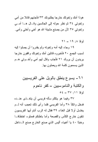 ‫ﻫﻭﺫﺍ ﺃﻤﻙ ﻭﺇﺨﻭﺘﻙ ﺨﺎﺭﺠﺎ ﻴﻁﻠﺒﻭﻨﻙ ٣٣ ﻓﺄﺠﺎﺒﻬﻡ ﻗﺎﺌﻼ ﻤﻥ ﺃﻤﻲ‬
       ‫ﹰ‬                        ‫‪‬‬
‫ﻭﺇﺨﻭﺘﻲ ٤٣ ﺜﻡ ﻨﻅﺭ ﺤﻭﻟﻪ ﺇﻟﻰ ﺍﻟﺠﺎﻟﺴﻴﻥ ﻭﻗـﺎل ﻫـﺎ ﺃﻤـﻲ‬
‫ﻭﺇﺨﻭﺘﻲ ٥٣ ﻷﻥ ﻤﻥ ﻴﺼﻨﻊ ﻤﺸﻴﺌﺔ ﺍﷲ ﻫﻭ ﺃﺨﻲ ﻭﺃﺨﺘﻲ ﻭﺃﻤﻲ.‬


                                      ‫ﻟﻭﻗﺎ ٨: ٩١ – ١٢‬
‫٩١ ﻭﺠﺎﺀ ﺇﻟﻴﻪ ﺃﻤﻪ ﻭﺇﺨﻭﺘﻪ ﻭﻟﻡ ﻴﻘﺩﺭﻭﺍ ﺃﻥ ﻴﺼﻠﻭﺍ ﺇﻟﻴﻪ‬
‫ﻟﺴﺒﺏ ﺍﻟﺠﻤﻊ ٠٢ ﻓﺄﺨﺒﺭﻭﻩ ﻗﺎﺌﻠﻴﻥ ﺃﻤﻙ ﻭﺇﺨﻭﺘﻙ ﻭﺍﻗﻔﻭﻥ ﺨﺎﺭﺠﺎ‬
 ‫‪‬‬
‫ﻴﺭﻴﺩﻭﻥ ﺃﻥ ﻴﺭﻭﻙ ١٢ ﻓﺄﺠﺎﺏ ﻭﻗﺎل ﻟﻬﻡ ﺃﻤﻲ ﻭﺃﺨـﻭﺘﻲ ﻫـﻡ‬
                      ‫ﺍﻟﺫﻴﻥ ﻴﺴﻤﻌﻭﻥ ﻜﻠﻤﺔ ﺍﷲ ﻭﻴﻌﻤﻠﻭﻥ ﺒﻬﺎ.‬


      ‫١٦- ﻴﺴﻭﻉ ﻴﻨﻁﻕ ﺒﺎﻟﻭﻴل ﻋﻠﻰ ﺍﻟﻔﺭﻴﺴﻴﻴﻥ‬
               ‫ﻭﺍﻟﻜﺘﺒﺔ ﻭﺍﻟﻨﺎﻤﻭﺴﻴﻴﻥ – ﻜﻔﺭ ﻨﺎﺤﻭﻡ‬
                                    ‫ﻟﻭﻗﺎ ١١: ٧٣ – ٤٥‬
‫٧٣ ﻭﻓﻴﻤﺎ ﻫﻭ ﻴﺘﻜﻠﻡ ﺴﺄﻟﻪ ﻓﺭﻴﺴﻲ ﺃﻥ ﻴﺘﻐـﺫﻯ ﻋﻨـﺩﻩ‬
‫ﻓﺩﺨل ﻭﺍﺘﻜﺄ ٨٣ ﻭﺃﻤﺎ ﺍﻟﻔﺭﻴﺴﻲ ﻓﻠﻤﺎ ﺭﺃﻯ ﺫﻟﻙ ﺘﻌﺠﺏ ﺃﻨﻪ ﻟـﻡ‬
‫ﻴﻐﺘﺴل ﺃﻭﻻ ﻗﺒل ﺍﻟﻐﺫﺍﺀ ٩٣ ﻓﻘﺎل ﻟﻪ ﺍﻟﺭﺏ ﺃﻨﺘﻡ ﺃﻴﻬﺎ ﺍﻟﻔﺭﻴﺴﻴﻭﻥ‬
                                               ‫ﹰ‬
‫ﺘﻨﻘﻭﻥ ﺨﺎﺭﺝ ﺍﻟﻜﺄﺱ ﻭﺍﻟﻘﺼﻌﺔ ﻭﺃﻤﺎ ﺒﺎﻁﻨﻜﻡ ﻓﻤﻤﻠﻭﺀ ﺍﺨﺘﻁﺎ ﹰـﺎ‬
  ‫ﻓ‬
‫ﻭﺨﺒﺜﺎ ٠٤ ﻴﺎ ﺃﻏﺒﻴﺎﺀ ﺃﻟﻴﺱ ﺍﻟﺫﻱ ﺼﻨﻊ ﺍﻟﺨﺎﺭﺝ ﺼﻨﻊ ﺍﻟـﺩﺍﺨل‬
                                               ‫ﹰ‬
 