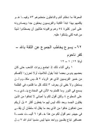 ‫ﺍﻟﻤﻌﺭﻓﺔ ﻤﺎ ﺩﺨﻠﺘﻡ ﺃﻨﺘﻡ ﻭﺍﻟﺩﺍﺨﻠﻭﻥ ﻤﻨﻌﺘﻤﻭﻫﻡ ٣٥ ﻭﻓﻴﻤـﺎ ﻫـﻭ‬
‫ﻴﻜﻠﻤﻬﻡ ﺒﻬﺫﺍ ﺍﺒﺘﺩﺃ ﺍﻟﻜﺘﺒﺔ ﻭﺍﻟﻔﺭﻴﺴﻴﻭﻥ ﻴﺤﻨﻘﻭﻥ ﺠﺩﺍ ﻭﻴﺼﺎﺩﺭﻭﻨﻪ‬
           ‫‪‬‬
‫ﻋﻠﻰ ﺃﻤﻭﺭ ﻜﺜﻴﺭﺓ ٤٥ ﻭﻫﻡ ﻴﺭﺍﻗﺒﻭﻨﻪ ﻁﺎﻟﺒﻴﻥ ﺃﻥ ﻴﺼﻁﺎﺩﻭﺍ ﺸﻴﺌﺎ‬
 ‫ً‬
                                ‫ﻤﻥ ﻓﻤﻪ ﻟﻜﻲ ﻴﺸﺘﻜﻭﺍ ﻋﻠﻴﻪ.‬


 ‫٢٦- ﻴﺴﻭﻉ ﻴﺨﺎﻁﺏ ﺍﻟﺠﻤﻭﻉ ﻋﻥ ﺍﻟﺜﻘﺔ ﺒﺎﷲ –‬
                                           ‫ﻜﻔﺭ ﻨﺎﺤﻭﻡ‬
                                      ‫ﻟﻭﻗﺎ ٢١: ١ – ٢١‬
‫١ ﻭﻓﻲ ﺃﺜﻨﺎﺀ ﺫﻟﻙ ﺇﺫ ﺍﺠﺘﻤﻊ ﺭﺒﻭﺍﺕ ﺍﻟﺸﻌﺏ ﺤﺘﻰ ﻜﺎﻥ‬
‫ﺒﻌﻀﻬﻡ ﻴﺩﻭﺱ ﺒﻌﻀﺎ ﺍﺒﺘﺩﺃ ﻴﻘﻭل ﻟﺘﻼﻤﻴﺫﻩ ﺃﻭﻻ ﺘﺤﺭﺯﻭﺍ ﻷﻨﻔﺴﻜﻡ‬
              ‫ﹰ‬                       ‫‪‬‬
‫ﻤﻥ ﺨﻤﻴﺭ ﺍﻟﻔﺭﻴﺴﻴﻴﻥ ﺍﻟﺫﻱ ﻫﻭ ﺍﻟﺭﻴﺎﺀ ٢ ﻓﻠـﻴﺱ ﻤﻜﺘـﻭﻡ ﻟـﻥ‬
‫ﻴﺴﺘﻌﻠﻥ ﻭﻻ ﺨﻔﻲ ﻟﻥ ﻴﻌﺭﻑ ٣ ﻟﺫﻟﻙ ﻜل ﻤﺎ ﻗﻠﺘﻤﻭﻩ ﻓﻲ ﺍﻟﻅﻠﻤﺔ‬
‫‪‬ﺴﻤﻊ ﻓﻲ ﺍﻟﻨﻭﺭ ﻭﻤﺎ ﻜﻠﻤﺘﻡ ﺒﻪ ﺍﻷﺫﻥ ﻓﻲ ﺍﻟﻤﺨﺎﺩﻉ ﻴﻨـﺎﺩﻱ ﺒـﻪ‬
                                                    ‫ﻴ‬
‫ﻋﻠﻰ ﺍﻟﺴﻁﻭﺡ ٤ ﻭﻟﻜﻥ ﺃﻗﻭل ﻟﻜﻡ ﻴﺎ ﺃﺤﺒﺎﺌﻲ ﻻ ﺘﺨﺎﻓﻭﺍ ﻤﻥ ﺍﻟﺫﻴﻥ‬
‫ﻴﻘﺘﻠﻭﻥ ﺍﻟﺠﺴﺩ ﻭﺒﻌﺩ ﺫﻟﻙ ﻟﻴﺱ ﻟﻬﻡ ﻤﺎ ﻴﻔﻌﻠﻭﻥ ﺃﻜﺜﺭ ٥ ﺒل ﺃﺭﻴﻜﻡ‬
‫ﻤﻤﻥ ﺘﺨﺎﻓﻭﻥ ﺨﺎﻓﻭﺍ ﻤﻥ ﺍﻟﺫﻱ ﺒﻌﺩ ﻤﺎ ﻴﻘﺘل ﻟﻪ ﺴﻠﻁﺎﻥ ﺃﻥ ﻴﻠﻘـﻰ‬
‫ﻓﻲ ﺠﻬﻨﻡ. ﻨﻌﻡ ﺃﻗﻭل ﻟﻜﻡ ﻤﻥ ﻫﺫﺍ ﺨـﺎﻓﻭﺍ ٦ ﺃﻟﻴﺴـﺕ ﺨﻤﺴـﺔ‬
‫ﻋﺼﺎﻓﻴﺭ ﺘﺒﺎﻉ ﺒﻔﻠﺴﻴﻥ ﻭﻭﺍﺤﺩ ﻤﻨﻬﺎ ﻟﻴﺱ ﻤﻨﺴﻴﺎ ﺃﻤﺎﻡ ﺍﷲ ٧ ﺒـل‬
               ‫‪‬‬
 