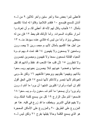 ‫ﻓﺄﻋﻁﻰ ﺜﻤﺭﺍ ﺒﻌﺽ ﻤﺌﺔ ﻭﺁﺨﺭ ﺴﺘﻴﻥ ﻭﺁﺨﺭ ﺜﻼﺜﻴﻥ ٩ ﻤﻥ ﻟـﻪ‬
                                       ‫‪‬‬
‫ﺃﺫﻨﺎﻥ ﻟﻠﺴﻤﻊ ﻓﻠﻴﺴﻤﻊ ٠١ ﻓﺘﻘﺩﻡ ﺍﻟﺘﻼﻤﻴﺫ ﻭﻗﺎﻟﻭﺍ ﻟﻪ ﻟﻤﺎﺫﺍ ﺘﻜﻠﻤﻬﻡ‬
‫ﺒﺄﻤﺜﺎل ١١ ﻓﺄﺠﺎﺏ ﻭﻗﺎل ﻟﻬﻡ ﻷﻨﻪ ﻗﺩ ﺃﻋﻁﻰ ﻟﻜـﻡ ﺃﻥ ﺘﻌﺭﻓـﻭﺍ‬
‫ﺃﺴﺭﺍﺭ ﻤﻠﻜﻭﺕ ﺍﻟﺴﻤﻭﺍﺕ. ﻭﺃﻤﺎ ﻷﻭﻟﺌﻙ ﻓﻠﻡ ‪‬ﻌﻁ ٢١ ﻓﺈﻥ ﻤﻥ ﻟﻪ‬
               ‫ﻴ‬
‫ﺴﻴﻌﻁﻰ ﻭﻴﺯﺍﺩ ﻭﺃﻤﺎ ﻤﻥ ﻟﻴﺱ ﻟﻪ ﻓﺎﻟﺫﻱ ﻋﻨﺩﻩ ﺴﻴﺅﺨﺫ ﻤﻨـﻪ ٣١‬
‫ﻤﻥ ﺃﺠل ﻫﺫﺍ ﺃﻜﻠﻤﻬﻡ ﺒﺄﻤﺜﺎل ﻷﻨﻬـﻡ ﻤﺒﺼـﺭﻴﻥ ﻻ ﻴﺒﺼـﺭﻭﻥ‬
‫ﻭﺴﺎﻤﻌﻴﻥ ﻻ ﻴﺴﻤﻌﻭﻥ ﻭﻻ ﻴﻔﻬﻤﻭﻥ ٤١ ﻓﻘﺩ ﺘﻤﺕ ﻓـﻴﻬﻡ ﻨﺒـﻭﺓ‬
‫ﺃﺸﻌﻴﺎﺀ ﺍﻟﻘﺎﺌﻠﺔ ﺘﺴﻤﻌﻭﻥ ﺴﻤﻌﺎ ﻭﻻ ﺘﻔﻬﻤﻭﻥ ﻭﻤﺒﺼﺭﻴﻥ ﺘﺒﺼﺭﻭﻥ‬
                          ‫‪‬‬
‫ﻭﻻ ﺘﻨﻅﺭﻭﻥ ٥١ ﻷﻥ ﻗﻠﺏ ﻫﺫﺍ ﺍﻟﺸﻌﺏ ﻗﺩ ﻏﻠﻅ ﻭﺁﺫﺍﻨﻬﻡ ﻗﺩ ﺜﻘل‬
‫ﺴﻤﺎﻋﻬﺎ ﻭﻏﻤﻀﻭﺍ ﻋﻴﻭﻨﻬﻡ ﻟﺌﻼ ﻴﺒﺼﺭﻭﻥ ﺒﻌﻴﻭﻨﻬﻡ ﻭﻴﺴـﻤﻌﻭﺍ‬
‫ﺒﺂﺫﺍﻨﻬﻡ ﻭﻴﻔﻬﻤﻭﺍ ﺒﻘﻠﻭﺒﻬﻡ ﻭﻴﺭﺠﻌﻭﺍ ﻓﺄﺸﻔﻴﻬﻡ ٦١ ﻭﻟﻜﻥ ﻁـﻭﺒﻰ‬
‫ﻟﻌﻴﻭﻨﻜﻡ ﻷﻨﻬﺎ ﺘﺒﺼﺭ ﻭﻵﺫﺍﻨﻜﻡ ﻷﻨﻬﺎ ﺘﺴﻤﻊ ٧١ ﻓﺈﻨﻲ ﺍﻟﺤﻕ ﺃﻗﻭل‬
‫ﻟﻜﻡ ﺇﻥ ﺃﻨﺒﻴﺎﺀ ﻭﺃﺒﺭﺍﺭﺍ ﻜﺜﻴﺭﻴﻥ ﺍﺸﺘﻬﻭﺍ ﺃﻥ ﻴﺭﻭﺍ ﻤﺎ ﺃﻨﺘﻡ ﺘـﺭﻭﻥ‬
                                     ‫‪‬‬
‫ﻭﻟﻡ ﻴﺭﻭﺍ ﻭﺃﻥ ﻴﺴﻤﻌﻭﺍ ﻤﺎ ﺃﻨﺘﻡ ﺘﺴـﻤﻌﻭﻥ ﻭﻟـﻡ ﻴﺴـﻤﻌﻭﺍ ٨١‬
‫ﻓﺎﺴﻤﻌﻭﺍ ﺃﻨﺘﻡ ‪‬ﺜل ﺍﻟﺯﺍﺭﻉ ٩١ ﻜل ﻤﻥ ﻴﺴﻤﻊ ﻜﻠﻤﺔ ﺍﻟﻤﻠﻜـﻭﺕ‬
                                     ‫ﻤ‬
‫ﻭﻻ ﻴﻔﻬﻡ ﻓﻴﺄﺘﻲ ﺍﻟﺸﺭﻴﺭ ﻭﻴﺨﻁﻑ ﻤﺎ ﻗﺩ ‪‬ﺭﻉ ﻓﻲ ﻗﻠﺒﻪ. ﻫﺫﺍ ﻫﻭ‬
                  ‫ﺯ‬
‫ﺍﻟﻤﺯﺭﻭﻉ ﻋﻠﻰ ﺍﻟﻁﺭﻴﻕ ٠٢ ﻭﺍﻟﻤﺯﺭﻭﻉ ﻋﻠﻰ ﺍﻷﻤﺎﻜﻥ ﺍﻟﻤﺤﺠﺭﺓ‬
‫ﻫﻭ ﺍﻟﺫﻱ ﻴﺴﻤﻊ ﺍﻟﻜﻠﻤﺔ ﻭﺤﺎﻻ ﻴﻘﺒﻠﻬﺎ ﺒﻔﺭﺡ ١٢ ﻭﻟﻜﻥ ﻟﻴﺱ ﻟـﻪ‬
                            ‫ﹰ‬
 