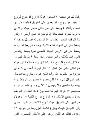 ‫ﻭﻗﺎل ﻟﻬﻡ ﻓﻲ ﺘﻌﻠﻴﻤﻪ ٣ ﺍﺴﻤﻌﻭﺍ. ﻫﻭﺫﺍ ﺍﻟﺯﺍﺭﻉ ﻗﺩ ﺨﺭﺝ ﻟﻴﺯﺭﻉ‬
‫٤ ﻭﻓﻴﻤﺎ ﻫﻭ ﻴﺯﺭﻉ ﺴﻘﻁ ﺒﻌﺽ ﻋﻠﻰ ﺍﻟﻁﺭﻴﻕ ﻓﺠﺎﺀﺕ ﻁﻴـﻭﺭ‬
‫ﺍﻟﺴﻤﺎﺀ ﻭﺃﻜﻠﺘﻪ ٥ ﻭﺴﻘﻁ ﺁﺨﺭ ﻋﻠﻰ ﻤﻜﺎﻥ ﻤﺤﺠﺭ ﺤﻴﺙ ﻟﻡ ﺘﻜـﻥ‬
‫ﻟﻪ ﺘﺭﺒﺔ ﻜﺜﻴﺭﺓ. ﻓﻨﺒﺕ ﺤﺎﻻ ﺇﺫ ﻟﻡ ﻴﻜﻥ ﻟﻪ ﻋﻤﻕ ﺃﺭﺽ ٦ ﻭﻟﻜﻥ‬
                            ‫ﹰ‬
‫ﻟﻤﺎ ﺃﺸﺭﻗﺕ ﺍﻟﺸﻤﺱ ﺍﺤﺘﺭﻕ. ﻭﺇﺫ ﻟﻡ ﻴﻜﻥ ﻟﻪ ﺃﺼـل ﺠـﻑ ٧‬
‫ﻭﺴﻘﻁ ﺁﺨﺭ ﻓﻲ ﺍﻟﺸﻭﻙ ﻓﻁﻠﻊ ﺍﻟﺸﻭﻙ ﻭﺨﻨﻘﻪ ﻓﻠﻡ ﻴﻌﻁ ﺜﻤـﺭﺍ ٨‬
   ‫‪‬‬    ‫ِ‬
‫ﻭﺴﻘﻁ ﺁﺨﺭ ﻓﻲ ﺍﻷﺭﺽ ﺍﻟﺠﻴﺩﺓ. ﻓﺄﻋﻁﻰ ﺜﻤﺭﺍ ﻴﺼﻌﺩ ﻭﻴﻨﻤـﻭ‬
             ‫‪‬‬
‫ﻓﺄﺘﻰ ﻭﺍﺤﺩ ﺒﺜﻼﺜﻴﻥ ﻭﺁﺨﺭ ﺒﺴﺘﻴﻥ ﻭﺁﺨﺭ ﺒﻤﺌﺔ ٩ ﺜﻡ ﻗﺎل ﻟﻬﻡ ﻤﻥ‬
‫ﻟﻪ ﺃﺫﻨﺎﻥ ﻟﻠﺴﻤﻊ ﻓﻠﻴﺴﻤﻊ ٠١ ﻭﻟﻤﺎ ﻜﺎﻥ ﻭﺤﺩﻩ ﺴﺄﻟﻪ ﺍﻟﺫﻴﻥ ﺤﻭﻟﻪ‬
‫ﻤﻊ ﺍﻻﺜﻨﻲ ﻋﺸﺭ ﻋﻥ ﺍﻟﻤﺜل ١١ ﻓﻘﺎل ﻟﻬﻡ ﻗﺩ ُﻋﻁـﻲ ﻟﻜـﻡ ﺃﻥ‬
            ‫ﺃ‬
‫ﺘﻌﺭﻓﻭﺍ ﺴﺭ ﻤﻠﻜﻭﺕ ﺍﷲ. ﻭﺃﻤﺎ ﺍﻟﺫﻴﻥ ﻫﻡ ﻤﻥ ﺨﺎﺭﺝ ﻓﺒﺎﻷﻤﺜـﺎل‬
‫ﻴﻜﻭﻥ ﻟﻬﻡ ﻜل ﺸﻲﺀ ٢١ ﻟﻜﻲ ﻴﺒﺼﺭﻭﺍ ﻤﺒﺼﺭﻴﻥ ﻭﻻ ﻴﻨﻅـﺭﻭﺍ‬
‫ﻭﻴﺴﻤﻌﻭﺍ ﺴﺎﻤﻌﻴﻥ ﻭﻻ ﻴﻔﻬﻤﻭﻥ ﻟـﺌﻼ ﻴﺭﺠﻌـﻭﺍ ﻓﺘﻐﻔـﺭ ﻟﻬـﻡ‬
‫ﺨﻁﺎﻴﺎﻫﻡ ٣١ ﺜﻡ ﻗﺎل ﻟﻬﻡ ﺃﻤﺎ ﺘﻌﻠﻤـﻭﻥ ﻫـﺫﺍ ﺍﻟﻤﺜـل. ﻓﻜﻴـﻑ‬
‫ﺘﻌﺭﻓﻭﻥ ﺠﻤﻴﻊ ﺍﻷﻤﺜﺎل ٤١ ﺍﻟﺯﺍﺭﻉ ﻴﺯﺭﻉ ﺍﻟﻜﻠﻤﺔ ٥١ ﻭﻫﺅﻻﺀ‬
‫ﻫﻡ ﺍﻟﺫﻴﻥ ﻋﻠﻰ ﺍﻟﻁﺭﻴﻕ ﺤﻴﺙ ﹸﺯﺭﻉ ﺍﻟﻜﻠﻤﺔ ﻭﺤﻴﻨﻤﺎ ﻴﺴـﻤﻌﻭﻥ‬
                         ‫ﺘ‬
‫ﻴﺄﺘﻲ ﺍﻟﺸﻴﻁﺎﻥ ﻟﻠﻭﻗﺕ ﻭﻴﻨﺯﻉ ﺍﻟﻜﻠﻤﺔ ﺍﻟﻤﺯﺭﻭﻋﺔ ﻓﻲ ﻗﻠﻭﺒﻬﻡ ٦١‬
‫ﻭﻫﺅﻻﺀ ﻜﺫﻟﻙ ﻫﻡ ﺍﻟﺫﻴﻥ ‪‬ﺭﻋﻭﺍ ﻋﻠﻰ ﺍﻷﻤﺎﻜﻥ ﺍﻟﻤﺤﺠﺭﺓ. ﺍﻟﺫﻴﻥ‬
                              ‫ﺯ‬
 