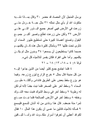 ‫ﻴﺭﺴل ﺍﻟﻤﻨﺠل ﻷﻥ ﺍﻟﺤﺼﺎﺩ ﻗﺩ ﺤﻀﺭ ٠٣ ﻭﻗﺎل ﺒﻤـﺎﺫﺍ ﻨﺸـﺒﻪ‬
 ‫‪‬‬
‫ﻤﻠﻜﻭﺕ ﺍﷲ ﺃﻭ ﺒﺄﻱ ﻤﺜل ﻨﻤﺜﻠﻪ ١٣ ﻤﺜل ﺤﺒـﺔ ﺨـﺭﺩل ﻤﺘـﻰ‬
‫‪‬ﺭﻋﺕ ﻓﻲ ﺍﻷﺭﺽ ﻓﻬﻲ ﺃﺼﻐﺭ ﺠﻤﻴﻊ ﺍﻟﺒـﺫﻭﺭ ﺍﻟﺘـﻲ ﻋﻠـﻰ‬
                                            ‫ﺯ‬
‫ﺍﻷﺭﺽ ٢٣ ﻭﻟﻜﻥ ﻤﺘﻰ ‪‬ﺭﻋﺕ ﺘﻁﻠﻊ ﻭﺘﺼﻴﺭ ﺃﻜﺒـﺭ ﺠﻤﻴـﻊ‬
                          ‫ﺯ‬
‫ﺍﻟﺒﻘﻭل ﻭﺘﺼﻨﻊ ﺃﻏﺼﺎﻨﺎ ﻜﺒﻴﺭﺓ ﺤﺘﻰ ﺘﺴﺘﻁﻴﻊ ﻁﻴﻭﺭ ﺍﻟﺴﻤﺎﺀ ﺃﻥ‬
                                 ‫ﹰ‬
‫ﺘﺘﺄﻭﻯ ﺘﺤﺕ ﻅﻠﻬﺎ ٣٣ ﻭﺒﺄﻤﺜﺎل ﻜﺜﻴﺭﺓ ﻤﺜل ﻫﺫﻩ ﻜـﺎﻥ ﻴﻜﻠﻤﻬـﻡ‬
‫ﺤﺴﺒﻤﺎ ﻜﺎﻨﻭﺍ ﻴﺴﺘﻁﻴﻌﻭﻥ ﺃﻥ ﻴﺴﻤﻌﻭﺍ ٤٣ ﻭﺒﺩﻭﻥ ﻤﺜل ﻟﻡ ﻴﻜـﻥ‬
     ‫ﻴﻜﻠﻤﻬﻡ. ﻭﺃﻤﺎ ﻋﻠﻰ ﺍﻨﻔﺭﺍﺩ ﻓﻜﺎﻥ ﻴﻔﺴﺭ ﻟﺘﻼﻤﻴﺫﻩ ﻜل ﺸﻲﺀ.‬
                      ‫ﻟﻭﻗﺎ ٨: ٤ – ٨١، ٣١: ٨١ – ١٢‬
‫٤ ﻓﻠﻤﺎ ﺍﺠﺘﻤﻊ ﺠﻤﻊ ﻜﺜﻴﺭ ﺃﻴﻀﺎ ﻤﻥ ﺍﻟﺫﻴﻥ ﺠﺎﺀﻭﺍ ﺇﻟﻴـﻪ‬
                      ‫‪‬‬
‫ﻤﻥ ﻜل ﻤﺩﻴﻨﺔ ﻗﺎل ﺒﻤﺜل ٥ ﺨﺭﺝ ﺍﻟﺯﺍﺭﻉ ﻟﻴﺯﺭﻉ ﺯﺭﻋﻪ. ﻭﻓﻴﻤﺎ‬
‫ﻫﻭ ﻴﺯﺭﻉ ﺴﻘﻁ ﺒﻌﺽ ﻋﻠﻰ ﺍﻟﻁﺭﻴﻕ ﻓﺎﻨﺩﺍﺱ ﻭﺃﻜﻠﺘـﻪ ﻁﻴـﻭﺭ‬
‫ﺍﻟﺴﻤﺎﺀ ٦ ﻭﺴﻘﻁ ﺁﺨﺭ ﻋﻠﻰ ﺍﻟﺼﺨﺭ ﻓﻠﻤﺎ ﻨﺒﺕ ﺠﻑ ﻷﻨﻪ ﻟﻡ ﺘﻜﻥ‬
           ‫ﱠ‬
‫ﻟﻪ ﺭﻁﻭﺒﺔ ٧ ﻭﺴﻘﻁ ﺁﺨﺭ ﻓﻲ ﻭﺴﻁ ﺍﻟﺸﻭﻙ ﻓﻨﺒﺕ ﻤﻌﻪ ﺍﻟﺸـﻭﻙ‬
‫ﻭﺨﻨﻘﻪ ٨ ﻭﺴﻘﻁ ﺁﺨﺭ ﻓﻲ ﺍﻷﺭﺽ ﺍﻟﺼﺎﻟﺤﺔ ﻓﻠﻤﺎ ﻨﺒـﺕ ﺼـﻨﻊ‬
‫ﺜﻤﺭﺍ ﻤﺌﺔ ﻀﻌﻑ. ﻗﺎل ﻫﺫﺍ ﻭﻨﺎﺩﻯ ﻤﻥ ﻟﻪ ﺃﺫﻨﺎﻥ ﻟﻠﺴﻤﻊ ﻓﻠﻴﺴﻤﻊ‬
                                                 ‫‪‬‬
‫٩ ﻓﺴﺄﻟﻪ ﺘﻼﻤﻴﺫﻩ ﻗﺎﺌﻠﻴﻥ ﻤﺎ ﻋﺴﻰ ﺃﻥ ﻴﻜﻭﻥ ﻫﺫﺍ ﺍﻟﻤﺜل ٠١ ﻓﻘﺎل‬
‫ﻟﻜﻡ ﻗﺩ ﺃﻋﻁﻰ ﺃﻥ ﺘﻌﺭﻓﻭﺍ ﺃﺴﺭﺍﺭ ﻤﻠﻜـﻭﺕ ﺍﷲ ﻭﺃﻤـﺎ ﻟﻠﺒـﺎﻗﻴﻥ‬
 