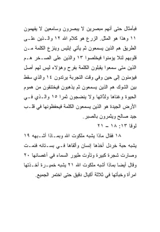 ‫ﻓﺒﺄﻤﺜﺎل ﺤﺘﻰ ﺃﻨﻬﻡ ﻤﺒﺼﺭﻴﻥ ﻻ ﻴﺒﺼﺭﻭﻥ ﻭﺴﺎﻤﻌﻴﻥ ﻻ ﻴﻔﻬﻤﻭﻥ‬
‫١١ ﻭﻫﺫﺍ ﻫﻭ ﺍﻟﻤﺜل. ﺍﻟﺯﺭﻉ ﻫﻭ ﻜﻼﻡ ﺍﷲ ٢١ ﻭﺍﻟـﺫﻴﻥ ﻋﻠـﻰ‬
‫ﺍﻟﻁﺭﻴﻕ ﻫﻡ ﺍﻟﺫﻴﻥ ﻴﺴﻤﻌﻭﻥ ﺜﻡ ﻴﺄﺘﻲ ﺇﺒﻠﻴﺱ ﻭﻴﻨﺯﻉ ﺍﻟﻜﻠﻤﺔ ﻤـﻥ‬
‫ﻗﻠﻭﺒﻬﻡ ﻟﺌﻼ ﻴﺅﻤﻨﻭﺍ ﻓﻴﺨﻠﺼﻭﺍ ٣١ ﻭﺍﻟﺫﻴﻥ ﻋﻠﻰ ﺍﻟﺼـﺨﺭ ﻫـﻡ‬
‫ﺍﻟﺫﻴﻥ ﻤﺘﻰ ﺴﻤﻌﻭﺍ ﻴﻘﺒﻠﻭﻥ ﺍﻟﻜﻠﻤﺔ ﺒﻔﺭﺡ ﻭﻫﺅﻻﺀ ﻟﻴﺱ ﻟﻬﻡ ﺃﺼل‬
‫ﻓﻴﺅﻤﻨﻭﻥ ﺇﻟﻰ ﺤﻴﻥ ﻭﻓﻲ ﻭﻗﺕ ﺍﻟﺘﺠﺭﺒﺔ ﻴﺭﺘﺩﻭﻥ ٤١ ﻭﺍﻟﺫﻱ ﺴﻘﻁ‬
‫ﺒﻴﻥ ﺍﻟﺸﻭﻙ ﻫﻡ ﺍﻟﺫﻴﻥ ﻴﺴﻤﻌﻭﻥ ﺜﻡ ﻴﺫﻫﺒﻭﻥ ﻓﻴﺨﺘﻨﻘﻭﻥ ﻤﻥ ﻫﻤﻭﻡ‬
‫ﺍﻟﺤﻴﻭﺓ ﻭﻏﻨﺎﻫﺎ ﻭﻟ ﱠﺍﺘﻬﺎ ﻭﻻ ﻴﻨﻀﺠﻭﻥ ﺜﻤﺭﺍ ٥١ ﻭﺍﻟـﺫﻱ ﻓـﻲ‬
               ‫‪‬‬                 ‫ﺫ‬
‫ﺍﻷﺭﺽ ﺍﻟﺠﻴﺩﺓ ﻫﻭ ﺍﻟﺫﻴﻥ ﻴﺴﻤﻌﻭﻥ ﺍﻟﻜﻠﻤﺔ ﻓﻴﺤﻔﻅﻭﻨﻬﺎ ﻓﻲ ﻗﻠـﺏ‬
                            ‫ﺠﻴﺩ ﺼﺎﻟﺢ ﻭﻴﺜﻤﺭﻭﻥ ﺒﺎﻟﺼﺒﺭ.‬
                                   ‫ﻟﻭﻗﺎ ٣١: ٨١ – ١٢‬
‫٨١ ﻓﻘﺎل ﻤﺎﺫﺍ ﻴﺸﺒﻪ ﻤﻠﻜﻭﺕ ﺍﷲ ﻭﺒﻤـﺎﺫﺍ ﺃﺸـﺒﻬﻪ ٩١‬
‫ﻴﺸﺒﻪ ﺤﺒﺔ ﺨﺭﺩل ﺃﺨﺫﻫﺎ ﺇﻨﺴﺎﻥ ﻭﺃﻟﻘﺎﻫﺎ ﻓـﻲ ﺒﺴـﺘﺎﻨﻪ ﻓﻨﻤـﺕ‬
‫ﻭﺼﺎﺭﺕ ﺸﺠﺭﺓ ﻜﺒﻴﺭﺓ ﻭﺘﺂﻭﺕ ﻁﻴﻭﺭ ﺍﻟﺴﻤﺎﺀ ﻓﻲ ﺃﻏﺼﺎﻨﻬﺎ ٠٢‬
‫ﻭﻗﺎل ﺃﻴﻀﺎ ﺒﻤﺎﺫﺍ ﺃﺸﺒﻪ ﻤﻠﻜﻭﺕ ﺍﷲ ١٢ ﻴﺸﺒﻪ ﺨﻤﻴـﺭﺓ ﺃﺨـﺫﺘﻬﺎ‬
                                 ‫‪‬‬          ‫‪‬‬
     ‫ﺍﻤﺭﺃﺓ ﻭﺨﺒﺄﺘﻬﺎ ﻓﻲ ﺜﻼﺜﺔ ﺃﻜﻴﺎل ﺩﻗﻴﻕ ﺤﺘﻰ ﺍﺨﺘﻤﺭ ﺍﻟﺠﻤﻴﻊ.‬
 