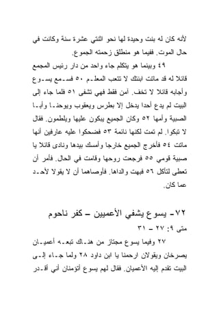 ‫ﻷﻨﻪ ﻜﺎﻥ ﻟﻪ ﺒﻨﺕ ﻭﺤﻴﺩﺓ ﻟﻬﺎ ﻨﺤﻭ ﺍﺜﻨﺘﻲ ﻋﺸﺭﺓ ﺴﻨﺔ ﻭﻜﺎﻨﺕ ﻓﻲ‬
              ‫ﺤﺎل ﺍﻟﻤﻭﺕ. ﻓﻔﻴﻤﺎ ﻫﻭ ﻤﻨﻁﻠﻕ ﺯﺤﻤﺘﻪ ﺍﻟﺠﻤﻭﻉ.‬
‫٩٤ ﻭﺒﻴﻨﻤﺎ ﻫﻭ ﻴﺘﻜﻠﻡ ﺠﺎﺀ ﻭﺍﺤﺩ ﻤﻥ ﺩﺍﺭ ﺭﺌﻴﺱ ﺍﻟﻤﺠﻤﻊ‬
‫ﻗﺎﺌﻼ ﻟﻪ ﻗﺩ ﻤﺎﺘﺕ ﺍﺒﻨﺘﻙ ﻻ ﺘﺘﻌﺏ ﺍﻟﻤﻌﻠـﻡ ٠٥ ﻓﺴـﻤﻊ ﻴﺴـﻭﻉ‬
                                               ‫ﹰ‬
‫ﻭﺃﺠﺎﺒﻪ ﻗﺎﺌﻼ ﻻ ﺘﺨﻑ. ﺁﻤﻥ ﻓﻘﻁ ﻓﻬﻲ ﺘﺸﻔﻰ ١٥ ﻓﻠﻤﺎ ﺠﺎﺀ ﺇﻟﻰ‬
                                        ‫ﹰ‬
‫ﺍﻟﺒﻴﺕ ﻟﻡ ﻴﺩﻉ ﺃﺤﺩﺍ ﻴﺩﺨل ﺇﻻ ﺒﻁﺭﺱ ﻭﻴﻌﻘﻭﺏ ﻭﻴﻭﺤﻨـﺎ ﻭﺃﺒـﺎ‬
                                   ‫‪‬‬
‫ﺍﻟﺼﺒﻴﺔ ﻭﺃﻤﻬﺎ ٢٥ ﻭﻜﺎﻥ ﺍﻟﺠﻤﻴﻊ ﻴﺒﻜﻭﻥ ﻋﻠﻴﻬﺎ ﻭﻴﻠﻁﻤﻭﻥ. ﻓﻘﺎل‬
‫ﻻ ﺘﺒﻜﻭﺍ. ﻟﻡ ﺘﻤﺕ ﻟﻜﻨﻬﺎ ﻨﺎﺌﻤﺔ ٣٥ ﻓﻀﺤﻜﻭﺍ ﻋﻠﻴﻪ ﻋﺎﺭﻓﻴﻥ ﺃﻨﻬﺎ‬
‫ﻤﺎﺘﺕ ٤٥ ﻓﺄﺨﺭﺝ ﺍﻟﺠﻤﻴﻊ ﺨﺎﺭﺠﺎ ﻭﺃﻤﺴﻙ ﺒﻴﺩﻫﺎ ﻭﻨﺎﺩﻯ ﻗﺎﺌﻼ ﻴﺎ‬
   ‫ﹰ‬                       ‫‪‬‬
‫ﺼﺒﻴﺔ ﻗﻭﻤﻲ ٥٥ ﻓﺭﺠﻌﺕ ﺭﻭﺤﻬﺎ ﻭﻗﺎﻤﺕ ﻓﻲ ﺍﻟﺤﺎل. ﻓﺄﻤﺭ ﺃﻥ‬
‫ﺘﻌﻁﻰ ﻟﺘﺄﻜل ٦٥ ﻓﺒﻬﺕ ﻭﺍﻟﺩﺍﻫﺎ. ﻓﺄﻭﺼﺎﻫﻤﺎ ﺃﻥ ﻻ ﻴﻘﻭﻻ ﻷﺤـﺩ‬
                                               ‫ﻋﻤﺎ ﻜﺎﻥ.‬


     ‫٢٧- ﻴﺴﻭﻉ ﻴﺸﻔﻲ ﺍﻷﻋﻤﻴﻴﻥ – ﻜﻔﺭ ﻨﺎﺤﻭﻡ‬
                                      ‫ﻤﺘﻰ ٩: ٧٢ – ١٣‬
                                                  ‫ﹼ‬
‫٧٢ ﻭﻓﻴﻤﺎ ﻴﺴﻭﻉ ﻤﺠﺘﺎﺯ ﻤﻥ ﻫﻨـﺎﻙ ﺘﺒﻌـﻪ ﺃﻋﻤﻴـﺎﻥ‬
‫ﻴﺼﺭﺨﺎﻥ ﻭﻴﻘﻭﻻﻥ ﺍﺭﺤﻤﻨﺎ ﻴﺎ ﺍﺒﻥ ﺩﺍﻭﺩ ٨٢ ﻭﻟﻤﺎ ﺠـﺎﺀ ﺇﻟـﻰ‬
‫ﺍﻟﺒﻴﺕ ﺘﻘﺩﻡ ﺇﻟﻴﻪ ﺍﻷﻋﻤﻴﺎﻥ. ﻓﻘﺎل ﻟﻬﻡ ﻴﺴﻭﻉ ﺃﺘﺅﻤﻨﺎﻥ ﺃﻨﻲ ﺃﻗـﺩﺭ‬
 