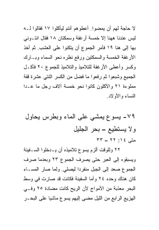 ‫ﻻ ﺤﺎﺠﺔ ﻟﻬﻡ ﺃﻥ ﻴﻤﻀﻭﺍ. ﺃﻋﻁﻭﻫﻡ ﺃﻨﺘﻡ ﻟﻴﺄﻜﻠﻭﺍ ٧١ ﻓﻘﺎﻟﻭﺍ ﻟـﻪ‬
‫ﻟﻴﺱ ﻋﻨﺩﻨﺎ ﻫﻬﻨﺎ ﺇﻻ ﺨﻤﺴﺔ ﺃﺭﻏﻔﺔ ﻭﺴﻤﻜﺘﺎﻥ ٨١ ﻓﻘﺎل ﺍﺌﺘـﻭﻨﻲ‬
‫ﺒﻬﺎ ﺇﻟﻰ ﻫﻨﺎ ٩١ ﻓﺄﻤﺭ ﺍﻟﺠﻤﻭﻉ ﺃﻥ ﻴﺘﻜﺌﻭﺍ ﻋﻠﻰ ﺍﻟﻌﺸﺏ. ﺜﻡ ﺃﺨﺫ‬
‫ﺍﻷﺭﻏﻔﺔ ﺍﻟﺨﻤﺴﺔ ﻭﺍﻟﺴﻤﻜﺘﻴﻥ ﻭﺭﻓﻊ ﻨﻅﺭﻩ ﻨﺤﻭ ﺍﻟﺴﻤﺎﺀ ﻭﺒـﺎﺭﻙ‬
‫ﻭﻜﺴﺭ ﻭﺃﻋﻁﻰ ﺍﻷﺭﻏﻔﺔ ﻟﻠﺘﻼﻤﻴﺫ ﻭﺍﻟﺘﻼﻤﻴﺫ ﻟﻠﺠﻤﻭﻉ ٠٢ ﻓﺄﻜـل‬
‫ﺍﻟﺠﻤﻴﻊ ﻭﺸﺒﻌﻭﺍ ﺜﻡ ﺭﻓﻌﻭﺍ ﻤﺎ ﻓﻀل ﻤﻥ ﺍﻟﻜﺴﺭ ﺍﺜﻨﺘﻲ ﻋﺸﺭﺓ ﻗﻔﺔ‬
‫ﻤﻤﻠﻭﺀﺓ ١٢ ﻭﺍﻵﻜﻠﻭﻥ ﻜﺎﻨﻭﺍ ﻨﺤﻭ ﺨﻤﺴﺔ ﺁﻻﻑ ﺭﺠل ﻤﺎ ﻋـﺩﺍ‬
                                        ‫ﺍﻟﻨﺴﺎﺀ ﻭﺍﻷﻭﻻﺩ.‬


‫٩٧- ﻴﺴﻭﻉ ﻴﻤﺸﻲ ﻋﻠﻰ ﺍﻟﻤﺎﺀ ﻭﺒﻁﺭﺱ ﻴﺤﺎﻭل‬
                        ‫ﻭﻻ ﻴﺴﺘﻁﻴﻊ – ﺒﺤﺭ ﺍﻟﺠﻠﻴل‬
                                   ‫ﻤﺘﻰ ٤١: ٢٢ – ٣٣‬
                                                ‫ﹼ‬
‫٢٢ ﻭﻟﻠﻭﻗﺕ ﺃﻟﺯﻡ ﻴﺴﻭﻉ ﺘﻼﻤﻴﺫﻩ ﺃﻥ ﻴـﺩﺨﻠﻭﺍ ﺍﻟﺴـﻔﻴﻨﺔ‬
‫ﻭﻴﺴﺒﻘﻭﻩ ﺇﻟﻰ ﺍﻟﻌﺒﺭ ﺤﺘﻰ ﻴﺼﺭﻑ ﺍﻟﺠﻤﻭﻉ ٣٢ ﻭﺒﻌﺩﻤﺎ ﺼﺭﻑ‬
‫ﺍﻟﺠﻤﻭﻉ ﺼﻌﺩ ﺇﻟﻰ ﺍﻟﺠﺒل ﻤﻨﻔﺭ ‪‬ﺍ ﻟﻴﺼﻠﻲ. ﻭﻟﻤﺎ ﺼﺎﺭ ﺍﻟﻤﺴـﺎﺀ‬
                         ‫ﺩ‬
‫ﻜﺎﻥ ﻫﻨﺎﻙ ﻭﺤﺩﻩ ٤٢ ﻭﺃﻤﺎ ﺍﻟﺴﻔﻴﻨﺔ ﻓﻜﺎﻨﺕ ﻗﺩ ﺼﺎﺭﺕ ﻓﻲ ﻭﺴﻁ‬
‫ﺍﻟﺒﺤﺭ ﻤﻌﺫﺒﺔ ﻤﻥ ﺍﻷﻤﻭﺍﺝ ﻷﻥ ﺍﻟﺭﻴﺢ ﻜﺎﻨﺕ ﻤﻀﺎﺩﺓ ٥٢ ﻭﻓـﻲ‬
‫ﺍﻟﻬﺯﻴﻊ ﺍﻟﺭﺍﺒﻊ ﻤﻥ ﺍﻟﻠﻴل ﻤﻀﻰ ﺇﻟﻴﻬﻡ ﻴﺴﻭﻉ ﻤﺎﺸﻴﺎ ﻋﻠﻰ ﺍﻟﺒﺤـﺭ‬
            ‫‪‬‬
 