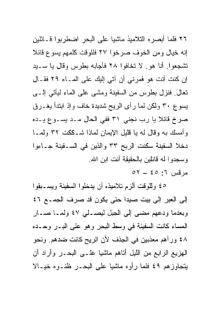 ‫٦٢ ﻓﻠﻤﺎ ﺃﺒﺼﺭﻩ ﺍﻟﺘﻼﻤﻴﺫ ﻤﺎﺸﻴﺎ ﻋﻠﻰ ﺍﻟﺒﺤﺭ ﺍﻀﻁﺭﺒﻭﺍ ﻗـﺎﺌﻠﻴﻥ‬
                           ‫‪‬‬
‫ﺇﻨﻪ ﺨﻴﺎل ﻭﻤﻥ ﺍﻟﺨﻭﻑ ﺼﺭﺨﻭﺍ ٧٢ ﻓﻠﻠﻭﻗﺕ ﻜﻠﻤﻬﻡ ﻴﺴﻭﻉ ﻗﺎﺌﻼ‬
‫ﹰ‬
‫ﺘﺸﺠﻌﻭﺍ. ﺃﻨﺎ ﻫﻭ. ﻻ ﺘﺨﺎﻓﻭﺍ ٨٢ ﻓﺄﺠﺎﺒﻪ ﺒﻁﺭﺱ ﻭﻗﺎل ﻴﺎ ﺴـﻴﺩ‬
‫ﺇﻥ ﻜﻨﺕ ﺃﻨﺕ ﻫﻭ ﻓﻤﺭﻨﻲ ﺃﻥ ﺁﺘﻲ ﺇﻟﻴﻙ ﻋﻠﻰ ﺍﻟﻤـﺎﺀ ٩٢ ﻓﻘـﺎل‬
‫ﺘﻌﺎل. ﻓﻨﺯل ﺒﻁﺭﺱ ﻤﻥ ﺍﻟﺴﻔﻴﻨﺔ ﻭﻤﺸﻰ ﻋﻠﻰ ﺍﻟﻤﺎﺀ ﻟﻴﺄﺘﻲ ﺇﻟـﻰ‬
                                                ‫َ‬
‫ﻴﺴﻭﻉ ٠٣ ﻭﻟﻜﻥ ﻟﻤﺎ ﺭﺃﻯ ﺍﻟﺭﻴﺢ ﺸﺩﻴﺩﺓ ﺨﺎﻑ ﻭﺇﺫ ﺍﺒﺘﺩﺃ ﻴﻐـﺭﻕ‬
‫ﺼﺭﺥ ﻗﺎﺌﻼ ﻴﺎ ﺭﺏ ﻨﺠﻨﻲ ١٣ ﻓﻔﻲ ﺍﻟﺤﺎل ﻤـﺩ ﻴﺴـﻭﻉ ﻴـﺩﻩ‬
                                       ‫ﹰ‬
‫ﻭﺃﻤﺴﻙ ﺒﻪ ﻭﻗﺎل ﻟﻪ ﻴﺎ ﻗﻠﻴل ﺍﻹﻴﻤﺎﻥ ﻟﻤﺎﺫﺍ ﺸـﻜﻜﺕ ٢٣ ﻭﻟﻤـﺎ‬
‫ﺩﺨﻼ ﺍﻟﺴﻔﻴﻨﺔ ﺴﻜﻨﺕ ﺍﻟﺭﻴﺢ ٣٣ ﻭﺍﻟﺫﻴﻥ ﻓﻲ ﺍﻟﺴـﻔﻴﻨﺔ ﺠـﺎﺀﻭﺍ‬
                    ‫ﻭﺴﺠﺩﻭﺍ ﻟﻪ ﻗﺎﺌﻠﻴﻥ ﺒﺎﻟﺤﻘﻴﻘﺔ ﺃﻨﺕ ﺍﺒﻥ ﺍﷲ.‬
                                    ‫ﻤﺭﻗﺱ ٦: ٥٤ – ٢٥‬
‫٥٤ ﻭﻟﻠﻭﻗﺕ ﺃﻟﺯﻡ ﺘﻼﻤﻴﺫﻩ ﺃﻥ ﻴﺩﺨﻠﻭﺍ ﺍﻟﺴﻔﻴﻨﺔ ﻭﻴﺴـﺒﻘﻭﺍ‬
‫ﺇﻟﻰ ﺍﻟﻌﺒﺭ ﺇﻟﻰ ﺒﻴﺕ ﺼﻴﺩﺍ ﺤﺘﻰ ﻴﻜﻭﻥ ﻗﺩ ﺼﺭﻑ ﺍﻟﺠﻤـﻊ ٦٤‬
‫ﻭﺒﻌﺩﻤﺎ ﻭﺩﻋﻬﻡ ﻤﻀﻰ ﺇﻟﻰ ﺍﻟﺠﺒل ﻟﻴﺼـﻠﻲ ٧٤ ﻭﻟﻤـﺎ ﺼـﺎﺭ‬
‫ﺍﻟﻤﺴﺎﺀ ﻜﺎﻨﺕ ﺍﻟﺴﻔﻴﻨﺔ ﻓﻲ ﻭﺴﻁ ﺍﻟﺒﺤﺭ ﻭﻫﻭ ﻋﻠﻰ ﺍﻟﺒـﺭ ﻭﺤـﺩﻩ‬
‫٨٤ ﻭﺭﺁﻫﻡ ﻤﻌﺫﺒﻴﻥ ﻓﻲ ﺍﻟﺠﺫﻑ ﻷﻥ ﺍﻟﺭﻴﺢ ﻜﺎﻨﺕ ﻀﺩﻫﻡ. ﻭﻨﺤﻭ‬
‫ﺍﻟﻬﺯﻴﻊ ﺍﻟﺭﺍﺒﻊ ﻤﻥ ﺍﻟﻠﻴل ﺃﺘﺎﻫﻡ ﻤﺎﺸﻴﺎ ﻋﻠـﻰ ﺍﻟﺒﺤـﺭ ﻭﺃﺭﺍﺩ ﺃﻥ‬
                      ‫‪‬‬
‫ﻴﺘﺠﺎﻭﺯﻫﻡ ٩٤ ﻓﻠﻤﺎ ﺭﺃﻭﻩ ﻤﺎﺸﻴﺎ ﻋﻠﻰ ﺍﻟﺒﺤـﺭ ﻅﻨـﻭﻩ ﺨﻴـﺎﻻ‬
‫ﹰ‬                       ‫‪‬‬
 
