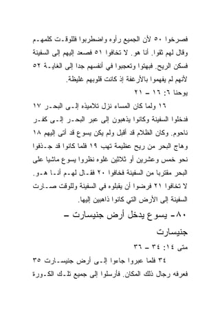 ‫ﻓﺼﺭﺨﻭﺍ ٠٥ ﻷﻥ ﺍﻟﺠﻤﻴﻊ ﺭﺃﻭﻩ ﻭﺍﻀﻁﺭﺒﻭﺍ ﻓﻠﻠﻭﻗـﺕ ﻜﻠﻤﻬـﻡ‬
‫ﻭﻗﺎل ﻟﻬﻡ ﺜﻘﻭﺍ. ﺃﻨﺎ ﻫﻭ. ﻻ ﺘﺨﺎﻓﻭﺍ ١٥ ﻓﺼﻌﺩ ﺇﻟﻴﻬﻡ ﺇﻟﻰ ﺍﻟﺴﻔﻴﻨﺔ‬
‫ﻓﺴﻜﻥ ﺍﻟﺭﻴﺢ. ﻓﺒﻬﺘﻭﺍ ﻭﺘﻌﺠﺒﻭﺍ ﻓﻲ ﺃﻨﻔﺴﻬﻡ ﺠﺩﺍ ﺇﻟﻰ ﺍﻟﻐﺎﻴـﺔ ٢٥‬
                ‫‪‬‬
            ‫ﻷﻨﻬﻡ ﻟﻡ ﻴﻔﻬﻤﻭﺍ ﺒﺎﻷﺭﻏﻔﺔ ﺇﺫ ﻜﺎﻨﺕ ﻗﻠﻭﺒﻬﻡ ﻏﻠﻴﻅﺔ.‬
                                     ‫ﻴﻭﺤﻨﺎ ٦: ٦١ – ١٢‬
‫٦١ ﻭﻟﻤﺎ ﻜﺎﻥ ﺍﻟﻤﺴﺎﺀ ﻨﺯل ﺘﻼﻤﻴﺫﻩ ﺇﻟـﻰ ﺍﻟﺒﺤـﺭ ٧١‬
‫ﻓﺩﺨﻠﻭﺍ ﺍﻟﺴﻔﻴﻨﺔ ﻭﻜﺎﻨﻭﺍ ﻴﺫﻫﺒﻭﻥ ﺇﻟﻰ ﻋﺒﺭ ﺍﻟﺒﺤـﺭ ﺇﻟـﻰ ﻜﻔـﺭ‬
‫ﻨﺎﺤﻭﻡ. ﻭﻜﺎﻥ ﺍﻟﻅﻼﻡ ﻗﺩ ﺃﻗﺒل ﻭﻟﻡ ﻴﻜﻥ ﻴﺴﻭﻉ ﻗﺩ ﺃﺘﻰ ﺇﻟﻴﻬﻡ ٨١‬
‫ﻭﻫﺎﺝ ﺍﻟﺒﺤﺭ ﻤﻥ ﺭﻴﺢ ﻋﻅﻴﻤﺔ ﺘﻬﺏ ٩١ ﻓﻠﻤﺎ ﻜﺎﻨﻭﺍ ﻗﺩ ﺠـﺫﻓﻭﺍ‬
‫ﻨﺤﻭ ﺨﻤﺱ ﻭﻋﺸﺭﻴﻥ ﺃﻭ ﺜﻼﺜﻴﻥ ﻏﻠﻭﻩ ﻨﻅﺭﻭﺍ ﻴﺴﻭﻉ ﻤﺎﺸﻴﺎ ﻋﻠﻰ‬
     ‫‪‬‬
‫ﺍﻟﺒﺤﺭ ﻤﻘﺘﺭ ‪‬ﺎ ﻤﻥ ﺍﻟﺴﻔﻴﻨﺔ ﻓﺨﺎﻓﻭﺍ ٠٢ ﻓﻘـﺎل ﻟﻬـﻡ ﺃﻨـﺎ ﻫـﻭ.‬
                                           ‫ﺒ‬
‫ﻻ ﺘﺨﺎﻓﻭﺍ ١٢ ﻓﺭﻀﻭﺍ ﺃﻥ ﻴﻘﺒﻠﻭﻩ ﻓﻲ ﺍﻟﺴﻔﻴﻨﺔ ﻭﻟﻠﻭﻗﺕ ﺼـﺎﺭﺕ‬
                ‫ﺍﻟﺴﻔﻴﻨﺔ ﺇﻟﻰ ﺍﻷﺭﺽ ﺍﻟﺘﻲ ﻜﺎﻨﻭﺍ ﺫﺍﻫﺒﻴﻥ ﺇﻟﻴﻬﺎ.‬
           ‫٠٨- ﻴﺴﻭﻉ ﻴﺩﺨل ﺃﺭﺽ ﺠﻨﻴﺴﺎﺭﺕ –‬
                                             ‫ﺠﻨﻴﺴﺎﺭﺕ‬
                                     ‫ﻤﺘﻰ ٤١: ٤٣ – ٦٣‬
                                                  ‫ﹼ‬
‫٤٣ ﻓﻠﻤﺎ ﻋﺒﺭﻭﺍ ﺠﺎﺀﻭﺍ ﺇﻟـﻰ ﺃﺭﺽ ﺠﻨﻴﺴـﺎﺭﺕ ٥٣‬
‫ﻓﻌﺭﻓﻪ ﺭﺠﺎل ﺫﻟﻙ ﺍﻟﻤﻜﺎﻥ. ﻓﺄﺭﺴﻠﻭﺍ ﺇﻟﻰ ﺠﻤﻴﻊ ﺘﻠـﻙ ﺍﻟﻜـﻭﺭﺓ‬
 