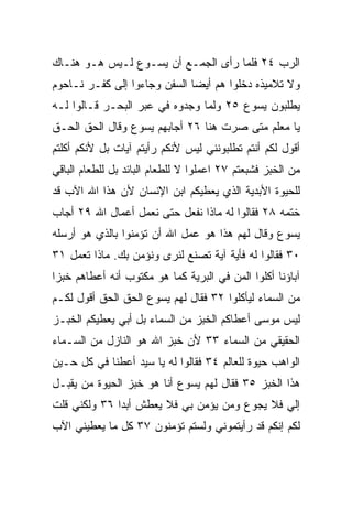 ‫ﺍﻟﺭﺏ ٤٢ ﻓﻠﻤﺎ ﺭﺃﻯ ﺍﻟﺠﻤـﻊ ﺃﻥ ﻴﺴـﻭﻉ ﻟـﻴﺱ ﻫـﻭ ﻫﻨـﺎﻙ‬
‫ﻭﻻ ﺘﻼﻤﻴﺫﻩ ﺩﺨﻠﻭﺍ ﻫﻡ ﺃﻴﻀﺎ ﺍﻟﺴﻔﻥ ﻭﺠﺎﺀﻭﺍ ﺇﻟﻰ ﻜﻔـﺭ ﻨـﺎﺤﻭﻡ‬
                              ‫‪‬‬
‫ﻴﻁﻠﺒﻭﻥ ﻴﺴﻭﻉ ٥٢ ﻭﻟﻤﺎ ﻭﺠﺩﻭﻩ ﻓﻲ ﻋﺒﺭ ﺍﻟﺒﺤـﺭ ﻗـﺎﻟﻭﺍ ﻟـﻪ‬
‫ﻴﺎ ﻤﻌﻠﻡ ﻤﺘﻰ ﺼﺭﺕ ﻫﻨﺎ ٦٢ ﺃﺠﺎﺒﻬﻡ ﻴﺴﻭﻉ ﻭﻗﺎل ﺍﻟﺤﻕ ﺍﻟﺤـﻕ‬
‫ﺃﻗﻭل ﻟﻜﻡ ﺃﻨﺘﻡ ﺘﻁﻠﺒﻭﻨﻨﻲ ﻟﻴﺱ ﻷﻨﻜﻡ ﺭﺃﻴﺘﻡ ﺁﻴﺎﺕ ﺒل ﻷﻨﻜﻡ ﺃﻜﻠﺘﻡ‬
‫ﻤﻥ ﺍﻟﺨﺒﺯ ﻓﺸﺒﻌﺘﻡ ٧٢ ﺍﻋﻤﻠﻭﺍ ﻻ ﻟﻠﻁﻌﺎﻡ ﺍﻟﺒﺎﺌﺩ ﺒل ﻟﻠﻁﻌﺎﻡ ﺍﻟﺒﺎﻗﻲ‬
‫ﻟﻠﺤﻴﻭﺓ ﺍﻷﺒﺩﻴﺔ ﺍﻟﺫﻱ ﻴﻌﻁﻴﻜﻡ ﺍﺒﻥ ﺍﻹﻨﺴﺎﻥ ﻷﻥ ﻫﺫﺍ ﺍﷲ ﺍﻵﺏ ﻗﺩ‬
‫ﺨﺘﻤﻪ ٨٢ ﻓﻘﺎﻟﻭﺍ ﻟﻪ ﻤﺎﺫﺍ ﻨﻔﻌل ﺤﺘﻰ ﻨﻌﻤل ﺃﻋﻤﺎل ﺍﷲ ٩٢ ﺃﺠﺎﺏ‬
‫ﻴﺴﻭﻉ ﻭﻗﺎل ﻟﻬﻡ ﻫﺫﺍ ﻫﻭ ﻋﻤل ﺍﷲ ﺃﻥ ﺘﺅﻤﻨﻭﺍ ﺒﺎﻟﺫﻱ ﻫﻭ ﺃﺭﺴﻠﻪ‬
‫٠٣ ﻓﻘﺎﻟﻭﺍ ﻟﻪ ﻓﺄﻴﺔ ﺁﻴﺔ ﺘﺼﻨﻊ ﻟﻨﺭﻯ ﻭﻨﺅﻤﻥ ﺒﻙ. ﻤﺎﺫﺍ ﺘﻌﻤل ١٣‬
‫ﺁﺒﺎﺅﻨﺎ ﺃﻜﻠﻭﺍ ﺍﻟﻤﻥ ﻓﻲ ﺍﻟﺒﺭﻴﺔ ﻜﻤﺎ ﻫﻭ ﻤﻜﺘﻭﺏ ﺃﻨﻪ ﺃﻋﻁﺎﻫﻡ ﺨﺒﺯﺍ‬
 ‫‪‬‬
‫ﻤﻥ ﺍﻟﺴﻤﺎﺀ ﻟﻴﺄﻜﻠﻭﺍ ٢٣ ﻓﻘﺎل ﻟﻬﻡ ﻴﺴﻭﻉ ﺍﻟﺤﻕ ﺍﻟﺤﻕ ﺃﻗﻭل ﻟﻜـﻡ‬
‫ﻟﻴﺱ ﻤﻭﺴﻰ ﺃﻋﻁﺎﻜﻡ ﺍﻟﺨﺒﺯ ﻤﻥ ﺍﻟﺴﻤﺎﺀ ﺒل ﺃﺒﻲ ﻴﻌﻁﻴﻜﻡ ﺍﻟﺨﺒـﺯ‬
‫ﺍﻟﺤﻘﻴﻘﻲ ﻤﻥ ﺍﻟﺴﻤﺎﺀ ٣٣ ﻷﻥ ﺨﺒﺯ ﺍﷲ ﻫﻭ ﺍﻟﻨﺎﺯل ﻤﻥ ﺍﻟﺴـﻤﺎﺀ‬
‫ﺍﻟﻭﺍﻫﺏ ﺤﻴﻭﺓ ﻟﻠﻌﺎﻟﻡ ٤٣ ﻓﻘﺎﻟﻭﺍ ﻟﻪ ﻴﺎ ﺴﻴﺩ ﺃﻋﻁﻨﺎ ﻓﻲ ﻜل ﺤـﻴﻥ‬
‫ﻫﺫﺍ ﺍﻟﺨﺒﺯ ٥٣ ﻓﻘﺎل ﻟﻬﻡ ﻴﺴﻭﻉ ﺃﻨﺎ ﻫﻭ ﺨﺒﺯ ﺍﻟﺤﻴﻭﺓ ﻤﻥ ﻴﻘﺒـل‬
‫ﺇﻟﻲ ﻓﻼ ﻴﺠﻭﻉ ﻭﻤﻥ ﻴﺅﻤﻥ ﺒﻲ ﻓﻼ ﻴﻌﻁﺵ ﺃﺒﺩﺍ ٦٣ ﻭﻟﻜﻨﻲ ﻗﻠﺕ‬
              ‫‪‬‬                               ‫‪‬‬
‫ﻟﻜﻡ ﺇﻨﻜﻡ ﻗﺩ ﺭﺃﻴﺘﻤﻭﻨﻲ ﻭﻟﺴﺘﻡ ﺘﺅﻤﻨﻭﻥ ٧٣ ﻜل ﻤﺎ ﻴﻌﻁﻴﻨﻲ ﺍﻵﺏ‬
 