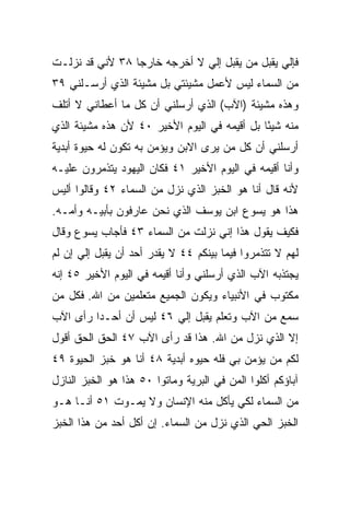 ‫ﻓﺈﻟﻲ ﻴﻘﺒل ﻤﻥ ﻴﻘﺒل ﺇﻟﻲ ﻻ ﺃﺨﺭﺠﻪ ﺨﺎﺭﺠﺎ ٨٣ ﻷﻨﻲ ﻗﺩ ﻨﺯﻟـﺕ‬
                 ‫‪‬‬            ‫‪‬‬                ‫‪‬‬
‫ﻤﻥ ﺍﻟﺴﻤﺎﺀ ﻟﻴﺱ ﻷﻋﻤل ﻤﺸﻴﺌﺘﻲ ﺒل ﻤﺸﻴﺌﺔ ﺍﻟﺫﻱ ﺃﺭﺴـﻠﻨﻲ ٩٣‬
‫ﻭﻫﺫﻩ ﻤﺸﻴﺌﺔ )ﺍﻵﺏ( ﺍﻟﺫﻱ ﺃﺭﺴﻠﻨﻲ ﺃﻥ ﻜل ﻤﺎ ﺃﻋﻁﺎﻨﻲ ﻻ ﺃﺘﻠﻑ‬
‫ﻤﻨﻪ ﺸﻴﺌﺎ ﺒل ﺃﻗﻴﻤﻪ ﻓﻲ ﺍﻟﻴﻭﻡ ﺍﻷﺨﻴﺭ ٠٤ ﻷﻥ ﻫﺫﻩ ﻤﺸﻴﺌﺔ ﺍﻟﺫﻱ‬
                                              ‫ً‬
‫ﺃﺭﺴﻠﻨﻲ ﺃﻥ ﻜل ﻤﻥ ﻴﺭﻯ ﺍﻻﺒﻥ ﻭﻴﺅﻤﻥ ﺒﻪ ﺘﻜﻭﻥ ﻟﻪ ﺤﻴﻭﺓ ﺃﺒﺩﻴﺔ‬
‫ﻭﺃﻨﺎ ﺃﻗﻴﻤﻪ ﻓﻲ ﺍﻟﻴﻭﻡ ﺍﻷﺨﻴﺭ ١٤ ﻓﻜﺎﻥ ﺍﻟﻴﻬﻭﺩ ﻴﺘﺫﻤﺭﻭﻥ ﻋﻠﻴـﻪ‬
‫ﻷﻨﻪ ﻗﺎل ﺃﻨﺎ ﻫﻭ ﺍﻟﺨﺒﺯ ﺍﻟﺫﻱ ﻨﺯل ﻤﻥ ﺍﻟﺴﻤﺎﺀ ٢٤ ﻭﻗﺎﻟﻭﺍ ﺃﻟﻴﺱ‬
‫ﻫﺫﺍ ﻫﻭ ﻴﺴﻭﻉ ﺍﺒﻥ ﻴﻭﺴﻑ ﺍﻟﺫﻱ ﻨﺤﻥ ﻋﺎﺭﻓﻭﻥ ﺒﺄﺒﻴـﻪ ﻭﺃﻤـﻪ.‬
‫ﻓﻜﻴﻑ ﻴﻘﻭل ﻫﺫﺍ ﺇﻨﻲ ﻨﺯﻟﺕ ﻤﻥ ﺍﻟﺴﻤﺎﺀ ٣٤ ﻓﺄﺠﺎﺏ ﻴﺴﻭﻉ ﻭﻗﺎل‬
‫ﻟﻬﻡ ﻻ ﺘﺘﺫﻤﺭﻭﺍ ﻓﻴﻤﺎ ﺒﻴﻨﻜﻡ ٤٤ ﻻ ﻴﻘﺩﺭ ﺃﺤﺩ ﺃﻥ ﻴﻘﺒل ﺇﻟﻲ ﺇﻥ ﻟﻡ‬
      ‫‪‬‬
‫ﻴﺠﺘﺫﺒﻪ ﺍﻵﺏ ﺍﻟﺫﻱ ﺃﺭﺴﻠﻨﻲ ﻭﺃﻨﺎ ﺃﻗﻴﻤﻪ ﻓﻲ ﺍﻟﻴﻭﻡ ﺍﻷﺨﻴﺭ ٥٤ ﺇﻨﻪ‬
‫ﻤﻜﺘﻭﺏ ﻓﻲ ﺍﻷﻨﺒﻴﺎﺀ ﻭﻴﻜﻭﻥ ﺍﻟﺠﻤﻴﻊ ﻤﺘﻌﻠﻤﻴﻥ ﻤﻥ ﺍﷲ. ﻓﻜل ﻤﻥ‬
‫ﺴﻤﻊ ﻤﻥ ﺍﻵﺏ ﻭﺘﻌﻠﻡ ﻴﻘﺒل ﺇﻟﻲ ٦٤ ﻟﻴﺱ ﺃﻥ ﺃﺤـﺩﺍ ﺭﺃﻯ ﺍﻵﺏ‬
         ‫‪‬‬              ‫‪‬‬
‫ﺇﻻ ﺍﻟﺫﻱ ﻨﺯل ﻤﻥ ﺍﷲ. ﻫﺫﺍ ﻗﺩ ﺭﺃﻯ ﺍﻵﺏ ٧٤ ﺍﻟﺤﻕ ﺍﻟﺤﻕ ﺃﻗﻭل‬
‫ﻟﻜﻡ ﻤﻥ ﻴﺅﻤﻥ ﺒﻲ ﻓﻠﻪ ﺤﻴﻭﻩ ﺃﺒﺩﻴﺔ ٨٤ ﺃﻨﺎ ﻫﻭ ﺨﺒﺯ ﺍﻟﺤﻴﻭﺓ ٩٤‬
‫ﺁﺒﺎﺅﻜﻡ ﺃﻜﻠﻭﺍ ﺍﻟﻤﻥ ﻓﻲ ﺍﻟﺒﺭﻴﺔ ﻭﻤﺎﺘﻭﺍ ٠٥ ﻫﺫﺍ ﻫﻭ ﺍﻟﺨﺒﺯ ﺍﻟﻨﺎﺯل‬
‫ﻤﻥ ﺍﻟﺴﻤﺎﺀ ﻟﻜﻲ ﻴﺄﻜل ﻤﻨﻪ ﺍﻹﻨﺴﺎﻥ ﻭﻻ ﻴﻤـﻭﺕ ١٥ ﺃﻨـﺎ ﻫـﻭ‬
‫ﺍﻟﺨﺒﺯ ﺍﻟﺤﻲ ﺍﻟﺫﻱ ﻨﺯل ﻤﻥ ﺍﻟﺴﻤﺎﺀ. ﺇﻥ ﺃﻜل ﺃﺤﺩ ﻤﻥ ﻫﺫﺍ ﺍﻟﺨﺒﺯ‬
 