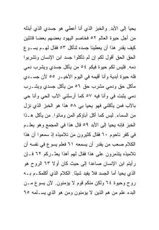 ‫ﻴﺤﻴﺎ ﺇﻟﻰ ﺍﻷﺒﺩ. ﻭﺍﻟﺨﺒﺯ ﺍﻟﺫﻱ ﺃﻨﺎ ﺃﻋﻁﻲ ﻫﻭ ﺠﺴﺩﻱ ﺍﻟﺫﻱ ﺃﺒﺫﻟﻪ‬
‫ﻤﻥ ﺃﺠل ﺤﻴﻭﺓ ﺍﻟﻌﺎﻟﻡ ٢٥ ﻓﺨﺎﺼﻡ ﺍﻟﻴﻬﻭﺩ ﺒﻌﻀﻬﻡ ﺒﻌﻀﺎ ﻗﺎﺌﻠﻴﻥ‬
        ‫‪‬‬
‫ﻜﻴﻑ ﻴﻘﺩﺭ ﻫﺫﺍ ﺃﻥ ﻴﻌﻁﻴﻨﺎ ﺠﺴﺩﻩ ﻟﻨﺄﻜل ٣٥ ﻓﻘﺎل ﻟﻬـﻡ ﻴﺴـﻭﻉ‬
‫ﺍﻟﺤﻕ ﺍﻟﺤﻕ ﺃﻗﻭل ﻟﻜﻡ ﺇﻥ ﻟﻡ ﺘﺄﻜﻠﻭﺍ ﺠﺴﺩ ﺍﺒﻥ ﺍﻹﻨﺴﺎﻥ ﻭﺘﺸﺭﺒﻭﺍ‬
‫ﺩﻤﻪ. ﻓﻠﻴﺱ ﻟﻜﻡ ﺤﻴﻭﺓ ﻓﻴﻜﻡ ٤٥ ﻤﻥ ﻴﺄﻜل ﺠﺴﺩﻱ ﻭﻴﺸﺭﺏ ﺩﻤﻲ‬
‫ﻓﻠﻪ ﺤﻴﻭﺓ ﺃﺒﺩﻴﺔ ﻭﺃﻨﺎ ﺃﻗﻴﻤﻪ ﻓﻲ ﺍﻟﻴﻭﻡ ﺍﻷﺨﻴـﺭ ٥٥ ﻷﻥ ﺠﺴـﺩﻱ‬
‫ﻤﺄﻜل ﺤﻕ ﻭﺩﻤﻲ ﻤﺸﺭﺏ ﺤﻕ ٦٥ ﻤﻥ ﻴﺄﻜل ﺠﺴﺩﻱ ﻭﻴﺸـﺭﺏ‬
‫ﺩﻤﻲ ﻴﺜﺒﺕ ﻓﻲ ﻭﺃﻨﺎ ﻓﻴﻪ ٧٥ ﻜﻤﺎ ﺃﺭﺴﻠﻨﻲ ﺍﻵﺏ ﺍﻟﺤﻲ ﻭﺃﻨﺎ ﺤﻲ‬
                                        ‫‪‬‬
‫ﺒﺎﻵﺏ ﻓﻤﻥ ﻴﺄﻜﻠﻨﻲ ﻓﻬﻭ ﻴﺤﻴﺎ ﺒﻲ ٨٥ ﻫﺫﺍ ﻫﻭ ﺍﻟﺨﺒﺯ ﺍﻟﺫﻱ ﻨﺯل‬
‫ﻤﻥ ﺍﻟﺴﻤﺎﺀ. ﻟﻴﺱ ﻜﻤﺎ ﺃﻜل ﺁﺒﺎﺅﻜﻡ ﺍﻟﻤﻥ ﻭﻤﺎﺘﻭﺍ. ﻤﻥ ﻴﺄﻜل ﻫـﺫﺍ‬
‫ﺍﻟﺨﺒﺯ ﻓﺈﻨﻪ ﻴﺤﻴﺎ ﺇﻟﻰ ﺍﻷﺒﺩ ٩٥ ﻗﺎل ﻫﺫﺍ ﻓﻲ ﺍﻟﻤﺠﻤﻊ ﻭﻫﻭ ﻴﻌﻠـﻡ‬
‫ﻓﻲ ﻜﻔﺭ ﻨﺎﺤﻭﻡ ٠٦ ﻓﻘﺎل ﻜﺜﻴﺭﻭﻥ ﻤﻥ ﺘﻼﻤﻴﺫﻩ ﺇﺫ ﺴﻤﻌﻭﺍ ﺃﻥ ﻫﺫﺍ‬
‫ﺍﻟﻜﻼﻡ ﺼﻌﺏ ﻤﻥ ﻴﻘﺩﺭ ﺃﻥ ﻴﺴﻤﻌﻪ ١٦ ﻓﻌﻠﻡ ﻴﺴﻭﻉ ﻓﻲ ﻨﻔﺴﻪ ﺃﻥ‬
‫ﺘﻼﻤﻴﺫﻩ ﻴﺘﺫﻤﺭﻭﻥ ﻋﻠﻰ ﻫﺫﺍ ﻓﻘﺎل ﻟﻬﻡ ﺃﻫﺫﺍ ﻴﻌﺜـﺭﻜﻡ ٢٦ ﻓـﺈﻥ‬
‫ﺭﺃﻴﺘﻡ ﺍﺒﻥ ﺍﻹﻨﺴﺎﻥ ﺼﺎﻋﺩﺍ ﺇﻟﻰ ﺤﻴﺙ ﻜﺎﻥ ﺃﻭﻻ ٣٦ ﺍﻟﺭﻭﺡ ﻫﻭ‬
            ‫ﹰ‬                ‫‪‬‬
‫ﺍﻟﺫﻱ ﻴﺤﻴﺎ ﺃﻤﺎ ﺍﻟﺠﺴﺩ ﻓﻼ ﻴﻔﻴﺩ ﺸﻴﺌﺎ. ﺍﻟﻜﻼﻡ ﺍﻟﺫﻱ ﺃﻜﻠﻤﻜـﻡ ﺒـﻪ‬
                         ‫ً‬
‫ﺭﻭﺡ ﻭﺤﻴﻭﺓ ٤٦ ﻭﻟﻜﻥ ﻤﻨﻜﻡ ﻗﻭﻡ ﻻ ﻴﺅﻤﻨﻭﻥ. ﻷﻥ ﻴﺴﻭﻉ ﻤـﻥ‬
‫ﺍﻟﺒﺩﺀ ﻋﻠﻡ ﻤﻥ ﻫﻡ ﺍﻟﺫﻴﻥ ﻻ ﻴﺅﻤﻨﻭﻥ ﻭﻤﻥ ﻫﻭ ﺍﻟﺫﻱ ﻴﺴـﻠﻤﻪ ٥٦‬
 