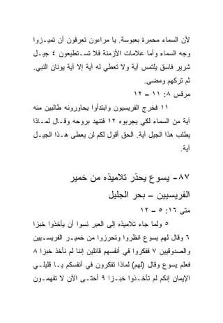 ‫ﻷﻥ ﺍﻟﺴﻤﺎﺀ ﻤﺤﻤﺭﺓ ﺒﻌﺒﻭﺴﺔ. ﻴﺎ ﻤﺭﺍﺀﻭﻥ ﺘﻌﺭﻓﻭﻥ ﺃﻥ ﺘﻤﻴـﺯﻭﺍ‬
‫ﻭﺠﻪ ﺍﻟﺴﻤﺎﺀ ﻭﺃﻤﺎ ﻋﻼﻤﺎﺕ ﺍﻷﺯﻤﻨﺔ ﻓﻼ ﺘﺴـﺘﻁﻴﻌﻭﻥ ٤ ﺠﻴـل‬
‫ﺸﺭﻴﺭ ﻓﺎﺴﻕ ﻴﻠﺘﻤﺱ ﺁﻴﺔ ﻭﻻ ﺘﻌﻁﻲ ﻟﻪ ﺁﻴﺔ ﺇﻻ ﺁﻴﺔ ﻴﻭﻨﺎﻥ ﺍﻟﻨﺒﻲ.‬
                                       ‫ﺜﻡ ﺘﺭﻜﻬﻡ ﻭﻤﻀﻰ.‬
                                   ‫ﻤﺭﻗﺱ ٨: ١١ – ٢١‬
‫١١ ﻓﺨﺭﺝ ﺍﻟﻔﺭﻴﺴﻴﻭﻥ ﻭﺍﺒﺘﺩﺃﻭﺍ ﻴﺤﺎﻭﺭﻭﻨﻪ ﻁﺎﻟﺒﻴﻥ ﻤﻨﻪ‬
‫ﺁﻴﺔ ﻤﻥ ﺍﻟﺴﻤﺎﺀ ﻟﻜﻲ ﻴﺠﺭﺒﻭﻩ ٢١ ﻓﺘﻨﻬﺩ ﺒﺭﻭﺤﻪ ﻭﻗـﺎل ﻟﻤـﺎﺫﺍ‬
‫ﻴﻁﻠﺏ ﻫﺫﺍ ﺍﻟﺠﻴل ﺁﻴﺔ. ﺍﻟﺤﻕ ﺃﻗﻭل ﻟﻜﻡ ﻟﻥ ﻴﻌﻁﻰ ﻫـﺫﺍ ﺍﻟﺠﻴـل‬
                                                    ‫ﺁﻴﺔ.‬


            ‫٧٨- ﻴﺴﻭﻉ ﻴﺤﺫﺭ ﺘﻼﻤﻴﺫﻩ ﻤﻥ ﺨﻤﻴﺭ‬
                          ‫ﺍﻟﻔﺭﻴﺴﻴﻴﻥ – ﺒﺤﺭ ﺍﻟﺠﻠﻴل‬
                                      ‫ﻤﺘﻰ ٦١: ٥ – ٢١‬
                                                  ‫ﹼ‬
‫٥ ﻭﻟﻤﺎ ﺠﺎﺀ ﺘﻼﻤﻴﺫﻩ ﺇﻟﻰ ﺍﻟﻌﺒﺭ ﻨﺴﻭﺍ ﺃﻥ ﻴﺄﺨﺫﻭﺍ ﺨﺒﺯﺍ‬
 ‫‪‬‬
‫٦ ﻭﻗﺎل ﻟﻬﻡ ﻴﺴﻭﻉ ﺍﻨﻅﺭﻭﺍ ﻭﺘﺤ ‪‬ﺯﻭﺍ ﻤﻥ ﺨﻤﻴـﺭ ﺍﻟﻔﺭﻴﺴـﻴﻴﻥ‬
                       ‫ﺭ‬
‫ﻭﺍﻟﺼﺩﻭﻗﻴﻴﻥ ٧ ﻓﻔﻜﺭﻭﺍ ﻓﻲ ﺃﻨﻔﺴﻬﻡ ﻗﺎﺌﻠﻴﻥ ﺇﻨﻨﺎ ﻟﻡ ﻨﺄﺨﺫ ﺨﺒﺯﺍ ٨‬
   ‫‪‬‬
‫ﻓﻌﻠﻡ ﻴﺴﻭﻉ ﻭﻗﺎل )ﻟﻬﻡ( ﻟﻤﺎﺫﺍ ﺘﻔﻜﺭﻭﻥ ﻓﻲ ﺃﻨﻔﺴﻜﻡ ﻴـﺎ ﻗﻠﻴﻠـﻲ‬
‫ﺍﻹﻴﻤﺎﻥ ﺇﻨﻜﻡ ﻟﻡ ﺘﺄﺨـﺫﻭﺍ ﺨﺒـﺯﺍ ٩ ﺃﺤﺘـﻰ ﺍﻵﻥ ﻻ ﺘﻔﻬﻤـﻭﻥ‬
                       ‫‪‬‬
 