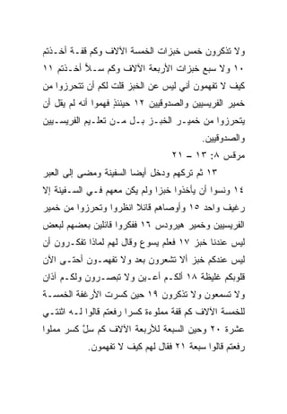 ‫ﻭﻻ ﺘﺫﻜﺭﻭﻥ ﺨﻤﺱ ﺨﺒﺯﺍﺕ ﺍﻟﺨﻤﺴﺔ ﺍﻵﻻﻑ ﻭﻜﻡ ﻗﻔـﺔ ﺃﺨـﺫﺘﻡ‬
‫٠١ ﻭﻻ ﺴﺒﻊ ﺨﺒﺯﺍﺕ ﺍﻷﺭﺒﻌﺔ ﺍﻵﻻﻑ ﻭﻜﻡ ﺴـﻼ ﺃﺨـﺫﺘﻡ ١١‬
          ‫‪‬‬
‫ﻜﻴﻑ ﻻ ﺘﻔﻬﻤﻭﻥ ﺃﻨﻲ ﻟﻴﺱ ﻋﻥ ﺍﻟﺨﺒﺯ ﻗﻠﺕ ﻟﻜﻡ ﺃﻥ ﺘﺘﺤﺭﺯﻭﺍ ﻤﻥ‬
‫ﺨﻤﻴﺭ ﺍﻟﻔﺭﻴﺴﻴﻴﻥ ﻭﺍﻟﺼﺩﻭﻗﻴﻴﻥ ٢١ ﺤﻴﻨﺌﺫ ﻓﻬﻤﻭﺍ ﺃﻨﻪ ﻟﻡ ﻴﻘل ﺃﻥ‬
                    ‫ٍ‬
‫ﻴﺘﺤ ‪‬ﺯﻭﺍ ﻤﻥ ﺨﻤﻴـﺭ ﺍﻟﺨﺒـﺯ ﺒـل ﻤـﻥ ﺘﻌﻠـﻴﻡ ﺍﻟﻔﺭﻴﺴـﻴﻴﻥ‬
                                             ‫ﺭ‬
                                          ‫ﻭﺍﻟﺼﺩﻭﻗﻴﻴﻥ.‬
                                  ‫ﻤﺭﻗﺱ ٨: ٣١ – ١٢‬
‫٣١ ﺜﻡ ﺘﺭﻜﻬﻡ ﻭﺩﺨل ﺃﻴﻀﺎ ﺍﻟﺴﻔﻴﻨﺔ ﻭﻤﻀﻰ ﺇﻟﻰ ﺍﻟﻌﺒﺭ‬
                        ‫‪‬‬
‫٤١ ﻭﻨﺴﻭﺍ ﺃﻥ ﻴﺄﺨﺫﻭﺍ ﺨﺒﺯﺍ ﻭﻟﻡ ﻴﻜﻥ ﻤﻌﻬﻡ ﻓـﻲ ﺍﻟﺴـﻔﻴﻨﺔ ﺇﻻ‬
                              ‫‪‬‬
‫ﺭﻏﻴﻑ ﻭﺍﺤﺩ ٥١ ﻭﺃﻭﺼﺎﻫﻡ ﻗﺎﺌﻼ ﺍﻨﻅﺭﻭﺍ ﻭﺘﺤ ‪‬ﺯﻭﺍ ﻤﻥ ﺨﻤﻴﺭ‬
           ‫ﺭ‬            ‫ﹰ‬
‫ﺍﻟﻔﺭﻴﺴﻴﻴﻥ ﻭﺨﻤﻴﺭ ﻫﻴﺭﻭﺩﺱ ٦١ ﻓﻔﻜﺭﻭﺍ ﻗﺎﺌﻠﻴﻥ ﺒﻌﻀﻬﻡ ﻟﺒﻌﺽ‬
‫ﻟﻴﺱ ﻋﻨﺩﻨﺎ ﺨﺒﺯ ٧١ ﻓﻌﻠﻡ ﻴﺴﻭﻉ ﻭﻗﺎل ﻟﻬﻡ ﻟﻤﺎﺫﺍ ﺘﻔﻜـﺭﻭﻥ ﺃﻥ‬
‫ﻟﻴﺱ ﻋﻨﺩﻜﻡ ﺨﺒﺯ ﺃﻻ ﺘﺸﻌﺭﻭﻥ ﺒﻌﺩ ﻭﻻ ﺘﻔﻬﻤـﻭﻥ ﺃﺤﺘـﻰ ﺍﻵﻥ‬
‫ﻗﻠﻭﺒﻜﻡ ﻏﻠﻴﻅﺔ ٨١ ﺃﻟﻜـﻡ ﺃﻋـﻴﻥ ﻭﻻ ﺘﺒﺼـﺭﻭﻥ ﻭﻟﻜـﻡ ﺁﺫﺍﻥ‬
‫ﻭﻻ ﺘﺴﻤﻌﻭﻥ ﻭﻻ ﺘﺫﻜﺭﻭﻥ ٩١ ﺤﻴﻥ ﻜ ‪‬ﺭﺕ ﺍﻷﺭﻏﻔﺔ ﺍﻟﺨﻤﺴـﺔ‬
                 ‫ﺴ‬
‫ﻟﻠﺨﻤﺴﺔ ﺍﻵﻻﻑ ﻜﻡ ﻗﻔﺔ ﻤﻤﻠﻭﺀﺓ ﻜﺴﺭﺍ ﺭﻓﻌﺘﻡ ﻗﺎﻟﻭﺍ ﻟـﻪ ﺍﺜﻨﺘـﻲ‬
                        ‫‪‬‬
‫ﻋﺸﺭﺓ ٠٢ ﻭﺤﻴﻥ ﺍﻟﺴﺒﻌﺔ ﻟﻸﺭﺒﻌﺔ ﺍﻵﻻﻑ ﻜﻡ ﺴل ﻜﺴﺭ ﻤﻤﻠﻭﺍ‬
 ‫‪‬‬        ‫ﱠ‬
            ‫ﺭﻓﻌﺘﻡ ﻗﺎﻟﻭﺍ ﺴﺒﻌﺔ ١٢ ﻓﻘﺎل ﻟﻬﻡ ﻜﻴﻑ ﻻ ﺘﻔﻬﻤﻭﻥ.‬
 