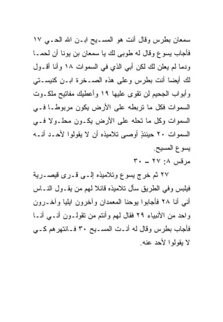 ‫ﺴﻤﻌﺎﻥ ﺒﻁﺭﺱ ﻭﻗﺎل ﺃﻨﺕ ﻫﻭ ﺍﻟﻤﺴـﻴﺢ ﺍﺒـﻥ ﺍﷲ ﺍﻟﺤـﻲ ٧١‬
‫ﻓﺄﺠﺎﺏ ﻴﺴﻭﻉ ﻭﻗﺎل ﻟﻪ ﻁﻭﺒﻰ ﻟﻙ ﻴﺎ ﺴﻤﻌﺎﻥ ﺒﻥ ﻴﻭﻨﺎ ﺃﻥ ﻟﺤ ‪‬ـﺎ‬
  ‫ﻤ‬
‫ﻭﺩﻤﺎ ﻟﻡ ﻴﻌﻠﻥ ﻟﻙ ﻟﻜﻥ ﺃﺒﻲ ﺍﻟﺫﻱ ﻓﻲ ﺍﻟﺴﻤﻭﺍﺕ ٨١ ﻭﺃﻨﺎ ﺃﻗـﻭل‬
                                                  ‫‪‬‬
‫ﻟﻙ ﺃﻴﻀﺎ ﺃﻨﺕ ﺒﻁﺭﺱ ﻭﻋﻠﻰ ﻫﺫﻩ ﺍﻟﺼـﺨﺭﺓ ﺍﺒـﻥ ﻜﻨﻴﺴـﺘﻲ‬
        ‫ِ‬                               ‫‪‬‬
‫ﻭﺃﺒﻭﺍﺏ ﺍﻟﺠﺤﻴﻡ ﻟﻥ ﺘﻘﻭﻯ ﻋﻠﻴﻬﺎ ٩١ ﻭﺃﻋﻁﻴﻙ ﻤﻔﺎﺘﻴﺢ ﻤﻠﻜـﻭﺕ‬
‫ﺍﻟﺴﻤﻭﺍﺕ ﻓﻜل ﻤﺎ ﺘﺭﺒﻁﻪ ﻋﻠﻰ ﺍﻷﺭﺽ ﻴﻜﻭﻥ ﻤﺭﺒﻭ ﹰـﺎ ﻓـﻲ‬
      ‫ﻁ‬
‫ﺍﻟﺴﻤﻭﺍﺕ ﻭﻜل ﻤﺎ ﺘﺤﻠﻪ ﻋﻠﻰ ﺍﻷﺭﺽ ﻴﻜـﻭﻥ ﻤﺤﻠـﻭﻻ ﻓـﻲ‬
    ‫ﹰ‬
‫ﺍﻟﺴﻤﻭﺍﺕ ٠٢ ﺤﻴﻨﺌﺫ ﺃﻭﺼﻰ ﺘﻼﻤﻴﺫﻩ ﺃﻥ ﻻ ﻴﻘﻭﻟﻭﺍ ﻷﺤـﺩ ﺃﻨـﻪ‬
                                  ‫ٍ‬
                                         ‫ﻴﺴﻭﻉ ﺍﻟﻤﺴﻴﺢ.‬
                                  ‫ﻤﺭﻗﺱ ٨: ٧٢ – ٠٣‬
‫٧٢ ﺜﻡ ﺨﺭﺝ ﻴﺴﻭﻉ ﻭﺘﻼﻤﻴﺫﻩ ﺇﻟـﻰ ﻗـﺭﻯ ﻗﻴﺼـﺭﻴﺔ‬
‫ﻓﻴﻠﺒﺱ ﻭﻓﻲ ﺍﻟﻁﺭﻴﻕ ﺴﺄل ﺘﻼﻤﻴﺫﻩ ﻗﺎﺌﻼ ﻟﻬﻡ ﻤﻥ ﻴﻘـﻭل ﺍﻟﻨـﺎﺱ‬
                    ‫ﹰ‬
‫ﺃﻨﻲ ﺃﻨﺎ ٨٢ ﻓﺄﺠﺎﺒﻭﺍ ﻴﻭﺤﻨﺎ ﺍﻟﻤﻌﻤﺩﺍﻥ ﻭﺁﺨﺭﻭﻥ ﺍﻴﻠﻴﺎ ﻭﺁﺨـﺭﻭﻥ‬
‫ﻭﺍﺤﺩ ﻤﻥ ﺍﻷﻨﺒﻴﺎﺀ ٩٢ ﻓﻘﺎل ﻟﻬﻡ ﻭﺃﻨﺘﻡ ﻤﻥ ﺘﻘﻭﻟـﻭﻥ ﺃﻨـﻲ ﺃﻨـﺎ‬
‫ﻓﺄﺠﺎﺏ ﺒﻁﺭﺱ ﻭﻗﺎل ﻟﻪ ﺃﻨـﺕ ﺍﻟﻤﺴـﻴﺢ ٠٣ ﻓـﺎﻨﺘﻬﺭﻫﻡ ﻜـﻲ‬
                                    ‫ﻻ ﻴﻘﻭﻟﻭﺍ ﻷﺤﺩ ﻋﻨﻪ.‬
 