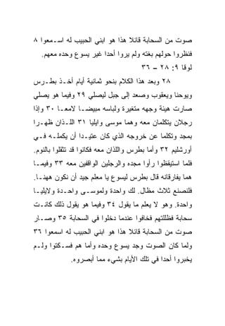 ‫ﺼﻭﺕ ﻤﻥ ﺍﻟﺴﺤﺎﺒﺔ ﻗﺎﺌﻼ ﻫﺫﺍ ﻫﻭ ﺍﺒﻨﻲ ﺍﻟﺤﺒﻴﺏ ﻟﻪ ﺍﺴـﻤﻌﻭﺍ ٨‬
                                ‫ﹰ‬
  ‫ﻓﻨﻅﺭﻭﺍ ﺤﻭﻟﻬﻡ ﺒﻐﺘﻪ ﻭﻟﻡ ﻴﺭﻭﺍ ﺃﺤﺩﺍ ﻏﻴﺭ ﻴﺴﻭﻉ ﻭﺤﺩﻩ ﻤﻌﻬﻡ.‬
                       ‫‪‬‬
                                      ‫ﻟﻭﻗﺎ ٩: ٨٢ – ٦٣‬
‫٨٢ ﻭﺒﻌﺩ ﻫﺫﺍ ﺍﻟﻜﻼﻡ ﺒﻨﺤﻭ ﺜﻤﺎﻨﻴﺔ ﺃﻴﺎﻡ ﺃﺨـﺫ ﺒﻁـﺭﺱ‬
‫ﻭﻴﻭﺤﻨﺎ ﻭﻴﻌﻘﻭﺏ ﻭﺼﻌﺩ ﺇﻟﻰ ﺠﺒل ﻟﻴﺼﻠﻲ ٩٢ ﻭﻓﻴﻤﺎ ﻫﻭ ﻴﺼﻠﻲ‬
‫ﺼﺎﺭﺕ ﻫﻴﺌﺔ ﻭﺠﻬﻪ ﻤﺘﻐﻴﺭﺓ ﻭﻟﺒﺎﺴﻪ ﻤﺒﻴ ‪‬ـﺎ ﻻﻤ ‪‬ـﺎ ٠٣ ﻭﺇﺫﺍ‬
          ‫ﻌ‬      ‫ﻀ‬
‫ﺭﺠﻼﻥ ﻴﺘﻜﻠﻤﺎﻥ ﻤﻌﻪ ﻭﻫﻤﺎ ﻤﻭﺴﻰ ﻭﺍﻴﻠﻴﺎ ١٣ ﺍﻟﻠـﺫﺍﻥ ﻅﻬـﺭﺍ‬
‫ﺒﻤﺠﺩ ﻭﺘﻜﻠﻤﺎ ﻋﻥ ﺨﺭﻭﺠﻪ ﺍﻟﺫﻱ ﻜﺎﻥ ﻋﺘﻴـﺩﺍ ﺃﻥ ﻴﻜﻤﻠـﻪ ﻓـﻲ‬
               ‫‪‬‬
‫ﺃﻭﺭﺸﻠﻴﻡ ٢٣ ﻭﺃﻤﺎ ﺒﻁﺭﺱ ﻭﺍﻟﻠﺫﺍﻥ ﻤﻌﻪ ﻓﻜﺎﻨﻭﺍ ﻗﺩ ﺘﺜﻘﻠﻭﺍ ﺒﺎﻟﻨﻭﻡ.‬
‫ﻓﻠﻤﺎ ﺍﺴﺘﻴﻘﻅﻭﺍ ﺭﺃﻭﺍ ﻤﺠﺩﻩ ﻭﺍﻟﺭﺠﻠﻴﻥ ﺍﻟﻭﺍﻗﻔﻴﻥ ﻤﻌﻪ ٣٣ ﻭﻓﻴﻤـﺎ‬
‫ﻫﻤﺎ ﻴﻔﺎﺭﻗﺎﻨﻪ ﻗﺎل ﺒﻁﺭﺱ ﻟﻴﺴﻭﻉ ﻴﺎ ﻤﻌﻠﻡ ﺠﻴﺩ ﺃﻥ ﻨﻜﻭﻥ ﻫﻬﻨـﺎ.‬
‫ﻓﻠﻨﺼﻨﻊ ﺜﻼﺙ ﻤﻅﺎل. ﻟﻙ ﻭﺍﺤﺩﺓ ﻭﻟﻤﻭﺴـﻰ ﻭﺍﺤـﺩﺓ ﻭﻻﻴﻠﻴـﺎ‬
‫ﻭﺍﺤﺩﺓ. ﻭﻫﻭ ﻻ ﻴﻌﻠﻡ ﻤﺎ ﻴﻘﻭل ٤٣ ﻭﻓﻴﻤﺎ ﻫﻭ ﻴﻘﻭل ﺫﻟﻙ ﻜﺎﻨـﺕ‬
‫ﺴﺤﺎﺒﺔ ﻓﻅﻠﻠﺘﻬﻡ ﻓﺨﺎﻓﻭﺍ ﻋﻨﺩﻤﺎ ﺩﺨﻠﻭﺍ ﻓﻲ ﺍﻟﺴﺤﺎﺒﺔ ٥٣ ﻭﺼـﺎﺭ‬
‫ﺼﻭﺕ ﻤﻥ ﺍﻟﺴﺤﺎﺒﺔ ﻗﺎﺌﻼ ﻫﺫﺍ ﻫﻭ ﺍﺒﻨﻲ ﺍﻟﺤﺒﻴﺏ ﻟﻪ ﺍﺴﻤﻌﻭﺍ ٦٣‬
                                ‫ﹰ‬
‫ﻭﻟﻤﺎ ﻜﺎﻥ ﺍﻟﺼﻭﺕ ﻭﺠﺩ ﻴﺴﻭﻉ ﻭﺤﺩﻩ ﻭﺃﻤﺎ ﻫﻡ ﻓﺴـﻜﺘﻭﺍ ﻭﻟـﻡ‬
             ‫ﻴﺨﺒﺭﻭﺍ ﺃﺤﺩﺍ ﻓﻲ ﺘﻠﻙ ﺍﻷﻴﺎﻡ ﺒﺸﻲﺀ ﻤﻤﺎ ﺃﺒﺼﺭﻭﻩ.‬
                                            ‫‪‬‬
 