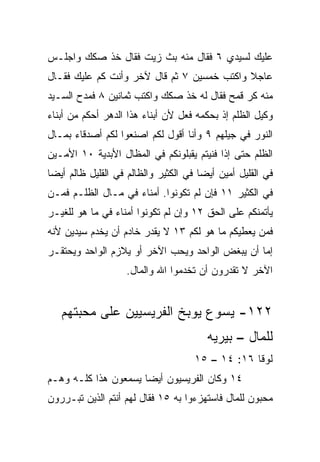 ‫ﻋﻠﻴﻙ ﻟﺴﻴﺩﻱ ٦ ﻓﻘﺎل ﻤﺌﻪ ﺒﺙ ﺯﻴﺕ ﻓﻘﺎل ﺨﺫ ﺼﻜﻙ ﻭﺍﺠﻠـﺱ‬
‫ﻋﺎﺠﻼ ﻭﺍﻜﺘﺏ ﺨﻤﺴﻴﻥ ٧ ﺜﻡ ﻗﺎل ﻵﺨﺭ ﻭﺃﻨﺕ ﻜﻡ ﻋﻠﻴﻙ ﻓﻘـﺎل‬
                                            ‫ﹰ‬
‫ﻤﺌﻪ ﻜﺭ ﻗﻤﺢ ﻓﻘﺎل ﻟﻪ ﺨﺫ ﺼﻜﻙ ﻭﺍﻜﺘﺏ ﺜﻤﺎﻨﻴﻥ ٨ ﻓﻤﺩﺡ ﺍﻟﺴـﻴﺩ‬
‫ﻭﻜﻴل ﺍﻟﻅﻠﻡ ﺇﺫ ﺒﺤﻜﻤﻪ ﻓﻌل ﻷﻥ ﺃﺒﻨﺎﺀ ﻫﺫﺍ ﺍﻟﺩﻫﺭ ﺃﺤﻜﻡ ﻤﻥ ﺃﺒﻨﺎﺀ‬
‫ﺍﻟﻨﻭﺭ ﻓﻲ ﺠﻴﻠﻬﻡ ٩ ﻭﺃﻨﺎ ﺃﻗﻭل ﻟﻜﻡ ﺍﺼﻨﻌﻭﺍ ﻟﻜﻡ ﺃﺼﺩﻗﺎﺀ ﺒﻤـﺎل‬
‫ﺍﻟﻅﻠﻡ ﺤﺘﻰ ﺇﺫﺍ ﻓﻨﻴﺘﻡ ﻴﻘﺒﻠﻭﻨﻜﻡ ﻓﻲ ﺍﻟﻤﻅﺎل ﺍﻷﺒﺩﻴﺔ ٠١ ﺍﻷﻤـﻴﻥ‬
‫ﻓﻲ ﺍﻟﻘﻠﻴل ﺃﻤﻴﻥ ﺃﻴﻀﺎ ﻓﻲ ﺍﻟﻜﺜﻴﺭ ﻭﺍﻟﻅﺎﻟﻡ ﻓﻲ ﺍﻟﻘﻠﻴل ﻅﺎﻟﻡ ﺃﻴﻀﺎ‬
 ‫‪‬‬                                     ‫‪‬‬
‫ﻓﻲ ﺍﻟﻜﺜﻴﺭ ١١ ﻓﺈﻥ ﻟﻡ ﺘﻜﻭﻨﻭﺍ. ﺃﻤﻨﺎﺀ ﻓﻲ ﻤـﺎل ﺍﻟﻅﻠـﻡ ﻓﻤـﻥ‬
‫ﻴﺄﺘﻤﻨﻜﻡ ﻋﻠﻰ ﺍﻟﺤﻕ ٢١ ﻭﺇﻥ ﻟﻡ ﺘﻜﻭﻨﻭﺍ ﺃﻤﻨﺎﺀ ﻓﻲ ﻤﺎ ﻫﻭ ﻟﻠﻐﻴـﺭ‬
‫ﻓﻤﻥ ﻴﻌﻁﻴﻜﻡ ﻤﺎ ﻫﻭ ﻟﻜﻡ ٣١ ﻻ ﻴﻘﺩﺭ ﺨﺎﺩﻡ ﺃﻥ ﻴﺨﺩﻡ ﺴﻴﺩﻴﻥ ﻷﻨﻪ‬
‫ﺇﻤﺎ ﺃﻥ ﻴﺒﻐﺽ ﺍﻟﻭﺍﺤﺩ ﻭﻴﺤﺏ ﺍﻵﺨﺭ ﺃﻭ ﻴﻼﺯﻡ ﺍﻟﻭﺍﺤﺩ ﻭﻴﺤﺘﻘـﺭ‬
                   ‫ﺍﻵﺨﺭ ﻻ ﺘﻘﺩﺭﻭﻥ ﺃﻥ ﺘﺨﺩﻤﻭﺍ ﺍﷲ ﻭﺍﻟﻤﺎل.‬


   ‫٢٢١- ﻴﺴﻭﻉ ﻴﻭﺒﺦ ﺍﻟﻔﺭﻴﺴﻴﻴﻥ ﻋﻠﻰ ﻤﺤﺒﺘﻬﻡ‬
                                        ‫ﻟﻠﻤﺎل – ﺒﻴﺭﻴﻪ‬
                                     ‫ﻟﻭﻗﺎ ٦١: ٤١ – ٥١‬
‫٤١ ﻭﻜﺎﻥ ﺍﻟﻔﺭﻴﺴﻴﻭﻥ ﺃﻴﻀﺎ ﻴﺴﻤﻌﻭﻥ ﻫﺫﺍ ﻜﻠـﻪ ﻭﻫـﻡ‬
                      ‫‪‬‬
‫ﻤﺤﺒﻭﻥ ﻟﻠﻤﺎل ﻓﺎﺴﺘﻬﺯﺀﻭﺍ ﺒﻪ ٥١ ﻓﻘﺎل ﻟﻬﻡ ﺃﻨﺘﻡ ﺍﻟﺫﻴﻥ ﺘﺒـﺭﺭﻭﻥ‬
 