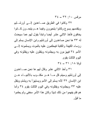 ‫ﻤﺭﻗﺱ ٠١: ٢٣ – ٤٣‬
‫٢٣ ﻭﻜﺎﻨﻭﺍ ﻓﻲ ﺍﻟﻁﺭﻴﻕ ﺼـﺎﻋﺩﻴﻥ ﺇﻟـﻰ ﺃﻭﺭﺸـﻠﻴﻡ‬
‫ﻭﻴﺘﻘ ‪‬ﻤﻬﻡ ﻴﺴﻭﻉ ﻭﻜﺎﻨﻭﺍ ﻴﺘﺤﻴﺭﻭﻥ ﻭﻓﻴﻤﺎ ﻫـﻡ ﻴﺘﺒﻌـﻭﻥ ﻜـﺎﻨﻭﺍ‬
                                                ‫ﺩ‬
‫ﻴﺨﺎﻓﻭﻥ ﻓﺄﺨﺫ ﺍﻻﺜﻨﻲ ﻋﺸﺭ ﺃﻴﻀﺎ ﻭﺍﺒﺘﺩﺃ ﻴﻘﻭل ﻟﻬﻡ ﻋﻤﺎ ﺴﻴﺤﺩﺙ‬
                           ‫‪‬‬
‫ﻟﻪ ٣٣ ﻫﺎ ﻨﺤﻥ ﺼﺎﻋﺩﻭﻥ ﺇﻟﻰ ﺃﻭﺭﺸﻠﻴﻡ ﻭﺍﺒﻥ ﺍﻹﻨﺴﺎﻥ ‪‬ﺴﻠﻡ ﺇﻟﻰ‬
       ‫ﻴ‬
‫ﺭﺅﺴﺎﺀ ﺍﻟﻜﻬﻨﺔ ﻭﺍﻟﻜﺘﺒﺔ ﻓﻴﺤﻜﻤﻭﻥ ﻋﻠﻴﻪ ﺒﺎﻟﻤﻭﺕ ﻭﻴﺴﻠﻤﻭﻨﻪ ﺇﻟـﻰ‬
‫ﺍﻷﻤﻡ ٤٣ ﻓﻴﻬﺯﺀﻭﻥ ﺒﻪ ﻭﻴﺠﻠﺩﻭﻨﻪ ﻭﻴﺘﻔﻠﻭﻥ ﻋﻠﻴﻪ ﻭﻴﻘﺘﻠﻭﻨﻪ ﻭﻓﻲ‬
                                        ‫ﺍﻟﻴﻭﻡ ﺍﻟﺜﺎﻟﺙ ﻴﻘﻭﻡ.‬
                                    ‫ﻟﻭﻗﺎ ٨١: ١٣ – ٤٣‬
‫١٣ ﻭﺃﺨﺫ ﺍﻻﺜﻨﻲ ﻋﺸﺭ ﻭﻗﺎل ﻟﻬﻡ ﻫﺎ ﻨﺤﻥ ﺼـﺎﻋﺩﻭﻥ‬
‫ﺇﻟﻰ ﺃﻭﺭﺸﻠﻴﻡ ﻭﺴﻴﺘﻡ ﻜل ﻤـﺎ ﻫـﻭ ﻤﻜﺘـﻭﺏ ﺒﺎﻷﻨﺒﻴـﺎﺀ ﻋـﻥ‬
‫ﺍﺒﻥ ﺍﻹﻨﺴﺎﻥ ٢٣ ﻷﻨﻪ ﻴﺴﻠﻡ ﺇﻟﻰ ﺍﻷﻤﻡ ﻭﻴﺴﺘﻬﺯﺃ ﺒﻪ ﻭ ‪‬ﺸﺘﻡ ﻭ ‪‬ﺘﻔل‬
   ‫ﻴ‬      ‫ﻴ‬
‫ﻋﻠﻴﻪ ٣٣ ﻭﻴﺠﻠﺩﻭﻨﻪ ﻭﻴﻘﺘﻠﻭﻨﻪ ﻭﻓﻲ ﺍﻟﻴﻭﻡ ﺍﻟﺜﺎﻟﺙ ﻴﻘﻭﻡ ٤٣ ﻭﺃﻤﺎ‬
‫ﻫﻡ ﻓﻠﻡ ﻴﻔﻬﻤﻭﺍ ﻤﻥ ﺫﻟﻙ ﺸﻴﺌﺎ ﻭﻜﺎﻥ ﻫﺫﺍ ﺍﻷﻤﺭ ‪‬ﺨﻔﻰ ﻭﻟﻡ ﻴﻌﻠﻤﻭﺍ‬
              ‫ﻤ‬                ‫ً‬
                                                  ‫ﻤﺎ ﻗﻴل.‬
 