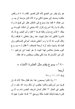 ‫ﻫﻭ ﻭﻟﻡ ﻴﻘﺩﺭ ﻤﻥ ﺍﻟﺠﻤﻊ ﻷﻨﻪ ﻜﺎﻥ ﻗﺼﻴﺭ ﺍﻟﻘﺎﻤـﺔ ٤ ﻓـﺭﻜﺽ‬
‫ﻤﺘﻘﺩﻤﺎ ﻭﺼﻌﺩ ﺇﻟﻰ ﺠﻤﻴﺯﺓ ﻟﻜﻲ ﻴﺭﺍﻩ ﻷﻨﻪ ﻜﺎﻥ ﻤﺯﻤﻌﺎ ﺃﻥ ﻴﻤـﺭ‬
‫‪‬‬        ‫‪‬‬                                     ‫‪‬‬
‫ﻤﻥ ﻫﻨﺎﻙ ٥ ﻓﻠﻤﺎ ﺠﺎﺀ ﻴﺴﻭﻉ ﺇﻟﻰ ﺍﻟﻤﻜﺎﻥ ﻨﻅﺭ ﺇﻟﻰ ﻓﻭﻕ ﻓـﺭﺁﻩ‬
‫ﻭﻗﺎل ﻟﻪ ﻴﺎ ﺯﻜﺎ ﺃﺴﺭﻉ ﻭﺃﻨﺯل ﻷﻨﻪ ﻴﻨﺒﻐﻲ ﺃﻥ ﺃﻤﻜﺙ ﺍﻟﻴﻭﻡ ﻓـﻲ‬
‫ﺒﻴﺘﻙ ٦ ﻓﺄﺴﺭﻉ ﻭﻨﺯل ﻭﻗﺒﻠﻪ ﻓﺭﺤﺎ ٧ ﻓﻠﻤﺎ ﺭﺃﻯ ﺍﻟﺠﻤﻴـﻊ ﺫﻟـﻙ‬
                         ‫‪‬‬
‫ﺘﺫ ‪‬ﺭﻭﺍ ﻗﺎﺌﻠﻴﻥ ﺇﻨﻪ ﺩﺨل ﻟﻴﺒﻴﺕ ﻋﻨﺩ ﺭﺠل ﺨﺎﻁﺊ ٨ ﻓﻭﻗﻑ ﺯﻜﺎ‬
                                                ‫ﻤ‬
‫ﻭﻗﺎل ﻟﻠﺭﺏ ﻫﺎ ﺃﻨﺎ ﻴﺎ ﺭﺏ ﺃﻋﻁﻲ ﻨﺼﻑ ﺃﻤﻭﺍﻟﻲ ﻟﻠﻤﺴﺎﻜﻴﻥ ﻭﺇﻥ‬
‫ﻜﻨﺕ ﻗﺩ ﻭﺸﻴﺕ ﺒﺄﺤﺩ ﺃﺭﺍﺩ ﺃﺭﺒﻌﺔ ﺃﻀﻌﺎﻑ ٩ ﻓﻘﺎل ﻟـﻪ ﻴﺴـﻭﻉ‬
                                       ‫ﹸ‬
‫ﺍﻟﻴﻭﻡ ﺤﺼل ﺨﻼﺹ ﻟﻬﺫﺍ ﺍﻟﺒﻴﺕ ﺇﺫ ﻫﻭ ﺃﻴﻀﺎ ﺍﺒﻥ ﺇﺒﺭﺍﻫﻴﻡ ٠١‬
                ‫‪‬‬
    ‫ﻷﻥ ﺍﺒﻥ ﺍﻹﻨﺴﺎﻥ ﻗﺩ ﺠﺎﺀ ﻟﻜﻲ ﻴﻁﻠﺏ ﻭﻴﺨﻠﺹ ﻤﺎ ﻗﺩ ﻫﻠﻙ.‬


      ‫٠٤١- ﻴﺴﻭﻉ ﻴﻘﺩﻡ ﻤﺜل ﺍﻟﻌﺸﺭﺓ ﺍﻷﻤﻨﺎﺀ –‬
                                                ‫ﺃﺭﻴﺤﺎ‬
                                   ‫ﻟﻭﻗﺎ ٩١: ١١ – ٨٢‬
‫١١ ﻭﺇﺫ ﻜﺎﻨﻭﺍ ﻴﺴﻤﻌﻭﻥ ﻫﺫﺍ ﻋﺎﺩ ﻓﻘﺎل ﻤﺜﻼ ﻷﻨﻪ ﻜـﺎﻥ‬
         ‫ﹰ‬
‫ﻗﺭﻴﺒﺎ ﻤﻥ ﺃﻭﺭﺸﻠﻴﻡ ﻭﻜﺎﻨﻭﺍ ﻴﻅﻨﻭﻥ ﺃﻥ ﻤﻠﻜـﻭﺕ ﺍﷲ ﻋﺘﻴـﺩ ﺃﻥ‬
   ‫‪‬‬                                           ‫‪‬‬
‫ﻴﻅﻬﺭ ﻓﻲ ﺍﻟﺤﺎل ٢١ ﻓﻘﺎل ﺇﻨﺴﺎﻥ ﺸﺭﻴﻑ ﺍﻟﺠﻨﺱ ﺫﻫـﺏ ﺇﻟـﻰ‬
‫ﻜﻭﺭﺓ ﺒﻌﻴﺩﺓ ﻟﻴﺄﺨﺫ ﻟﻨﻔﺴﻪ ‪‬ﻠﻜﺎ ﻭﻴﺭﺠﻊ ٣١ ﻓﺩﻋﺎ ﻋﺸﺭﺓ ﻋﺒﻴﺩ ﻟﻪ‬
   ‫ٍ‬                        ‫ﻤﹰ‬
 