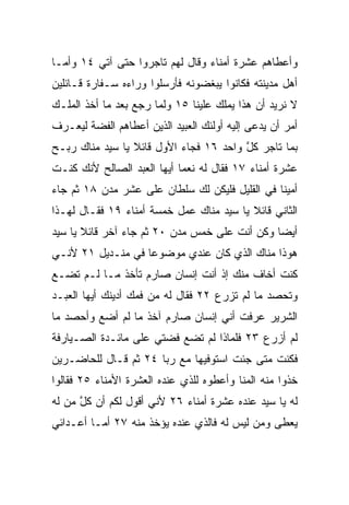 ‫ﻭﺃﻋﻁﺎﻫﻡ ﻋﺸﺭﺓ ﺃﻤﻨﺎﺀ ﻭﻗﺎل ﻟﻬﻡ ﺘﺎﺠﺭﻭﺍ ﺤﺘﻰ ﺁﺘﻲ ٤١ ﻭﺃﻤـﺎ‬
‫ﺃﻫل ﻤﺩﻴﻨﺘﻪ ﻓﻜﺎﻨﻭﺍ ﻴﺒﻐﻀﻭﻨﻪ ﻓﺄﺭﺴﻠﻭﺍ ﻭﺭﺍﺀﻩ ﺴـﻔﺎﺭﺓ ﻗـﺎﺌﻠﻴﻥ‬
‫ﻻ ﻨﺭﻴﺩ ﺃﻥ ﻫﺫﺍ ﻴﻤﻠﻙ ﻋﻠﻴﻨﺎ ٥١ ﻭﻟﻤﺎ ﺭﺠﻊ ﺒﻌﺩ ﻤﺎ ﺃﺨﺫ ﺍﻟﻤﻠـﻙ‬
‫ﺃﻤﺭ ﺃﻥ ‪‬ﺩ ‪‬ﻰ ﺇﻟﻴﻪ ﺃﻭﻟﺌﻙ ﺍﻟﻌﺒﻴﺩ ﺍﻟﺫﻴﻥ ﺃﻋﻁﺎﻫﻡ ﺍﻟﻔﻀﺔ ﻟﻴﻌـﺭﻑ‬
                                             ‫ﻴﻋ‬
‫ﺒﻤﺎ ﺘﺎﺠﺭ ﻜل ﻭﺍﺤﺩ ٦١ ﻓﺠﺎﺀ ﺍﻷﻭل ﻗﺎﺌﻼ ﻴﺎ ﺴﻴﺩ ﻤﻨﺎﻙ ﺭﺒـﺢ‬
                 ‫ﹰ‬                      ‫ﱠ‬
‫ﻋﺸﺭﺓ ﺃﻤﻨﺎﺀ ٧١ ﻓﻘﺎل ﻟﻪ ﻨﻌﻤﺎ ﺃﻴﻬﺎ ﺍﻟﻌﺒﺩ ﺍﻟﺼﺎﻟﺢ ﻷﻨﻙ ﻜﻨـﺕ‬
                            ‫‪‬‬
‫ﺃﻤﻴﻨﺎ ﻓﻲ ﺍﻟﻘﻠﻴل ﻓﻠﻴﻜﻥ ﻟﻙ ﺴﻠﻁﺎﻥ ﻋﻠﻰ ﻋﺸﺭ ﻤﺩﻥ ٨١ ﺜﻡ ﺠﺎﺀ‬
                                                ‫ﹰ‬
‫ﺍﻟﺜﺎﻨﻲ ﻗﺎﺌﻼ ﻴﺎ ﺴﻴﺩ ﻤﻨﺎﻙ ﻋﻤل ﺨﻤﺴﺔ ﺃﻤﻨﺎﺀ ٩١ ﻓﻘـﺎل ﻟﻬـﺫﺍ‬
                                          ‫ﹰ‬
‫ﺃﻴﻀﺎ ﻭ ﹸﻥ ﺃﻨﺕ ﻋﻠﻰ ﺨﻤﺱ ﻤﺩﻥ ٠٢ ﺜﻡ ﺠﺎﺀ ﺁﺨﺭ ﻗﺎﺌﻼ ﻴﺎ ﺴﻴﺩ‬
       ‫ﹰ‬                                   ‫‪ ‬ﻜ‬
‫ﻫﻭﺫﺍ ﻤﻨﺎﻙ ﺍﻟﺫﻱ ﻜﺎﻥ ﻋﻨﺩﻱ ﻤﻭﻀﻭﻋﺎ ﻓﻲ ﻤﻨـﺩﻴل ١٢ ﻷﻨـﻲ‬
                   ‫‪‬‬
‫ﻜﻨﺕ ﺃﺨﺎﻑ ﻤﻨﻙ ﺇﺫ ﺃﻨﺕ ﺇﻨﺴﺎﻥ ﺼﺎﺭﻡ ﺘﺄﺨﺫ ﻤـﺎ ﻟـﻡ ﺘﻀـﻊ‬
‫ﻭﺘﺤﺼﺩ ﻤﺎ ﻟﻡ ﺘﺯﺭﻉ ٢٢ ﻓﻘﺎل ﻟﻪ ﻤﻥ ﻓﻤﻙ ﺃﺩﻴﻨﻙ ﺃﻴﻬﺎ ﺍﻟﻌﺒـﺩ‬
‫ﺍﻟﺸﺭﻴﺭ ﻋﺭﻓﺕ ﺃﻨﻲ ﺇﻨﺴﺎﻥ ﺼﺎﺭﻡ ﺁﺨﺫ ﻤﺎ ﻟﻡ ﺃﻀﻊ ﻭﺃﺤﺼﺩ ﻤﺎ‬
‫ﻟﻡ ﺃﺯﺭﻉ ٣٢ ﻓﻠﻤﺎﺫﺍ ﻟﻡ ﺘﻀﻊ ﻓﻀﺘﻲ ﻋﻠﻰ ﻤﺎﺌـﺩﺓ ﺍﻟﺼـﻴﺎﺭﻓﺔ‬
‫ﻓﻜﻨﺕ ﻤﺘﻰ ﺠﺌﺕ ﺍﺴﺘﻭﻓﻴﻬﺎ ﻤﻊ ﺭﺒﺎ ٤٢ ﺜﻡ ﻗـﺎل ﻟﻠﺤﺎﻀـﺭﻴﻥ‬
‫ﺨﺫﻭﺍ ﻤﻨﻪ ﺍﻟﻤﻨﺎ ﻭﺃﻋﻁﻭﻩ ﻟﻠﺫﻱ ﻋﻨﺩﻩ ﺍﻟﻌﺸﺭﺓ ﺍﻷﻤﻨﺎﺀ ٥٢ ﻓﻘﺎﻟﻭﺍ‬
‫ﻟﻪ ﻴﺎ ﺴﻴﺩ ﻋﻨﺩﻩ ﻋﺸﺭﺓ ﺃﻤﻨﺎﺀ ٦٢ ﻷﻨﻲ ﺃﻗﻭل ﻟﻜﻡ ﺃﻥ ﻜل ﻤﻥ ﻟﻪ‬
      ‫ﱠ‬
‫‪‬ﻌﻁﻰ ﻭﻤﻥ ﻟﻴﺱ ﻟﻪ ﻓﺎﻟﺫﻱ ﻋﻨﺩﻩ ﻴﺅﺨﺫ ﻤﻨﻪ ٧٢ ﺃﻤـﺎ ﺃﻋـﺩﺍﺌﻲ‬
                                                  ‫ﻴ‬
 