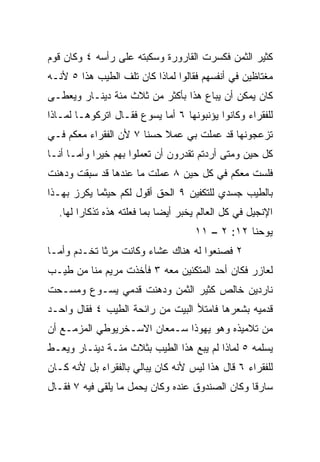 ‫ﻜﺜﻴﺭ ﺍﻟﺜﻤﻥ ﻓﻜﺴﺭﺕ ﺍﻟﻘﺎﺭﻭﺭﺓ ﻭﺴﻜﺒﺘﻪ ﻋﻠﻰ ﺭﺃﺴﻪ ٤ ﻭﻜﺎﻥ ﻗﻭﻡ‬
‫ﻤﻐﺘﺎﻅﻴﻥ ﻓﻲ ﺃﻨﻔﺴﻬﻡ ﻓﻘﺎﻟﻭﺍ ﻟﻤﺎﺫﺍ ﻜﺎﻥ ﺘﻠﻑ ﺍﻟﻁﻴﺏ ﻫﺫﺍ ٥ ﻷﻨـﻪ‬
‫ﻜﺎﻥ ﻴﻤﻜﻥ ﺃﻥ ‪‬ﺒﺎﻉ ﻫﺫﺍ ﺒﺄﻜﺜﺭ ﻤﻥ ﺜﻼﺙ ﻤﺌﺔ ﺩﻴﻨـﺎﺭ ﻭ ‪‬ﻌﻁـﻰ‬
    ‫ﻴ‬                                  ‫ﻴ‬
‫ﻟﻠﻔﻘﺭﺍﺀ ﻭﻜﺎﻨﻭﺍ ﻴﺅﻨﺒﻭﻨﻬﺎ ٦ ﺃﻤﺎ ﻴﺴﻭﻉ ﻓﻘـﺎل ﺍﺘﺭﻜﻭﻫـﺎ ﻟﻤـﺎﺫﺍ‬
‫ﺘﺯﻋﺠﻭﻨﻬﺎ ﻗﺩ ﻋﻤﻠﺕ ﺒﻲ ﻋﻤﻼ ﺤﺴﻨﺎ ٧ ﻷﻥ ﺍﻟﻔﻘﺭﺍﺀ ﻤﻌﻜﻡ ﻓـﻲ‬
                       ‫ﹰ ﹰ‬
‫ﻜل ﺤﻴﻥ ﻭﻤﺘﻰ ﺃﺭﺩﺘﻡ ﺘﻘﺩﺭﻭﻥ ﺃﻥ ﺘﻌﻤﻠﻭﺍ ﺒﻬﻡ ﺨﻴﺭﺍ ﻭﺃﻤـﺎ ﺃﻨـﺎ‬
            ‫‪‬‬
‫ﻓﻠﺴﺕ ﻤﻌﻜﻡ ﻓﻲ ﻜل ﺤﻴﻥ ٨ ﻋﻤﻠﺕ ﻤﺎ ﻋﻨﺩﻫﺎ ﻗﺩ ﺴﺒﻘﺕ ﻭﺩﻫﻨﺕ‬
‫ﺒﺎﻟﻁﻴﺏ ﺠﺴﺩﻱ ﻟﻠﺘﻜﻔﻴﻥ ٩ ﺍﻟﺤﻕ ﺃﻗﻭل ﻟﻜﻡ ﺤﻴﺜﻤﺎ ﻴﻜﺭﺯ ﺒﻬـﺫﺍ‬
  ‫ﺍﻹﻨﺠﻴل ﻓﻲ ﻜل ﺍﻟﻌﺎﻟﻡ ‪‬ﺨﺒﺭ ﺃﻴﻀﺎ ﺒﻤﺎ ﻓﻌﻠﺘﻪ ﻫﺫﻩ ﺘﺫﻜﺎﺭﺍ ﻟﻬﺎ.‬
        ‫‪‬‬                    ‫‪‬‬      ‫ﻴ‬
                                    ‫ﻴﻭﺤﻨﺎ ٢١: ٢ – ١١‬
‫٢ ﻓﺼﻨﻌﻭﺍ ﻟﻪ ﻫﻨﺎﻙ ﻋﺸﺎﺀ ﻭﻜﺎﻨﺕ ﻤﺭﺜﺎ ﺘﺨـﺩﻡ ﻭﺃ ‪‬ـﺎ‬
  ‫ﻤ‬                     ‫‪‬‬
‫ﻟﻌﺎﺯﺭ ﻓﻜﺎﻥ ﺃﺤﺩ ﺍﻟﻤﺘﻜﺌﻴﻥ ﻤﻌﻪ ٣ ﻓﺄﺨﺫﺕ ﻤﺭﻴﻡ ﻤﻨﺎ ﻤﻥ ﻁﻴـﺏ‬
         ‫ﹰ‬
‫ﻨﺎﺭﺩﻴﻥ ﺨﺎﻟﺹ ﻜﺜﻴﺭ ﺍﻟﺜﻤﻥ ﻭﺩﻫﻨﺕ ﻗﺩﻤﻲ ﻴﺴـﻭﻉ ﻭﻤﺴـﺤﺕ‬
‫ﻗﺩﻤﻴﻪ ﺒﺸﻌﺭﻫﺎ ﻓﺎﻤﺘﻸ ﺍﻟﺒﻴﺕ ﻤﻥ ﺭﺍﺌﺤﺔ ﺍﻟﻁﻴﺏ ٤ ﻓﻘﺎل ﻭﺍﺤـﺩ‬
‫‪‬‬
‫ﻤﻥ ﺘﻼﻤﻴﺫﻩ ﻭﻫﻭ ﻴﻬﻭﺫﺍ ﺴـﻤﻌﺎﻥ ﺍﻻﺴـﺨﺭﻴﻭﻁﻲ ﺍﻟﻤﺯﻤـﻊ ﺃﻥ‬
‫ﻴﺴﻠﻤﻪ ٥ ﻟﻤﺎﺫﺍ ﻟﻡ ‪‬ﺒﻊ ﻫﺫﺍ ﺍﻟﻁﻴﺏ ﺒﺜﻼﺙ ﻤﺌـﺔ ﺩﻴﻨـﺎﺭ ﻭ ‪‬ﻌـﻁ‬
   ‫ﻴ‬                                ‫ﻴ‬
‫ﻟﻠﻔﻘﺭﺍﺀ ٦ ﻗﺎل ﻫﺫﺍ ﻟﻴﺱ ﻷﻨﻪ ﻜﺎﻥ ﻴﺒﺎﻟﻲ ﺒﺎﻟﻔﻘﺭﺍﺀ ﺒل ﻷﻨﻪ ﻜـﺎﻥ‬
‫ﺴﺎﺭﻗﺎ ﻭﻜﺎﻥ ﺍﻟﺼﻨﺩﻭﻕ ﻋﻨﺩﻩ ﻭﻜﺎﻥ ﻴﺤﻤل ﻤﺎ ‪‬ﻠﻘﻰ ﻓﻴﻪ ٧ ﻓﻘـﺎل‬
               ‫ﻴ‬                                 ‫ﹰ‬
 