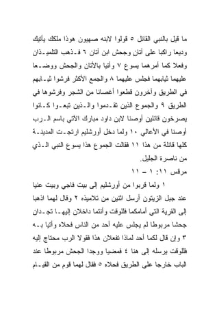 ‫ﻤﺎ ﻗﻴل ﺒﺎﻟﻨﺒﻲ ﺍﻟﻘﺎﺌل ٥ ﻗﻭﻟﻭﺍ ﻻﺒﻨﻪ ﺼﻬﻴﻭﻥ ﻫﻭﺫﺍ ﻤﻠﻜﻙ ﻴﺄﺘﻴﻙ‬
‫ﻭﺩﻴﻌﺎ ﺭﺍﻜﺒﺎ ﻋﻠﻰ ﺃﺘﺎﻥ ﻭﺠﺤﺵ ﺍﺒﻥ ﺃﺘﺎﻥ ٦ ﻓـﺫﻫﺏ ﺍﻟﺘﻠﻤﻴـﺫﺍﻥ‬
                                 ‫ٍ‬         ‫‪‬‬     ‫‪‬‬
‫ﻭﻓﻌﻼ ﻜﻤﺎ ﺃﻤﺭﻫﻤﺎ ﻴﺴﻭﻉ ٧ ﻭﺃﺘﻴﺎ ﺒﺎﻷﺘﺎﻥ ﻭﺍﻟﺠﺤﺵ ﻭﻭﻀـﻌﺎ‬
‫ﻋﻠﻴﻬﻤﺎ ﺜﻴﺎﺒﻬﻤﺎ ﻓﺠﻠﺱ ﻋﻠﻴﻬﻤﺎ ٨ ﻭﺍﻟﺠﻤﻊ ﺍﻷﻜﺜﺭ ﻓﺭﺸﻭﺍ ﺜﻴـﺎﺒﻬﻡ‬
‫ﻓﻲ ﺍﻟﻁﺭﻴﻕ ﻭﺁﺨﺭﻭﻥ ﻗﻁﻌﻭﺍ ﺃﻏﺼﺎﻨﺎ ﻤﻥ ﺍﻟﺸﺠﺭ ﻭﻓﺭﺸﻭﻫﺎ ﻓﻲ‬
                     ‫ﹰ‬
‫ﺍﻟﻁﺭﻴﻕ ٩ ﻭﺍﻟﺠﻤﻭﻉ ﺍﻟﺫﻴﻥ ﺘﻘـﺩﻤﻭﺍ ﻭﺍﻟـﺫﻴﻥ ﺘﺒﻌـﻭﺍ ﻜـﺎﻨﻭﺍ‬
‫ﻴﺼﺭﺨﻭﻥ ﻗﺎﺌﻠﻴﻥ ﺃﻭﺼﻨﺎ ﻻﺒﻥ ﺩﺍﻭﺩ ﻤﺒﺎﺭﻙ ﺍﻵﺘﻲ ﺒﺎﺴﻡ ﺍﻟـﺭﺏ‬
‫ﺃﻭﺼﻨﺎ ﻓﻲ ﺍﻷﻋﺎﻟﻲ ٠١ ﻭﻟﻤﺎ ﺩﺨل ﺃﻭﺭﺸﻠﻴﻡ ﺍﺭﺘﺠـﺕ ﺍﻟﻤﺩﻴﻨـﺔ‬
‫ﻜﻠﻬﺎ ﻗﺎﺌﻠﺔ ﻤﻥ ﻫﺫﺍ ١١ ﻓﻘﺎﻟﺕ ﺍﻟﺠﻤﻭﻉ ﻫﺫﺍ ﻴﺴﻭﻉ ﺍﻟﻨﺒﻲ ﺍﻟـﺫﻱ‬
                                       ‫ﻤﻥ ﻨﺎﺼﺭﺓ ﺍﻟﺠﻠﻴل.‬
                                    ‫ﻤﺭﻗﺱ ١١: ١ – ١١‬
‫١ ﻭﻟﻤﺎ ﻗﺭﺒﻭﺍ ﻤﻥ ﺃﻭﺭﺸﻠﻴﻡ ﺇﻟﻰ ﺒﻴﺕ ﻓﺎﺠﻲ ﻭﺒﻴﺕ ﻋﻨﻴﺎ‬
‫ﻋﻨﺩ ﺠﺒل ﺍﻟﺯﻴﺘﻭﻥ ﺃﺭﺴل ﺍﺜﻨﻴﻥ ﻤﻥ ﺘﻼﻤﻴﺫﻩ ٢ ﻭﻗﺎل ﻟﻬﻤﺎ ﺍﺫﻫﺒﺎ‬
‫ﺇﻟﻰ ﺍﻟﻘﺭﻴﺔ ﺍﻟﺘﻲ ﺃﻤﺎﻤﻜﻤﺎ ﻓﻠﻠﻭﻗﺕ ﻭﺃﻨﺘﻤﺎ ﺩﺍﺨﻼﻥ ﺇﻟﻴﻬـﺎ ﺘﺠـﺩﺍﻥ‬
‫ﺠﺤﺸﺎ ﻤﺭﺒﻭﻁﺎ ﻟﻡ ﻴﺠﻠﺱ ﻋﻠﻴﻪ ﺃﺤﺩ ﻤﻥ ﺍﻟﻨﺎﺱ ﻓﺤﻼﻩ ﻭﺃﺘﻴﺎ ﺒـﻪ‬
                        ‫‪‬‬                 ‫ﹰ‬      ‫ﹰ‬
‫٣ ﻭﺇﻥ ﻗﺎل ﻟﻜﻤﺎ ﺃﺤﺩ ﻟﻤﺎﺫﺍ ﺘﻔﻌﻼﻥ ﻫﺫﺍ ﻓﻘﻭﻻ ﺍﻟﺭﺏ ﻤﺤﺘﺎﺝ ﺇﻟﻴﻪ‬
                                     ‫‪‬‬
‫ﻓﻠﻠﻭﻗﺕ ﻴﺭﺴﻠﻪ ﺇﻟﻰ ﻫﻨﺎ ٤ ﻓﻤﻀﻴﺎ ﻭﻭﺠﺩﺍ ﺍﻟﺠﺤﺵ ﻤﺭﺒﻭﻁﺎ ﻋﻨﺩ‬
     ‫ﹰ‬
‫ﺍﻟﺒﺎﺏ ﺨﺎﺭﺠﺎ ﻋﻠﻰ ﺍﻟﻁﺭﻴﻕ ﻓﺤﻼﻩ ٥ ﻓﻘﺎل ﻟﻬﻤﺎ ﻗﻭﻡ ﻤﻥ ﺍﻟﻘﻴـﺎﻡ‬
                                            ‫‪‬‬
 