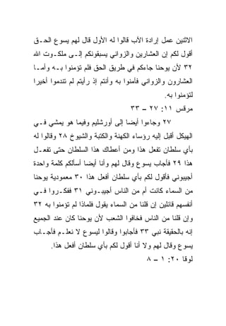 ‫ﺍﻻﺜﻨﻴﻥ ﻋﻤل ﺇﺭﺍﺩﺓ ﺍﻵﺏ ﻗﺎﻟﻭﺍ ﻟﻪ ﺍﻷﻭل ﻗﺎل ﻟﻬﻡ ﻴﺴﻭﻉ ﺍﻟﺤـﻕ‬
‫ﺃﻗﻭل ﻟﻜﻡ ﺇﻥ ﺍﻟﻌﺸﺎﺭﻴﻥ ﻭﺍﻟﺯﻭﺍﻨﻲ ﻴﺴﺒﻘﻭﻨﻜﻡ ﺇﻟـﻰ ﻤﻠﻜـﻭﺕ ﺍﷲ‬
‫٢٣ ﻷﻥ ﻴﻭﺤﻨﺎ ﺠﺎﺀﻜﻡ ﻓﻲ ﻁﺭﻴﻕ ﺍﻟﺤﻕ ﻓﻠﻡ ﺘﺅﻤﻨﻭﺍ ﺒـﻪ ﻭﺃﻤـﺎ‬
‫ﺍﻟﻌﺸﺎﺭﻭﻥ ﻭﺍﻟﺯﻭﺍﻨﻲ ﻓﺂﻤﻨﻭﺍ ﺒﻪ ﻭﺃﻨﺘﻡ ﺇﺫ ﺭﺃﻴﺘﻡ ﻟﻡ ﺘﻨﺩﻤﻭﺍ ﺃﺨﻴﺭﺍ‬
 ‫‪‬‬
                                                ‫ﻟﺘﺅﻤﻨﻭﺍ ﺒﻪ.‬
                                   ‫ﻤﺭﻗﺱ ١١: ٧٢ – ٣٣‬
‫٧٢ ﻭﺠﺎﺀﻭﺍ ﺃﻴﻀﺎ ﺇﻟﻰ ﺃﻭﺭﺸﻠﻴﻡ ﻭﻓﻴﻤﺎ ﻫﻭ ﻴﻤﺸﻲ ﻓـﻲ‬
                               ‫‪‬‬
‫ﺍﻟﻬﻴﻜل ﺃﻗﺒل ﺇﻟﻴﻪ ﺭﺅﺴﺎﺀ ﺍﻟﻜﻬﻨﺔ ﻭﺍﻟﻜﺘﺒﺔ ﻭﺍﻟﺸﻴﻭﺥ ٨٢ ﻭﻗﺎﻟﻭﺍ ﻟﻪ‬
‫ﺒﺄﻱ ﺴﻠﻁﺎﻥ ﺘﻔﻌل ﻫﺫﺍ ﻭﻤﻥ ﺃﻋﻁﺎﻙ ﻫﺫﺍ ﺍﻟﺴﻠﻁﺎﻥ ﺤﺘﻰ ﺘﻔﻌـل‬
‫ﻫﺫﺍ ٩٢ ﻓﺄﺠﺎﺏ ﻴﺴﻭﻉ ﻭﻗﺎل ﻟﻬﻡ ﻭﺃﻨﺎ ﺃﻴﻀﺎ ﺃﺴﺄﻟﻜﻡ ﻜﻠﻤﺔ ﻭﺍﺤﺩﺓ‬
                   ‫‪‬‬
‫ﺃﺠﻴﺒﻭﻨﻲ ﻓﺄﻗﻭل ﻟﻜﻡ ﺒﺄﻱ ﺴﻠﻁﺎﻥ ﺃﻓﻌل ﻫﺫﺍ ٠٣ ﻤﻌﻤﻭﺩﻴﺔ ﻴﻭﺤﻨﺎ‬
‫ﻤﻥ ﺍﻟﺴﻤﺎﺀ ﻜﺎﻨﺕ ﺃﻡ ﻤﻥ ﺍﻟﻨﺎﺱ ﺃﺠﻴﺒـﻭﻨﻲ ١٣ ﻓﻔﻜـﺭﻭﺍ ﻓـﻲ‬
‫ﺃﻨﻔﺴﻬﻡ ﻗﺎﺌﻠﻴﻥ ﺇﻥ ﻗﻠﻨﺎ ﻤﻥ ﺍﻟﺴﻤﺎﺀ ﻴﻘﻭل ﻓﻠﻤﺎﺫﺍ ﻟﻡ ﺘﺅﻤﻨﻭﺍ ﺒﻪ ٢٣‬
‫ﻭﺇﻥ ﻗﻠﻨﺎ ﻤﻥ ﺍﻟﻨﺎﺱ ﻓﺨﺎﻓﻭﺍ ﺍﻟﺸﻌﺏ ﻷﻥ ﻴﻭﺤﻨﺎ ﻜﺎﻥ ﻋﻨﺩ ﺍﻟﺠﻤﻴﻊ‬
‫ﺇﻨﻪ ﺒﺎﻟﺤﻘﻴﻘﺔ ﻨﺒﻲ ٣٣ ﻓﺄﺠﺎﺒﻭﺍ ﻭﻗﺎﻟﻭﺍ ﻟﻴﺴﻭﻉ ﻻ ﻨﻌﻠـﻡ ﻓﺄﺠـﺎﺏ‬
      ‫ﻴﺴﻭﻉ ﻭﻗﺎل ﻟﻬﻡ ﻭﻻ ﺃﻨﺎ ﺃﻗﻭل ﻟﻜﻡ ﺒﺄﻱ ﺴﻠﻁﺎﻥ ﺃﻓﻌل ﻫﺫﺍ.‬
                                         ‫ﻟﻭﻗﺎ ٠٢: ١ – ٨‬
 