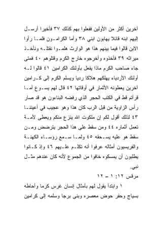 ‫ﺁﺨﺭﻴﻥ ﺃﻜﺜﺭ ﻤﻥ ﺍﻷﻭﻟﻴﻥ ﻓﻔﻌﻠﻭﺍ ﺒﻬﻡ ﻜﺫﻟﻙ ٧٣ ﻓﺄﺨﻴﺭﺍ ﺃﺭﺴـل‬
       ‫‪‬‬
‫ﺇﻟﻴﻬﻡ ﺍﺒﻨﻪ ﻗﺎﺌﻼ ﻴﻬﺎﺒﻭﻥ ﺍﺒﻨﻲ ٨٣ ﻭﺃﻤﺎ ﺍﻟﻜﺭﺍﻤـﻭﻥ ﻓﻠﻤـﺎ ﺭﺃﻭﺍ‬
                                         ‫ﹰ‬
‫ﺍﻻﺒﻥ ﻗﺎﻟﻭﺍ ﻓﻴﻤﺎ ﺒﻴﻨﻬﻡ ﻫﺫﺍ ﻫﻭ ﺍﻟﻭﺍﺭﺙ ﻫﻠﻤـﻭﺍ ﻨﻘﺘﻠـﻪ ﻭﻨﺄﺨـﺫ‬
‫ﻤﻴﺭﺍﺜﻪ ٩٣ ﻓﺄﺨﺫﻭﻩ ﻭﺃﺨﺭﺠﻭﻩ ﺨﺎﺭﺝ ﺍﻟﻜﺭﻡ ﻭﻗﺘﻠﻭﻫﻡ ٠٤ ﻓﻤﺘﻰ‬
‫ﺠﺎﺀ ﺼﺎﺤﺏ ﺍﻟﻜﺭﻡ ﻤﺎﺫﺍ ﻴﻔﻌل ﺒﺄﻭﻟﺌﻙ ﺍﻟﻜﺭﺍﻤﻴﻥ ١٤ ﻗﺎﻟﻭﺍ ﻟـﻪ‬
‫ﺃﻭﻟﺌﻙ ﺍﻷﺭﺩﻴﺎﺀ ﻴﻬﻠﻜﻬﻡ ﻫﻼﻜﺎ ﺭﺩﻴﺎ ﻭﻴﺴﻠﻡ ﺍﻟﻜﺭﻡ ﺇﻟﻰ ﻜـﺭﺍﻤﻴﻥ‬
                         ‫ﹰ ‪‬‬
‫ﺁﺨﺭﻴﻥ ﻴﻌﻁﻭﻨﻪ ﺍﻷﺜﻤﺎﺭ ﻓﻲ ﺃﻭﻗﺎﺘﻬﺎ ٢٤ ﻗﺎل ﻟﻬﻡ ﻴﺴـﻭﻉ ﺃﻤـﺎ‬
‫ﻗﺭﺃﺘﻡ ﻗﻁ ﻓﻲ ﺍﻟﻜﺘﺏ ﺍﻟﺤﺠﺭ ﺍﻟﺫﻱ ﺭﻓﻀﻪ ﺍﻟﺒﻨﺎﺀﻭﻥ ﻫﻭ ﻗﺩ ﺼﺎﺭ‬
‫ﺭﺃﺱ ﺍﻟﺯﺍﻭﻴﺔ ﻤﻥ ﻗﺒل ﺍﻟﺭﺏ ﻜﺎﻥ ﻫﺫﺍ ﻭﻫﻭ ﻋﺠﻴﺏ ﻓﻲ ﺃﻋﻴﻨﻨـﺎ‬
‫٣٤ ﻟﺫﻟﻙ ﺃﻗﻭل ﻟﻜﻡ ﺇﻥ ﻤﻠﻜﻭﺕ ﺍﷲ ﻴﻨﺯﻉ ﻤﻨﻜﻡ ﻭﻴﻌﻁﻰ ﻷﻤـﺔ‬
‫ﺘﻌﻤل ﺃﺜﻤﺎﺭﻩ ٤٤ ﻭﻤﻥ ﺴﻘﻁ ﻋﻠﻰ ﻫﺫﺍ ﺍﻟﺤﺠﺭ ﻴﺘﺭﻀﺽ ﻭﻤـﻥ‬
‫ﺴﻘﻁ ﻫﻭ ﻋﻠﻴﻪ ﻴﺴـﺤﻘﻪ ٥٤ ﻭﻟﻤـﺎ ﺴـﻤﻊ ﺭﺅﺴـﺎﺀ ﺍﻟﻜﻬﻨـﺔ‬
‫ﻭﺍﻟﻔﺭﻴﺴﻴﻭﻥ ﺃﻤﺜﺎﻟﻪ ﻋﺭﻓﻭﺍ ﺃﻨﻪ ﺘﻜﻠـﻡ ﻋﻠـﻴﻬﻡ ٦٤ ﻭﺇﺫ ﻜـﺎﻨﻭﺍ‬
‫ﻴﻁﻠﺒﻭﻥ ﺃﻥ ﻴﻤﺴﻜﻭﻩ ﺨﺎﻓﻭﺍ ﻤﻥ ﺍﻟﺠﻤﻭﻉ ﻷﻨﻪ ﻜﺎﻥ ﻋﻨﺩﻫﻡ ﻤﺜـل‬
                                                   ‫ﻨﺒﻲ.‬
                                   ‫ﻤﺭﻗﺱ ٢١: ١ – ٢١‬
‫١ ﻭﺍﺒﺘﺩﺃ ﻴﻘﻭل ﻟﻬﻡ ﺒﺄﻤﺜﺎل ﺇﻨﺴﺎﻥ ﻏﺭﺱ ﻜﺭﻤﺎ ﻭﺃﺤﺎﻁﻪ‬
        ‫‪‬‬
‫ﺒﺴﻴﺎﺝ ﻭﺤﻔﺭ ﺤﻭﺽ ﻤﻌﺼﺭﻩ ﻭﺒﻨﻰ ﺒﺭﺠﺎ ﻭﺴﻠﻤﻪ ﺇﻟﻰ ﻜﺭﺍﻤﻴﻥ‬
                  ‫‪‬‬
 