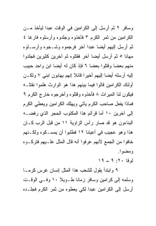 ‫ﻭﺴﺎﻓﺭ ٢ ﺜﻡ ﺃﺭﺴل ﺇﻟﻰ ﺍﻟﻜﺭﺍﻤﻴﻥ ﻓﻲ ﺍﻟﻭﻗﺕ ﻋﺒﺩﺍ ﻟﻴﺄﺨﺫ ﻤـﻥ‬
           ‫‪‬‬
‫ﺍﻟﻜﺭﺍﻤﻴﻥ ﻤﻥ ﺜﻤﺭ ﺍﻟﻜﺭﻡ ٣ ﻓﺄﺨﺫﻭﻩ ﻭﺠﻠﺩﻭﻩ ﻭﺃﺭﺴﻠﻭﻩ ﻓﺎﺭﻏﺎ ٤‬
   ‫ﹰ‬
‫ﺜﻡ ﺃﺭﺴل ﺇﻟﻴﻬﻡ ﺃﻴﻀﺎ ﻋﺒﺩﺍ ﺁﺨﺭ ﻓﺭﺠﻤﻭﻩ ﻭﺸـﺠﻭﻩ ﻭﺃﺭﺴـﻠﻭﻩ‬
                            ‫‪‬‬    ‫‪‬‬
‫ﻤﻬﺎﻨﺎ ٥ ﺜﻡ ﺃﺭﺴل ﺃﻴﻀﺎ ﺁﺨﺭ ﻓﻘﺘﻠﻭﻩ ﺜﻡ ﺁﺨﺭﻴﻥ ﻜﺜﻴﺭﻴﻥ ﻓﺠﻠﺩﻭﺍ‬
                                   ‫‪‬‬              ‫ﹰ‬
‫ﻤﻨﻬﻡ ﺒﻌﻀﺎ ﻭﻗﺘﻠﻭﺍ ﺒﻌﻀﺎ ٦ ﻓﺈﺫ ﻜﺎﻥ ﻟﻪ ﺃﻴﻀﺎ ﺍﺒﻥ ﻭﺍﺤﺩ ﺤﺒﻴﺏ‬
               ‫‪‬‬                 ‫‪‬‬           ‫‪‬‬
‫ﺇﻟﻴﻪ ﺃﺭﺴﻠﻪ ﺃﻴﻀﺎ ﺇﻟﻴﻬﻡ ﺃﺨﻴﺭﺍ ﻗﺎﺌﻼ ﺇﻨﻬﻡ ﻴﻬﺎﺒﻭﻥ ﺍﺒﻨﻲ ٧ ﻭﻟﻜـﻥ‬
                         ‫ﹰ‬     ‫‪‬‬           ‫‪‬‬
‫ﺃﻭﻟﺌﻙ ﺍﻟﻜﺭﺍﻤﻴﻥ ﻗﺎﻟﻭﺍ ﻓﻴﻤﺎ ﺒﻴﻨﻬﻡ ﻫﺫﺍ ﻫﻭ ﺍﻟﻭﺍﺭﺙ ﻫﻠﻤﻭﺍ ﻨﻘﺘﻠـﻪ‬
‫ﻓﻴﻜﻭﻥ ﻟﻨﺎ ﺍﻟﻤﻴﺭﺍﺙ ٨ ﻓﺄﺨﺫﻭﻩ ﻭﻗﺘﻠﻭﻩ ﻭﺃﺨﺭﺠﻭﻩ ﺨﺎﺭﺝ ﺍﻟﻜﺭﻡ ٩‬
‫ﻓﻤﺎﺫﺍ ﻴﻔﻌل ﺼﺎﺤﺏ ﺍﻟﻜﺭﻡ ﻴﺄﺘﻲ ﻭﻴﻬﻠﻙ ﺍﻟﻜﺭﺍﻤﻴﻥ ﻭﻴﻌﻁﻲ ﺍﻟﻜﺭﻡ‬
‫ﺇﻟﻰ ﺁﺨﺭﻴﻥ ٠١ ﺃﻤﺎ ﻗﺭﺃﺘﻡ ﻫﺫﺍ ﺍﻟﻤﻜﺘﻭﺏ ﺍﻟﺤﺠﺭ ﺍﻟﺫﻱ ﺭﻓﻀـﻪ‬
‫ﺍﻟﺒﻨﺎﺀﻭﻥ ﻫﻭ ﻗﺩ ﺼﺎﺭ ﺭﺃﺱ ﺍﻟﺯﺍﻭﻴﺔ ١١ ﻤﻥ ﻗﺒل ﺍﻟﺭﺏ ﻜـﺎﻥ‬
‫ﻫﺫﺍ ﻭﻫﻭ ﻋﺠﻴﺏ ﻓﻲ ﺃﻋﻴﻨﻨﺎ ٢١ ﻓﻁﻠﺒﻭﺍ ﺃﻥ ﻴﻤﺴـﻜﻭﻩ ﻭﻟﻜـﻨﻬﻡ‬
‫ﺨﺎﻓﻭﺍ ﻤﻥ ﺍﻟﺠﻤﻊ ﻷﻨﻬﻡ ﻋﺭﻓﻭﺍ ﺃﻨﻪ ﻗﺎل ﺍﻟﻤﺜل ﻋﻠـﻴﻬﻡ ﻓﺘﺭﻜـﻭﻩ‬
                                                  ‫ﻭﻤﻀﻭﺍ.‬
                                       ‫ﻟﻭﻗﺎ ٠٢: ٩ – ٩١‬
‫٩ ﻭﺍﺒﺘﺩﺃ ﻴﻘﻭل ﻟﻠﺸﻌﺏ ﻫﺫﺍ ﺍﻟﻤﺜل ﺇﻨﺴﺎﻥ ﻏﺭﺱ ﻜﺭ ‪‬ـﺎ‬
  ‫ﻤ‬
‫ﻭﺴﻠﻤﻪ ﺇﻟﻰ ﻜﺭﺍﻤﻴﻥ ﻭﺴﺎﻓﺭ ﺯﻤﺎﻨﺎ ﻁـﻭﻴﻼ ٠١ ﻭﻓـﻲ ﺍﻟﻭﻗـﺕ‬
               ‫ﹰ‬      ‫ﹰ‬
‫ﺃﺭﺴل ﺇﻟﻰ ﺍﻟﻜﺭﺍﻤﻴﻥ ﻋﺒﺩﺍ ﻟﻜﻲ ﻴﻌﻁﻭﻩ ﻤﻥ ﺜﻤﺭ ﺍﻟﻜﺭﻡ ﻓﺠﻠـﺩﻩ‬
                               ‫‪‬‬
 