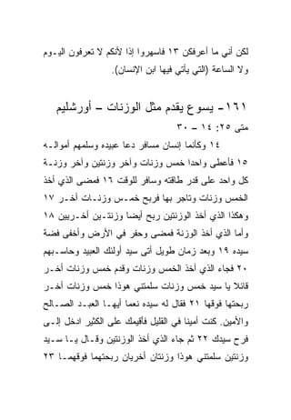 ‫ﻟﻜﻥ ﺃﻨﻲ ﻤﺎ ﺃﻋﺭﻓﻜﻥ ٣١ ﻓﺎﺴﻬﺭﻭﺍ ﺇﺫﺍ ﻷﻨﻜﻡ ﻻ ﺘﻌﺭﻓﻭﻥ ﺍﻟﻴـﻭﻡ‬
                      ‫ﹰ‬
                  ‫ﻭﻻ ﺍﻟﺴﺎﻋﺔ )ﺍﻟﺘﻲ ﻴﺄﺘﻲ ﻓﻴﻬﺎ ﺍﺒﻥ ﺍﻹﻨﺴﺎﻥ(.‬


   ‫١٦١- ﻴﺴﻭﻉ ﻴﻘﺩﻡ ﻤﺜل ﺍﻟﻭﺯﻨﺎﺕ – ﺃﻭﺭﺸﻠﻴﻡ‬
                                    ‫ﻤﺘﻰ ٥٢: ٤١ – ٠٣‬
                                                 ‫ﹼ‬
‫٤١ ﻭﻜﺄﻨﻤﺎ ﺇﻨﺴﺎﻥ ﻤﺴﺎﻓﺭ ﺩﻋﺎ ﻋﺒﻴﺩﻩ ﻭﺴﻠﻤﻬﻡ ﺃﻤﻭﺍﻟـﻪ‬
                         ‫‪‬‬     ‫‪‬‬
‫٥١ ﻓﺄﻋﻁﻰ ﻭﺍﺤﺩﺍ ﺨﻤﺱ ﻭﺯﻨﺎﺕ ﻭﺁﺨﺭ ﻭﺯﻨﺘﻴﻥ ﻭﺁﺨﺭ ﻭﺯﻨـﺔ‬
                                  ‫‪‬‬
‫ﻜل ﻭﺍﺤﺩ ﻋﻠﻰ ﻗﺩﺭ ﻁﺎﻗﺘﻪ ﻭﺴﺎﻓﺭ ﻟﻠﻭﻗﺕ ٦١ ﻓﻤﻀﻰ ﺍﻟﺫﻱ ﺃﺨﺫ‬
‫ﺍﻟﺨﻤﺱ ﻭﺯﻨﺎﺕ ﻭﺘﺎﺠﺭ ﺒﻬﺎ ﻓﺭﺒﺢ ﺨﻤـﺱ ﻭﺯﻨـﺎﺕ ﺃﺨـﺭ ٧١‬
‫ﻭﻫﻜﺫﺍ ﺍﻟﺫﻱ ﺃﺨﺫ ﺍﻟﻭﺯﻨﺘﻴﻥ ﺭﺒﺢ ﺃﻴﻀﺎ ﻭﺯﻨﺘـﻴﻥ ﺃﺨـﺭﻴﻴﻥ ٨١‬
                    ‫‪‬‬
‫ﻭﺃﻤﺎ ﺍﻟﺫﻱ ﺃﺨﺫ ﺍﻟﻭﺯﻨﺔ ﻓﻤﻀﻰ ﻭﺤﻔﺭ ﻓﻲ ﺍﻷﺭﺽ ﻭﺃﺨﻔﻰ ﻓﻀﺔ‬
‫ﺴﻴﺩﻩ ٩١ ﻭﺒﻌﺩ ﺯﻤﺎﻥ ﻁﻭﻴل ﺃﺘﻰ ﺴﻴﺩ ﺃﻭﻟﺌﻙ ﺍﻟﻌﺒﻴﺩ ﻭﺤﺎﺴـﺒﻬﻡ‬
‫٠٢ ﻓﺠﺎﺀ ﺍﻟﺫﻱ ﺃﺨﺫ ﺍﻟﺨﻤﺱ ﻭﺯﻨﺎﺕ ﻭﻗ ‪‬ﻡ ﺨﻤﺱ ﻭﺯﻨﺎﺕ ﺃﺨـﺭ‬
                ‫ﺩ‬
‫ﻗﺎﺌﻼ ﻴﺎ ﺴﻴﺩ ﺨﻤﺱ ﻭﺯﻨﺎﺕ ﺴﻠﻤﺘﻨﻲ ﻫﻭﺫﺍ ﺨﻤﺱ ﻭﺯﻨﺎﺕ ﺃﺨـﺭ‬
                                            ‫ﹰ‬
‫ﺭﺒﺤﺘﻬﺎ ﻓﻭﻗﻬﺎ ١٢ ﻓﻘﺎل ﻟﻪ ﺴﻴﺩﻩ ﻨﻌﻤﺎ ﺃﻴﻬـﺎ ﺍﻟﻌﺒـﺩ ﺍﻟﺼـﺎﻟﺢ‬
                      ‫‪‬‬
‫ﻭﺍﻷﻤﻴﻥ. ﻜﻨﺕ ﺃﻤﻴﻨﺎ ﻓﻲ ﺍﻟﻘﻠﻴل ﻓﺄﻗﻴﻤﻙ ﻋﻠﻰ ﺍﻟﻜﺜﻴﺭ ﺍﺩﺨل ﺇﻟـﻰ‬
                                       ‫ﹰ‬
‫ﻓﺭﺡ ﺴﻴﺩﻙ ٢٢ ﺜﻡ ﺠﺎﺀ ﺍﻟﺫﻱ ﺃﺨﺫ ﺍﻟﻭﺯﻨﺘﻴﻥ ﻭﻗـﺎل ﻴـﺎ ﺴـﻴﺩ‬
‫ﻭﺯﻨﺘﻴﻥ ﺴﻠﻤﺘﻨﻲ ﻫﻭﺫﺍ ﻭﺯﻨﺘﺎﻥ ﺃﺨﺭﻴﺎﻥ ﺭﺒﺤﺘﻬﻤﺎ ﻓﻭﻗﻬﻤـﺎ ٣٢‬
 