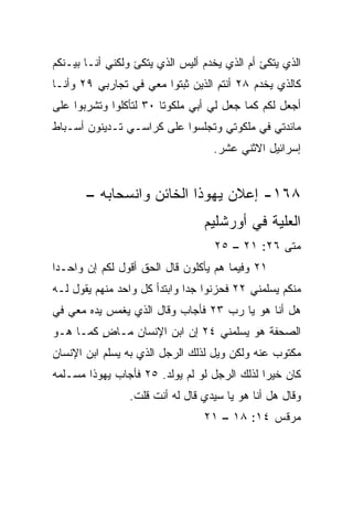 ‫ﺍﻟﺫﻱ ﻴﺘﻜﺊ ﺃﻡ ﺍﻟﺫﻱ ﻴﺨﺩﻡ ﺃﻟﻴﺱ ﺍﻟﺫﻱ ﻴﺘﻜﺊ ﻭﻟﻜﻨﻲ ﺃﻨـﺎ ﺒﻴـﻨﻜﻡ‬
‫ﻜﺎﻟﺫﻱ ﻴﺨﺩﻡ ٨٢ ﺃﻨﺘﻡ ﺍﻟﺫﻴﻥ ﺜﺒﺘﻭﺍ ﻤﻌﻲ ﻓﻲ ﺘﺠﺎﺭﺒﻲ ٩٢ ﻭﺃﻨـﺎ‬
‫ﺃﺠﻌل ﻟﻜﻡ ﻜﻤﺎ ﺠﻌل ﻟﻲ ﺃﺒﻲ ﻤﻠﻜﻭﺘﺎ ٠٣ ﻟﺘﺄﻜﻠﻭﺍ ﻭﺘﺸﺭﺒﻭﺍ ﻋﻠﻰ‬
                        ‫ﹰ‬
‫ﻤﺎﺌﺩﺘﻲ ﻓﻲ ﻤﻠﻜﻭﺘﻲ ﻭﺘﺠﻠﺴﻭﺍ ﻋﻠﻰ ﻜﺭﺍﺴـﻲ ﺘـﺩﻴﻨﻭﻥ ﺃﺴـﺒﺎﻁ‬
                                   ‫ﺇﺴﺭﺍﺌﻴل ﺍﻻﺜﻨﻲ ﻋﺸﺭ.‬


       ‫٨٦١- ﺇﻋﻼﻥ ﻴﻬﻭﺫﺍ ﺍﻟﺨﺎﺌﻥ ﻭﺍﻨﺴﺤﺎﺒﻪ –‬
                                 ‫ﺍﻟﻌﻠﻴﺔ ﻓﻲ ﺃﻭﺭﺸﻠﻴﻡ‬
                                   ‫ﻤﺘﻰ ٦٢: ١٢ – ٥٢‬
                                                ‫ﹼ‬
‫١٢ ﻭﻓﻴﻤﺎ ﻫﻡ ﻴﺄﻜﻠﻭﻥ ﻗﺎل ﺍﻟﺤﻕ ﺃﻗﻭل ﻟﻜﻡ ﺇﻥ ﻭﺍﺤـﺩﺍ‬
 ‫‪‬‬
‫ﻤﻨﻜﻡ ﻴﺴﻠﻤﻨﻲ ٢٢ ﻓﺤﺯﻨﻭﺍ ﺠﺩﺍ ﻭﺍﺒﺘﺩﺃ ﻜل ﻭﺍﺤﺩ ﻤﻨﻬﻡ ﻴﻘﻭل ﻟـﻪ‬
                              ‫‪‬‬
‫ﻫل ﺃﻨﺎ ﻫﻭ ﻴﺎ ﺭﺏ ٣٢ ﻓﺄﺠﺎﺏ ﻭﻗﺎل ﺍﻟﺫﻱ ﻴﻐﻤﺱ ﻴﺩﻩ ﻤﻌﻲ ﻓﻲ‬
‫ﺍﻟﺼﺤﻔﺔ ﻫﻭ ﻴﺴﻠﻤﻨﻲ ٤٢ ﺇﻥ ﺍﺒﻥ ﺍﻹﻨﺴﺎﻥ ﻤـﺎﺽ ﻜﻤـﺎ ﻫـﻭ‬
         ‫ٍ‬
‫ﻤﻜﺘﻭﺏ ﻋﻨﻪ ﻭﻟﻜﻥ ﻭﻴل ﻟﺫﻟﻙ ﺍﻟﺭﺠل ﺍﻟﺫﻱ ﺒﻪ ‪‬ﺴﻠﻡ ﺍﺒﻥ ﺍﻹﻨﺴﺎﻥ‬
              ‫ﻴ‬
‫ﻜﺎﻥ ﺨﻴﺭﺍ ﻟﺫﻟﻙ ﺍﻟﺭﺠل ﻟﻭ ﻟﻡ ‪‬ﻭﻟﺩ. ٥٢ ﻓﺄﺠﺎﺏ ﻴﻬﻭﺫﺍ ﻤ ‪‬ـﻠﻤﻪ‬
    ‫ﺴ‬                      ‫ﻴ‬                   ‫‪‬‬
                 ‫ﻭﻗﺎل ﻫل ﺃﻨﺎ ﻫﻭ ﻴﺎ ﺴﻴﺩﻱ ﻗﺎل ﻟﻪ ﺃﻨﺕ ﻗﻠﺕ.‬
                                 ‫ﻤﺭﻗﺱ ٤١: ٨١ – ١٢‬
 