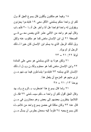 ‫٨١ ﻭﻓﻴﻤﺎ ﻫﻡ ﻤﺘﻜﺌﻭﻥ ﻴﺄﻜﻠﻭﻥ ﻗﺎل ﻴﺴﻭﻉ ﺍﻟﺤﻕ ﺃﻗـﻭل‬
‫ﻟﻜﻡ ﺇﻥ ﻭﺍﺤﺩﺍ ﻤﻨﻜﻡ ﻴﺴﻠﻤﻨﻲ ﺍﻵﻜل ﻤﻌﻲ ٩١ ﻓﺎﺒﺘﺩﺀﻭﺍ ﻴﺤﺯﻨﻭﻥ‬
                                         ‫‪‬‬
‫ﻭﻴﻘﻭﻟﻭﻥ ﻟﻪ ﻭﺍﺤﺩﺍ ﻓﻭﺍﺤﺩﺍ ﻫل ﺃﻨﺎ ﻭﺁﺨﺭ ﻫل ﺃﻨـﺎ ٠٢ ﻓﺄﺠـﺎﺏ‬
                               ‫‪‬‬      ‫‪‬‬
‫ﻭﻗﺎل ﻟﻬﻡ ﻫﻭ ﻭﺍﺤﺩ ﻤﻥ ﺍﻻﺜﻨﻲ ﻋﺸﺭ ﺍﻟﺫﻱ ﻴﻐﻤﺱ ﻤﻌـﻲ ﻓـﻲ‬
‫ﺍﻟﺼﺤﻔﺔ ١٢ ﺇﻥ ﺍﺒﻥ ﺍﻹﻨﺴﺎﻥ ﻤﺎﺽ ﻜﻤﺎ ﻫﻭ ﻤﻜﺘﻭﺏ ﻋﻨﻪ ﻭﻟﻜﻥ‬
                      ‫ٍ‬
‫ﻭﻴل ﻟﺫﻟﻙ ﺍﻟﺭﺠل ﺍﻟﺫﻱ ﺒﻪ ‪‬ﺴﻠﻡ ﺍﺒﻥ ﺍﻹﻨﺴﺎﻥ ﻜﺎﻥ ﺨﻴﺭﺍ ﻟـﺫﻟﻙ‬
       ‫‪‬‬                     ‫ﻴ‬
                                      ‫ﺍﻟﺭﺠل ﻟﻭ ﻟﻡ ﻴﻭﻟﺩ.‬
                                   ‫ﻟﻭﻗﺎ ٢٢: ١٢ – ٣٢‬
‫١٢ ﻭﻟﻜﻥ ﻫﻭﺫﺍ ﻴﺩ ﺍﻟﺫﻱ ﻴﺴﻠﻤﻨﻲ ﻫﻭ ﻤﻌﻲ ﻋﻠﻰ ﺍﻟﻤﺎﺌﺩﺓ‬
‫٢٢ ﻭﺍﺒﻥ ﺍﻹﻨﺴﺎﻥ ﻤﺎﺽ ﻜﻤﺎ ﻫﻭ ﻤﺤﺘﻭﻡ ﻭﻟﻜـﻥ ﻭﻴـل ﻟـﺫﻟﻙ‬
                 ‫‪‬‬            ‫ٍ‬
‫ﺍﻹﻨﺴﺎﻥ ﺍﻟﺫﻱ ﻴﺴﻠﻤﻪ ٣٢ ﻓﺎﺒﺘﺩﺀﻭﺍ ﻴﺘﺴﺎﺀﻟﻭﻥ ﻓﻴﻤﺎ ﺒﻴـﻨﻬﻡ ﻤـﻥ‬
                      ‫ﺘﺭﻯ ﻤﻨﻬﻡ ﻫﻭ ﺍﻟﻤﺯﻤﻊ ﺃﻥ ﻴﻔﻌل ﻫﺫﺍ.‬
                                 ‫ﻴﻭﺤﻨﺎ ٣١: ١٢ – ٥٣‬
‫١٢ ﻭﻟﻤﺎ ﻗﺎل ﻴﺴﻭﻉ ﻫﺫﺍ ﺍﻀﻁﺭﺏ ﺒـﺎﻟﺭﻭﺡ ﻭﺸـﻬﺩ‬
‫ﻭﻗﺎل ﺍﻟﺤﻕ ﺃﻗﻭل ﻟﻜﻡ ﺃﻥ ﻭﺍﺤﺩﺍ ﻤـﻨﻜﻡ ﺴﻴﺴـﻠﻤﻨﻲ ٢٢ ﻓﻜـﺎﻥ‬
                         ‫‪‬‬
‫ﺍﻟﺘﻼﻤﻴﺫ ﻴﻨﻅﺭﻭﻥ ﺒﻌﻀﻬﻡ ﺇﻟﻰ ﺒﻌﺽ ﻭﻫﻡ ﻤﺤﺘﺎﺭﻭﻥ ﻓﻲ ﻤـﻥ‬
‫ﻗﺎل ﻋﻨﻪ ٣٢ ﻭﻜﺎﻥ ﻤﺘﻜﺌﺎ ﻓﻲ ﺤﻀﻥ ﻴﺴﻭﻉ ﻭﺍﺤﺩ ﻤﻥ ﺘﻼﻤﻴـﺫﻩ‬
           ‫‪‬‬                 ‫ً‬
‫ﻜﺎﻥ ﻴﺴﻭﻉ ﻴﺤﺒﻪ ٤٢ ﻓﺄﻭﻤﺄ ﺇﻟﻴﻪ ﺴﻤﻌﺎﻥ ﺒﻁﺭﺱ ﺃﻥ ﻴﺴﺄل ﻤـﻥ‬
 