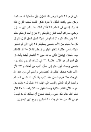 ‫ﺇﻟﻰ ﻓﺭﺡ ١٢ ﺍﻟﻤﺭﺃﺓ ﻭﻫﻲ ﺘﻠﺩ ﺘﺤﺯﻥ ﻷﻥ ﺴﺎﻋﺘﻬﺎ ﻗﺩ ﺠـﺎﺀﺕ‬
‫ﻭﻟﻜﻥ ﻤﺘﻰ ﻭﻟﺩﺕ ﺍﻟﻁﻔل ﻻ ﺘﻌﻭﺩ ﺘﺫﻜﺭ ﺍﻟﺸﺩﺓ ﻟﺴﺒﺏ ﺍﻟﻔﺭﺡ ﻷﻨﻪ‬
‫ﻗﺩ ﻭﻟﺩ ﺇﻨﺴﺎﻥ ﻓﻲ ﺍﻟﻌﺎﻟﻡ ٢٢ ﻓﺄﻨﺘﻡ ﻜﺫﻟﻙ ﻋﻨـﺩﻜﻡ ﺍﻵﻥ ﺤـﺯﻥ‬
‫‪‬‬
‫ﻭﻟﻜﻨﻲ ﺴﺄﺭﺍﻜﻡ ﺃﻴﻀﺎ ﻓﺘﻔﺭﺡ ﻗﻠﻭﺒﻜﻡ ﻭﻻ ﻴﻨﺯﻉ ﺃﺤﺩ ﻓﺭﺤﻜﻡ ﻤﻨﻜﻡ‬
                                     ‫‪‬‬
‫٣٢ ﻭﻓﻲ ﺫﻟﻙ ﺍﻟﻴﻭﻡ ﻻ ﺘﺴﺄﻟﻭﻨﻨﻲ ﺸﻴﺌﺎ ﺍﻟﺤﻕ ﺍﻟﺤﻕ ﺃﻗﻭل ﻟﻜﻡ ﺇﻥ‬
                       ‫ً‬
‫ﻜل ﻤﺎ ﻁﻠﺒﺘﻡ ﻤﻥ ﺍﻵﺏ ﺒﺎﺴﻤﻲ ﻴﻌﻁﻴﻜﻡ ٤٢ ﺇﻟﻰ ﺍﻵﻥ ﻟﻡ ﺘﻁﻠﺒﻭﺍ‬
‫ﺸﻴﺌﺎ ﺒﺎﺴﻤﻲ ﺍﻁﻠﺒﻭﺍ ﺘﺄﺨﺫﻭﺍ ﻟﻴﻜﻭﻥ ﻓﺭﺤﻜﻡ ﻜﺎﻤﻼ ٥٢ ﻗﺩ ﻜﻠﻤﺘﻜﻡ‬
             ‫ﹰ‬                                     ‫ً‬
‫ﺒﻬﺫﺍ ﺒﺄﻤﺜﺎل )ﻭﻟﻜﻥ( ﺘﺄﺘﻲ ﺴﺎﻋﺔ ﺤﻴﻥ ﻻ ﺃﻜﻠﻤﻜﻡ ﺃﻴﻀﺎ ﺒﺄﻤﺜـﺎل‬
         ‫‪‬‬
‫ﺒل ﺃﺨﺒﺭﻜﻡ ﻋﻥ ﺍﻵﺏ ﻋﻼﻨﻴﺔ ٦٢ ﻓﻲ ﺫﻟـﻙ ﺍﻟﻴـﻭﻡ ﺘﻁﻠﺒـﻭﻥ‬
‫ﺒﺎﺴﻤﻲ ﻭﻟﺴﺕ ﺃﻗﻭل ﻟﻜﻡ ﺇﻨﻲ ﺃﺴﺄل ﺍﻵﺏ ﻤﻥ ﺃﺠﻠﻜـﻡ ٧٢ ﻷﻥ‬
‫ﺍﻵﺏ ﻨﻔﺴﻪ ﻴﺤﺒﻜﻡ ﻷﻨﻜﻡ ﻗﺩ ﺃﺤﺒﺒﺘﻤﻭﻨﻲ ﻭﺁﻤﻨﺘﻡ ﺃﻨﻲ ﻤﻥ ﻋﻨﺩ ﺍﷲ‬
‫ﺨﺭﺠﺕ ٨٢ ﺨﺭﺠﺕ ﻤﻥ ﻋﻨﺩ ﺍﻵﺏ ﻭﻗﺩ ﺃﺘﻴـﺕ ﺇﻟـﻰ ﺍﻟﻌـﺎﻟﻡ‬
‫ﻭﺃﻴﻀﺎ ﺃﺘﺭﻙ ﺍﻟﻌﺎﻟﻡ ﻭﺃﺫﻫﺏ ﺇﻟﻰ ﺍﻵﺏ ٩٢ ﻓﻘﺎل ﻟـﻪ ﺘﻼﻤﻴـﺫﻩ‬
                                               ‫‪‬‬
‫ﻫﻭ ﺫﺍ ﺍﻵﻥ ﺘﺘﻜﻠﻡ ﻋﻼﻨﻴﺔ ﻭﻟﺴﺕ ﺘﻘﻭل ﻤـﺜﻼ ﻭﺍﺤـﺩﺍ ٠٣ ﺍﻵﻥ‬
        ‫‪‬‬     ‫ﹰ‬
‫ﻨﻌﻠﻡ ﺃﻨﻙ ﻋﺎﻟﻡ ﺒﻜل ﺸﻲﺀ ﻭﻟﺴﺕ ﺘﺤﺘﺎﺝ ﺃﻥ ﻴﺴﺄﻟﻙ ﺃﺤـﺩ ﻟﻬـﺫﺍ‬
                                       ‫‪‬‬
   ‫ﻨﺅﻤﻥ ﺃﻨﻙ ﻤﻥ ﺍﷲ ﺨﺭﺠﺕ ١٣ ﺃﺠﺎﺒﻬﻡ ﻴﺴﻭﻉ ﺍﻵﻥ ﺘﺅﻤﻨﻭﻥ.‬
 