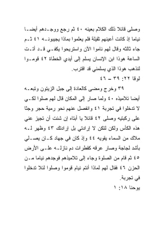 ‫ﻭﺼﻠﻰ ﻗﺎﺌﻼ ﺫﻟﻙ ﺍﻟﻜﻼﻡ ﺒﻌﻴﻨﻪ ٠٤ ﺜﻡ ﺭﺠﻊ ﻭﻭﺠـﺩﻫﻡ ﺃﻴ ‪‬ـﺎ‬
  ‫ﻀ‬                                      ‫ﹰ‬
‫ﻨﻴﺎﻤﺎ ﺇﺫ ﻜﺎﻨﺕ ﺃﻋﻴﻨﻬﻡ ﺜﻘﻴﻠﺔ ﻓﻠﻡ ﻴﻌﻠﻤﻭﺍ ﺒﻤﺎﺫﺍ ﻴﺠﻴﺒﻭﻨـﻪ ١٤ ﺜـﻡ‬
                                                       ‫‪‬‬
‫ﺠﺎﺀ ﺜﺎﻟﺜﻪ ﻭﻗﺎل ﻟﻬﻡ ﻨﺎﻤﻭﺍ ﺍﻵﻥ ﻭﺍﺴﺘﺭﻴﺤﻭﺍ ﻴﻜﻔـﻲ ﻗـﺩ ﺃﺘـﺕ‬
‫ﺍﻟﺴﺎﻋﺔ ﻫﻭﺫﺍ ﺍﺒﻥ ﺍﻹﻨﺴﺎﻥ ‪‬ﺴﻠﻡ ﺇﻟﻰ ﺃﻴﺩﻱ ﺍﻟﺨﻁﺎﺓ ٢٤ ﻗﻭﻤـﻭﺍ‬
                             ‫ﻴ‬
                        ‫ﻟﻨﺫﻫﺏ ﻫﻭﺫﺍ ﺍﻟﺫﻱ ﻴﺴﻠﻤﻨﻲ ﻗﺩ ﺍﻗﺘﺭﺏ.‬
                                      ‫ﻟﻭﻗﺎ ٢٢: ٩٣ – ٦٤‬
‫٩٣ ﻭﺨﺭﺝ ﻭﻤﻀﻰ ﻜﺎﻟﻌﺎﺩﺓ ﺇﻟﻰ ﺠﺒل ﺍﻟﺯﻴﺘﻭﻥ ﻭﺘﺒﻌـﻪ‬
‫ﺃﻴﻀﺎ ﺘﻼﻤﻴﺫﻩ ٠٤ ﻭﻟﻤﺎ ﺼﺎﺭ ﺇﻟﻰ ﺍﻟﻤﻜﺎﻥ ﻗﺎل ﻟﻬﻡ ﺼﻠﻭﺍ ﻟﻜـﻲ‬
                                                 ‫‪‬‬
‫ﻻ ﺘﺩﺨﻠﻭﺍ ﻓﻲ ﺘﺠﺭﺒﺔ ١٤ ﻭﺍﻨﻔﺼل ﻋﻨﻬﻡ ﻨﺤﻭ ﺭﻤﻴﺔ ﺤﺠﺭ ﻭﺠﺜﺎ‬
‫ﻋﻠﻰ ﺭﻜﺒﺘﻴﻪ ﻭﺼﻠﻰ ٢٤ ﻗﺎﺌﻼ ﻴﺎ ﺃﺒﺘﺎﻩ ﺇﻥ ﺸﺌﺕ ﺃﻥ ﺘﺠﻴﺯ ﻋﻨﻲ‬
                            ‫ﹰ‬
‫ﻫﺫﻩ ﺍﻟﻜﺄﺱ ﻭﻟﻜﻥ ﻟﺘﻜﻥ ﻻ ﺇﺭﺍﺩﺘﻲ ﺒل ﺇﺭﺍﺩﺘﻙ ٣٤ ﻭﻅﻬﺭ ﻟـﻪ‬
‫ﻤﻼﻙ ﻤﻥ ﺍﻟﺴﻤﺎﺀ ﻴﻘﻭﻴﻪ ٤٤ ﻭﺇﺫ ﻜﺎﻥ ﻓﻲ ﺠﻬﺎﺩ ﻜـﺎﻥ ﻴﺼـﻠﻲ‬
                                              ‫‪‬‬
‫ﺒﺄﺸﺩ ﻟﺠﺎﺠﺔ ﻭﺼﺎﺭ ﻋﺭﻗﻪ ﻜﻘﻁﺭﺍﺕ ﺩﻡ ﻨﺎﺯﻟـﻪ ﻋﻠـﻰ ﺍﻷﺭﺽ‬
                 ‫ٍ‬
‫٥٤ ﺜﻡ ﻗﺎﻡ ﻤﻥ ﺍﻟﺼﻠﻭﺓ ﻭﺠﺎﺀ ﺇﻟﻰ ﺘﻼﻤﻴﺫﻫﻡ ﻓﻭﺠﺩﻫﻡ ﻨﻴﺎﻤﺎ ﻤـﻥ‬
     ‫‪‬‬
‫ﺍﻟﺤﺯﻥ ٦٤ ﻓﻘﺎل ﻟﻬﻡ ﻟﻤﺎﺫﺍ ﺃﻨﺘﻡ ﻨﻴﺎﻡ ﻗﻭﻤﻭﺍ ﻭﺼﻠﻭﺍ ﻟﺌﻼ ﺘﺩﺨﻠﻭﺍ‬
                                                ‫ﻓﻲ ﺘﺠﺭﺒﺔ.‬
                                             ‫ﻴﻭﺤﻨﺎ ٨١: ١‬
 