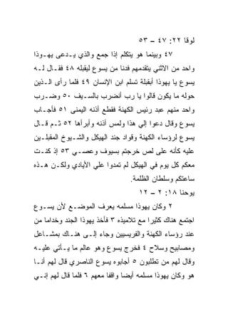 ‫ﻟﻭﻗﺎ ٢٢: ٧٤ – ٣٥‬
‫٧٤ ﻭﺒﻴﻨﻤﺎ ﻫﻭ ﻴﺘﻜﻠﻡ ﺇﺫﺍ ﺠﻤﻊ ﻭﺍﻟﺫﻱ ‪‬ـﺩﻋﻰ ﻴﻬـﻭﺫﺍ‬
           ‫ﻴ‬       ‫‪‬‬
‫ﻭﺍﺤﺩ ﻤﻥ ﺍﻻﺜﻨﻲ ﻴﺘﻘﺩﻤﻬﻡ ﻓﺩﻨﺎ ﻤﻥ ﻴﺴﻭﻉ ﻟﻴﻘﺒﻠﻪ ٨٤ ﻓﻘـﺎل ﻟـﻪ‬
               ‫‪‬‬
‫ﻴﺴﻭﻉ ﻴﺎ ﻴﻬﻭﺫﺍ ﺃﺒﻘﺒﻠﺔ ﺘﺴﻠﻡ ﺍﺒﻥ ﺍﻹﻨﺴﺎﻥ ٩٤ ﻓﻠﻤﺎ ﺭﺃﻯ ﺍﻟـﺫﻴﻥ‬
‫ﺤﻭﻟﻪ ﻤﺎ ﻴﻜﻭﻥ ﻗﺎﻟﻭﺍ ﻴﺎ ﺭﺏ ﺃﻨﻀﺭﺏ ﺒﺎﻟﺴـﻴﻑ ٠٥ ﻭﻀـﺭﺏ‬
‫ﻭﺍﺤﺩ ﻤﻨﻬﻡ ﻋﺒﺩ ﺭﺌﻴﺱ ﺍﻟﻜﻬﻨﺔ ﻓﻘﻁﻊ ﺃﺫﻨﻪ ﺍﻟﻴﻤﻨﻰ ١٥ ﻓﺄﺠـﺎﺏ‬
                                                ‫‪‬‬
‫ﻴﺴﻭﻉ ﻭﻗﺎل ﺩﻋﻭﺍ ﺇﻟﻲ ﻫﺫﺍ ﻭﻟﻤﺱ ﺃﺫﻨﻪ ﻭﺃﺒﺭﺃﻫﺎ ٢٥ ﺜـﻡ ﻗـﺎل‬
                                  ‫‪‬‬
‫ﻴﺴﻭﻉ ﻟﺭﺅﺴﺎﺀ ﺍﻟﻜﻬﻨﺔ ﻭﻗ ‪‬ﺍﺩ ﺠﻨﺩ ﺍﻟﻬﻴﻜل ﻭﺍﻟﺸـﻴﻭﺥ ﺍﻟﻤﻘﺒﻠـﻴﻥ‬
                                ‫ﻭ‬
‫ﻋﻠﻴﻪ ﻜﺄﻨﻪ ﻋﻠﻰ ﻟﺹ ﺨﺭﺠﺘﻡ ﺒﺴﻴﻭﻑ ﻭﻋﺼـﻲ ٣٥ ﺇﺫ ﻜﻨـﺕ‬
‫ﻤﻌﻜﻡ ﻜل ﻴﻭﻡ ﻓﻲ ﺍﻟﻬﻴﻜل ﻟﻡ ﺘﻤﺩﻭﺍ ﻋﻠﻲ ﺍﻷﻴﺎﺩﻱ ﻭﻟﻜـﻥ ﻫـﺫﻩ‬
                  ‫‪‬‬
                                 ‫ﺴﺎﻋﺘﻜﻡ ﻭﺴﻠﻁﺎﻥ ﺍﻟﻅﻠﻤﺔ.‬
                                    ‫ﻴﻭﺤﻨﺎ ٨١: ٢ – ٢١‬
‫٢ ﻭﻜﺎﻥ ﻴﻬﻭﺫﺍ ﻤﺴﻠﻤﻪ ﻴﻌﺭﻑ ﺍﻟﻤﻭﻀـﻊ ﻷﻥ ﻴﺴـﻭﻉ‬
‫ﺍﺠﺘﻤﻊ ﻫﻨﺎﻙ ﻜﺜﻴﺭﺍ ﻤﻊ ﺘﻼﻤﻴﺫﻩ ٣ ﻓﺄﺨﺫ ﻴﻬﻭﺫﺍ ﺍﻟﺠﻨﺩ ﻭﺨﺩﺍﻤﺎ ﻤﻥ‬
    ‫‪‬‬                                   ‫‪‬‬
‫ﻋﻨﺩ ﺭﺅﺴﺎﺀ ﺍﻟﻜﻬﻨﺔ ﻭﺍﻟﻔﺭﻴﺴﻴﻴﻥ ﻭﺠﺎﺀ ﺇﻟـﻰ ﻫﻨـﺎﻙ ﺒﻤﺸـﺎﻋل‬
‫ﻭﻤﺼﺎﺒﻴﺢ ﻭﺴﻼﺡ ٤ ﻓﺨﺭﺝ ﻴﺴﻭﻉ ﻭﻫﻭ ﻋﺎﻟﻡ ﻤﺎ ﻴـﺄﺘﻲ ﻋﻠﻴـﻪ‬
‫ﻭﻗﺎل ﻟﻬﻡ ﻤﻥ ﺘﻁﻠﺒﻭﻥ ٥ ﺃﺠﺎﺒﻭﻩ ﻴﺴﻭﻉ ﺍﻟﻨﺎﺼﺭﻱ ﻗﺎل ﻟﻬﻡ ﺃﻨـﺎ‬
‫ﻫﻭ ﻭﻜﺎﻥ ﻴﻬﻭﺫﺍ ﻤﺴﻠﻤﻪ ﺃﻴﻀﺎ ﻭﺍﻗﻔﺎ ﻤﻌﻬﻡ ٦ ﻓﻠﻤﺎ ﻗﺎل ﻟﻬﻡ ﺇﻨـﻲ‬
                          ‫ﹰ‬     ‫‪‬‬
 