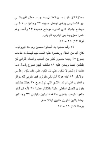 ‫ﻤﺠﺘﺎﺯﺍ ﻜﺎﻥ ﺁﺘ ‪‬ـﺎ ﻤـﻥ ﺍﻟﺤﻘـل ﻭﻫـﻭ ﺴـﻤﻌﺎﻥ ﺍﻟﻘﻴﺭﻭﺍﻨـﻲ‬
                                    ‫ﻴ‬         ‫‪‬‬
‫ﺃﺒﻭ ﺍﻟﻜﺴﻨﺩﺭﺱ ﻭ ‪‬ﻓﺱ ﻟﻴﺤﻤل ﺼﻠﻴﺒﻪ ٢٢ ﻭﺠﺎﺀﻭﺍ ﺒـﻪ ﺇﻟـﻰ‬
                                 ‫ﺭ‬
‫ﻤﻭﻀﻊ ﺠﻠﺠﺜﺔ ﺍﻟﺫﻱ ﺘﻔﺴﻴﺭﻩ ﻤﻭﻀﻊ ﺠﻤﺠﻤﺔ ٣٢ ﻭﺃﻋﻁـﻭﻫﻡ‬
                      ‫ﺨﻤﺭﺍ ﻤﻤﺯﻭﺠﺔ ﺒﻤﺭ ﻟﻴﺸﺭﺏ ﻓﻠﻡ ﻴﻘﺒل.‬
                                      ‫ٍ‬           ‫‪‬‬
                                    ‫ﻟﻭﻗﺎ ٣٢: ٦٢ – ٣٣‬
‫٦٢ ﻭﻟﻤﺎ ﻤﻀﻭﺍ ﺒﻪ ﺃﻤﺴﻜﻭﺍ ﺴﻤﻌﺎﻥ ﺭﺠـﻼ ﻗﻴﺭﻭﺍﻨ ‪‬ـﺎ‬
  ‫ﻴ‬        ‫ﹰ‬
‫ﻜﺎﻥ ﺁﺘﻴﺎ ﻤﻥ ﺍﻟﺤﻘل ﻭﻭﻀﻌﻭﺍ ﻋﻠﻴﻪ ﺍﻟﺼـﻠﻴﺏ ﻟﻴﺤﻤﻠـﻪ ﺨﻠـﻑ‬
                                           ‫‪‬‬
‫ﻴﺴﻭﻉ ٧٢ ﻭﺘﺒﻌﻪ ﺠﻤﻬﻭﺭ ﻜﺜﻴﺭ ﻤﻥ ﺍﻟﺸﻌﺏ ﻭﺍﻟﻨﺴﺎﺀ ﺍﻟﻠﻭﺍﺘﻲ ﹸﻥ‬
 ‫ﻜ‬
‫ﻴﻠﻁﻤﻥ ﺃﻴﻀﺎ ﻭﻴﻨﺤﻥ ﻋﻠﻴﻪ ٨٢ ﻓﺎﻟﺘﻔﺕ ﺇﻟﻴﻬﻥ ﻴﺴﻭﻉ ﻭﻗـﺎل ﻴـﺎ‬
               ‫‪‬‬                           ‫‪‬‬
‫ﺒﻨﺎﺕ ﺃﻭﺭﺸﻠﻴﻡ ﻻ ﺘﺒﻜﻴﻥ ﻋﻠﻲ ﺒل ﺍﺒﻜﻴﻥ ﻋﻠﻰ ﺃﻨﻔﺴـﻜﻥ ﻭﻋﻠـﻰ‬
      ‫‪‬‬                    ‫‪‬‬
‫ﺃﻭﻻﺩﻜﻥ ٩٢ ﻷﻨﻪ ﻫﻭﺫﺍ ﺃﻴﺎﻡ ﺘﺄﺘﻲ ﻴﻘﻭﻟﻭﻥ ﻓﻴﻬﺎ ﻁﻭﺒﻰ ﻟﻠﻌـﻭﺍﻗﺭ‬
‫ﻭﺍﻟﺒﻁﻭﻥ ﺍﻟﺘﻲ ﻟﻡ ﺘﻠﺩ ﻭﺍﻟﺜﺩﻱ ﺍﻟﺘﻲ ﻟﻡ ﺘﺭﻀﻊ ٠٣ ﺤﻴﻨﺌﺫ ﻴﺒﺘﺩﺌﻭﻥ‬
        ‫ٍ‬
‫ﻴﻘﻭﻟﻭﻥ ﻟﻠﺠﺒﺎل ﺍﺴﻘﻁﻲ ﻋﻠﻴﻨﺎ ﻭﻟﻶﻜﺎﻡ ﻏﻁﻴﻨﺎ ١٣ ﻷﻨﻪ ﺇﻥ ﻜﺎﻨﻭﺍ‬
‫ﺒﺎﻟﻌﻭﺩ ﺍﻟﺭﻁﺏ ﻴﻔﻌﻠﻭﻥ ﻫﺫﺍ ﻓﻤﺎﺫﺍ ﻴﻜﻭﻥ ﺒﺎﻟﻴﺎﺒﺱ ٢٣ ﻭﺠـﺎﺀﻭﺍ‬
                     ‫ﺃﻴﻀﺎ ﺒﺎﺜﻨﻴﻥ ﺁﺨﺭﻴﻥ ﻤﺫﻨﺒﻴﻥ ﻟ ‪‬ﻘﺘﻼ ﻤﻌﻪ.‬
                             ‫ﻴ‬                        ‫‪‬‬
                                   ‫ﻴﻭﺤﻨﺎ ٩١: ٦١ – ٧١‬
 