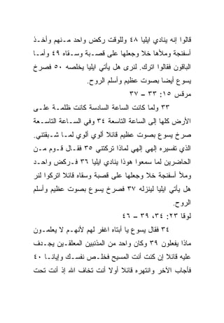 ‫ﻗﺎﻟﻭﺍ ﺇﻨﻪ ﻴﻨﺎﺩﻱ ﺍﻴﻠﻴﺎ ٨٤ ﻭﻟﻠﻭﻗﺕ ﺭﻜﺽ ﻭﺍﺤﺩ ﻤـﻨﻬﻡ ﻭﺃﺨـﺫ‬
‫ﺃﺴﻔﻨﺠﺔ ﻭﻤﻸﻫﺎ ﺨﻼ ﻭﺠﻌﻠﻬﺎ ﻋﻠﻰ ﻗﺼـﺒﺔ ﻭﺴـﻘﺎﻩ ٩٤ ﻭﺃﻤـﺎ‬
                                 ‫ﹰ‬
‫ﺍﻟﺒﺎﻗﻭﻥ ﻓﻘﺎﻟﻭﺍ ﺍﺘﺭﻙ. ﻟﻨﺭﻯ ﻫل ﻴﺄﺘﻲ ﺍﻴﻠﻴﺎ ﻴﺨﻠﺼﻪ ٠٥ ﻓﺼﺭﺥ‬
                  ‫ﻴﺴﻭﻉ ﺃﻴﻀﺎ ﺒﺼﻭﺕ ﻋﻅﻴﻡ ﻭﺃﺴﻠﻡ ﺍﻟﺭﻭﺡ.‬
                                          ‫‪‬‬
                                ‫ﻤﺭﻗﺱ ٥١: ٣٣ – ٧٣‬
‫٣٣ ﻭﻟﻤﺎ ﻜﺎﻨﺕ ﺍﻟﺴﺎﻋﺔ ﺍﻟﺴﺎﺩﺴﺔ ﻜﺎﻨﺕ ﻅﻠﻤـﺔ ﻋﻠـﻰ‬
‫ﺍﻷﺭﺽ ﻜﻠﻬﺎ ﺇﻟﻰ ﺍﻟﺴﺎﻋﺔ ﺍﻟﺘﺎﺴﻌﺔ ٤٣ ﻭﻓﻲ ﺍﻟﺴـﺎﻋﺔ ﺍﻟﺘﺎﺴـﻌﺔ‬
‫ﺼﺭﺥ ﻴﺴﻭﻉ ﺒﺼﻭﺕ ﻋﻅﻴﻡ ﻗﺎﺌﻼ ﺃﻟﻭﻱ ﺃﻟﻭﻱ ﻟﻤـﺎ ﺸـﺒﻘﺘﻨﻲ.‬
                        ‫ﹰ‬
‫ﺍﻟﺫﻱ ﺘﻔﺴﻴﺭﻩ ﺇﻟﻬﻲ ﺇﻟﻬﻲ ﻟﻤﺎﺫﺍ ﺘﺭﻜﺘﻨﻲ ٥٣ ﻓﻘـﺎل ﻗـﻭﻡ ﻤـﻥ‬
‫ﺍﻟﺤﺎﻀﺭﻴﻥ ﻟﻤﺎ ﺴﻤﻌﻭﺍ ﻫﻭﺫﺍ ﻴﻨﺎﺩﻱ ﺍﻴﻠﻴﺎ ٦٣ ﻓـﺭﻜﺽ ﻭﺍﺤـﺩ‬
‫ﻭﻤﻸ ﺃﺴﻔﻨﺠﺔ ﺨﻼ ﻭﺠﻌﻠﻬﺎ ﻋﻠﻰ ﻗﺼﺒﺔ ﻭﺴﻘﺎﻩ ﻗﺎﺌﻼ ﺍﺘﺭﻜﻭﺍ ﻟﻨﺭ‬
‫‪‬‬          ‫ﹰ‬                          ‫ﹰ‬
‫ﻫل ﻴﺄﺘﻲ ﺍﻴﻠﻴﺎ ﻟﻴﻨﺯﻟﻪ ٧٣ ﻓﺼﺭﺥ ﻴﺴﻭﻉ ﺒﺼﻭﺕ ﻋﻅﻴﻡ ﻭﺃﺴﻠﻡ‬
                                                 ‫ﺍﻟﺭﻭﺡ.‬
                             ‫ﻟﻭﻗﺎ ٣٢: ٤٣، ٩٣ – ٦٤‬
‫٤٣ ﻓﻘﺎل ﻴﺴﻭﻉ ﻴﺎ ﺃﺒﺘﺎﻩ ﺍﻏﻔﺭ ﻟﻬﻡ ﻷﻨﻬـﻡ ﻻ ﻴﻌﻠﻤـﻭﻥ‬
‫ﻤﺎﺫﺍ ﻴﻔﻌﻠﻭﻥ ٩٣ ﻭﻜﺎﻥ ﻭﺍﺤﺩ ﻤﻥ ﺍﻟﻤﺫﻨﺒﻴﻥ ﺍﻟﻤﻌﻠﻘـﻴﻥ ﻴﺠـﺩﻑ‬
‫ﻋﻠﻴﻪ ﻗﺎﺌﻼ ﺇﻥ ﻜﻨﺕ ﺃﻨﺕ ﺍﻟﻤﺴﻴﺢ ﻓﺨﻠـﺹ ﻨﻔﺴـﻙ ﻭﺇﻴﺎﻨـﺎ ٠٤‬
                                         ‫ﹰ‬
‫ﻓﺄﺠﺎﺏ ﺍﻵﺨﺭ ﻭﺍﻨﺘﻬﺭﻩ ﻗﺎﺌﻼ ﺃﻭﻻ ﺃﻨﺕ ﺘﺨﺎﻑ ﺍﷲ ﺇﺫ ﺃﻨﺕ ﺘﺤﺕ‬
                           ‫ﹰ‬
 