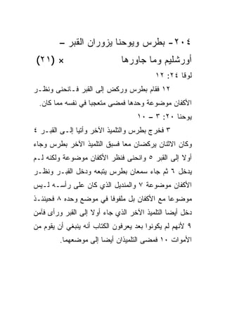 ‫٤٠٢- ﺒﻁﺭﺱ ﻭﻴﻭﺤﻨﺎ ﻴﺯﻭﺭﺍﻥ ﺍﻟﻘﺒﺭ –‬
 ‫× )١٢(‬                       ‫ﺃﻭﺭﺸﻠﻴﻡ ﻭﻤﺎ ﺠﺎﻭﺭﻫﺎ‬
                                          ‫ﻟﻭﻗﺎ ٤٢: ٢١‬
‫٢١ ﻓﻘﺎﻡ ﺒﻁﺭﺱ ﻭﺭﻜﺽ ﺇﻟﻰ ﺍﻟﻘﺒﺭ ﻓـﺎﻨﺤﻨﻰ ﻭﻨﻅـﺭ‬
 ‫ﺍﻷﻜﻔﺎﻥ ﻤﻭﻀﻭﻋﺔ ﻭﺤﺩﻫﺎ ﻓﻤﻀﻰ ﻤﺘﻌﺠﺒﺎ ﻓﻲ ﻨﻔﺴﻪ ﻤﻤﺎ ﻜﺎﻥ.‬
                   ‫‪‬‬
                                    ‫ﻴﻭﺤﻨﺎ ٠٢: ٣ – ٠١‬
‫٣ ﻓﺨﺭﺝ ﺒﻁﺭﺱ ﻭﺍﻟﺘﻠﻤﻴﺫ ﺍﻵﺨﺭ ﻭﺃﺘﻴﺎ ﺇﻟـﻰ ﺍﻟﻘﺒـﺭ ٤‬
‫ﻭﻜﺎﻥ ﺍﻻﺜﻨﺎﻥ ﻴﺭﻜﻀﺎﻥ ﻤﻌﺎ ﻓﺴﺒﻕ ﺍﻟﺘﻠﻤﻴﺫ ﺍﻵﺨﺭ ﺒﻁﺭﺱ ﻭﺠﺎﺀ‬
                             ‫‪‬‬
‫ﺃﻭﻻ ﺇﻟﻰ ﺍﻟﻘﺒﺭ ٥ ﻭﺍﻨﺤﻨﻰ ﻓﻨﻅﺭ ﺍﻷﻜﻔﺎﻥ ﻤﻭﻀﻭﻋﺔ ﻭﻟﻜﻨﻪ ﻟـﻡ‬
                                                ‫ﹰ‬
‫ﻴﺩﺨل ٦ ﺜﻡ ﺠﺎﺀ ﺴﻤﻌﺎﻥ ﺒﻁﺭﺱ ﻴﺘﺒﻌﻪ ﻭﺩﺨل ﺍﻟﻘﺒـﺭ ﻭﻨﻅـﺭ‬
‫ﺍﻷﻜﻔﺎﻥ ﻤﻭﻀﻭﻋﺔ ٧ ﻭﺍﻟﻤﻨﺩﻴل ﺍﻟﺫﻱ ﻜﺎﻥ ﻋﻠﻰ ﺭﺃﺴـﻪ ﻟـﻴﺱ‬
‫ﻤﻭﻀﻭﻋﺎ ﻤﻊ ﺍﻷﻜﻔﺎﻥ ﺒل ﻤﻠﻔﻭﻓﺎ ﻓﻲ ﻤﻭﻀﻊ ﻭﺤﺩﻩ ٨ ﻓﺤﻴﻨﺌـﺫ‬
                        ‫ﹰ‬                   ‫‪‬‬
‫ﺩﺨل ﺃﻴﻀﺎ ﺍﻟﺘﻠﻤﻴﺫ ﺍﻵﺨﺭ ﺍﻟﺫﻱ ﺠﺎﺀ ﺃﻭﻻ ﺇﻟﻰ ﺍﻟﻘﺒﺭ ﻭﺭﺃﻯ ﻓﺂﻤﻥ‬
                    ‫ﹰ‬                          ‫‪‬‬
‫٩ ﻷﻨﻬﻡ ﻟﻡ ﻴﻜﻭﻨﻭﺍ ﺒﻌﺩ ﻴﻌﺭﻓﻭﻥ ﺍﻟﻜﺘﺎﺏ ﺃﻨﻪ ﻴﻨﺒﻐﻲ ﺃﻥ ﻴﻘﻭﻡ ﻤﻥ‬
         ‫ﺍﻷﻤﻭﺍﺕ ٠١ ﻓﻤﻀﻰ ﺍﻟﺘﻠﻤﻴﺫﺍﻥ ﺃﻴﻀﺎ ﺇﻟﻰ ﻤﻭﻀﻌﻬﻤﺎ.‬
                       ‫‪‬‬
 