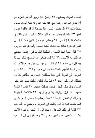 ‫ﻟﻘﻀﺎﺀ ﺍﻟﻤﻭﺕ ﻭﺼﻠﺒﻭﻩ ١٢ ﻭﻨﺤﻥ ﻜﻨﺎ ﻨﺭﺠﻭ ﺃﻨﻪ ﻫﻭ ﺍﻟﻤﺯﻤـﻊ‬
‫ﺃﻥ ﻴﻔﺩﻱ ﺇﺴﺭﺍﺌﻴل ﻭﻟﻜﻥ ﻤﻊ ﻫﺫﺍ ﻜﻠﻪ ﺍﻟﻴﻭﻡ ﻟﻪ ﺜﻠﺜﺔ ﺃﻴـﺎﻡ ﻤﻨـﺫ‬
‫ﺤﺩﺙ ﺫﻟﻙ ٢٢ ﺒل ﺒﻌﺽ ﺍﻟﻨﺴﺎﺀ ﻤﻨﺎ ﺤﻴﺭﻨﻨﺎ ﺇﺫ ﻜﻥ ﺒﺎﻜﺭﺍ ﻋﻨـﺩ‬
      ‫‪‬‬
‫ﺍﻟﻘﺒﺭ ٣٢ ﻭﻟﻤﺎ ﻟﻡ ﻴﺠﺩﻥ ﺠﺴﺩﻩ ﺃﺘﻴﻥ ﻗﺎﺌﻼﺕ ﺇﻨﻬﻥ ﺭﺃﻴﻥ ﻤﻨﻅـﺭ‬
‫ﻤﻼﺌﻜﺔ ﻗﺎﻟﻭﺍ ﺇﻨﻪ ﺤﻲ ٤٢ ﻭﻤﻀﻰ ﻗﻭﻡ ﻤﻥ ﺍﻟﺫﻴﻥ ﻤﻌﻨـﺎ ﺇﻟـﻰ‬
‫ﺍﻟﻘﺒﺭ ﻓﻭﺠﺩﻭﺍ ﻫﻜﺫﺍ ﻜﻤﺎ ﻗﺎﻟﺕ ﺃﻴﻀﺎ ﺍﻟﻨﺴﺎﺀ ﻭﺃﻤﺎ ﻫﻭ ﻓﻠﻡ ﻴـﺭﻭﻩ‬
                          ‫‪‬‬
‫٥٢ ﻓﻘﺎل ﻟﻬﻤﺎ ﺃﻴﻬﺎ ﺍﻟﻐﺒﻴﺎﻥ ﻭﺍﻟﺒﻁﻴﺌﺎ ﺍﻟﻘﻠﻭﺏ ﻓﻲ ﺍﻹﻴﻤﺎﻥ ﺒﺠﻤﻴﻊ‬
‫ﻤﺎ ﺘﻜﻠﻡ ﺒﻪ ﺍﻷﻨﺒﻴﺎﺀ ٦٢ ﺃﻤﺎ ﻜﺎﻥ ﻴﻨﺒﻐﻲ ﺃﻥ ﺍﻟﻤﺴﻴﺢ ﻴﺘﺄﻟﻡ ﺒﻬـﺫﺍ‬
‫ﻭﻴﺩﺨل ﺇﻟﻰ ﻤﺠﺩﻩ ٧٢ ﺜﻡ ﺍﺒﺘﺩﺃ ﻤﻥ ﻤﻭﺴﻰ ﻭﻤﻥ ﺠﻤﻴﻊ ﺍﻷﻨﺒﻴـﺎﺀ‬
‫ﻴﻔﺴﺭ ﻟﻬﻤﺎ ﺍﻷﻤﻭﺭ ﺍﻟﻤﺨﺘﺼﺔ ﺒﻪ ﻓﻲ ﺠﻤﻴـﻊ ﺍﻟﻜﺘـﺏ ٨٢ ﺜـﻡ‬
‫ﺍﻗﺘﺭﺒﻭﺍ ﺇﻟﻰ ﺍﻟﻘﺭﻴﺔ ﺍﻟﺘﻲ ﻜﺎﻨﺎ ﻤﻨﻁﻠﻘﻴﻥ ﺇﻟﻴﻬﺎ ﻭﻫﻭ ﺘﻅﺎﻫﺭ ﻜﺄﻨـﻪ‬
‫ﻤﻨﻁﻠﻕ ﺇﻟﻰ ﻤﻜﺎﻥ ﺃﺒﻌﺩ ٩٢ ﻓﺄﻟﺯﻤﺎﻩ ﻗﺎﺌﻠﻴﻥ ﺍﻤﻜﺙ ﻤﻌﻨﺎ ﻷﻨﻪ ﻨﺤﻭ‬
‫ﺍﻟﻤﺴﺎﺀ ﻭﻗﺩ ﻤﺎل ﺍﻟﻨﻬﺎﺭ ﻓﺩﺨل ﻟﻴﻤﻜﺙ ﻤﻌﻬﻤﺎ ٠٣ ﻓﻠﻤـﺎ ﺍﺘﻜـﺄ‬
‫ﻤﻌﻬﻤﺎ ﺃﺨﺫ ﺨﺒﺯﺍ ﻭﺒﺎﺭﻙ ﻭﻜ ‪‬ﺭ ﻭﻨﺎﻭﻟﻬﻤﺎ ١٣ ﻓﺎﻨﻔﺘﺤﺕ ﺃﻋﻴﻨﻬﻤﺎ‬
                             ‫ﺴ‬           ‫‪‬‬
‫ﻭﻋﺭﻓﺎﻩ ﺜﻡ ﺍﺨﺘﻔﻰ ﻋﻨﻬﻤﺎ ٢٣ ﻓﻘﺎل ﺒﻌﻀﻬﻤﺎ ﻟﺒﻌﺽ ﺃﻟـﻡ ﻴﻜـﻥ‬
‫ﻗﻠﺒﻨﺎ ﻤﻠﺘﻬﺒﺎ ﻓﻴﻨﺎ ﺇﺫ ﻜﺎﻥ ﻴﻜﻠﻤﻨﺎ ﻓﻲ ﺍﻟﻁﺭﻴﻕ ﻭﻴﻭﻀﺢ ﻟﻨﺎ ﺍﻟﻜﺘـﺏ‬
                                               ‫‪‬‬
‫٣٣ ﻓﻘﺎﻤﺎ ﻓﻲ ﺘﻠﻙ ﺍﻟﺴﺎﻋﺔ ﻭﺭﺠﻌﺎ ﺇﻟﻰ ﺃﻭﺭﺸﻠﻴﻡ ﻭﻭﺠﺩﻭﺍ ﺍﻷﺤﺩ‬
‫ﻋﺸﺭ ﻤﺠﺘﻤﻌﻴﻥ ﻫﻡ ﻭﺍﻟﺫﻴﻥ ﻤﻌﻬﻡ ٤٣ ﻭﻫﻡ ﻴﻘﻭﻟﻭﻥ ﺇﻥ ﺍﻟـﺭﺏ‬
 