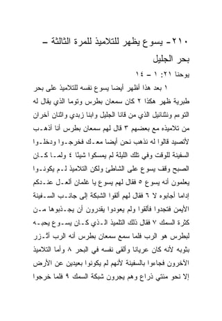‫٠١٢- ﻴﺴﻭﻉ ﻴﻅﻬﺭ ﻟﻠﺘﻼﻤﻴﺫ ﻟﻠﻤﺭﺓ ﺍﻟﺜﺎﻟﺜﺔ –‬
                                             ‫ﺒﺤﺭ ﺍﻟﺠﻠﻴل‬
                                      ‫ﻴﻭﺤﻨﺎ ١٢: ١ – ٤١‬
‫١ ﺒﻌﺩ ﻫﺫﺍ ﺃﻅﻬﺭ ﺃﻴﻀﺎ ﻴﺴﻭﻉ ﻨﻔﺴﻪ ﻟﻠﺘﻼﻤﻴﺫ ﻋﻠﻰ ﺒﺤﺭ‬
                           ‫‪‬‬
‫ﻁﺒﺭﻴﺔ ﻅﻬﺭ ﻫﻜﺫﺍ ٢ ﻜﺎﻥ ﺴﻤﻌﺎﻥ ﺒﻁﺭﺱ ﻭﺘﻭﻤﺎ ﺍﻟﺫﻱ ﻴﻘﺎل ﻟﻪ‬
‫ﺍﻟﺘﻭﺀﻡ ﻭﻨﺜﻨﺎﺌﻴل ﺍﻟﺫﻱ ﻤﻥ ﻗﺎﻨﺎ ﺍﻟﺠﻠﻴل ﻭﺍﺒﻨﺎ ﺯﺒﺩﻱ ﻭﺍﺜﻨﺎﻥ ﺁﺨﺭﺍﻥ‬
‫ﻤﻥ ﺘﻼﻤﻴﺫﻩ ﻤﻊ ﺒﻌﻀﻬﻡ ٣ ﻗﺎل ﻟﻬﻡ ﺴﻤﻌﺎﻥ ﺒﻁﺭﺱ ﺃﻨﺎ ﺃﺫﻫـﺏ‬
‫ﻷﺘﺼﻴﺩ ﻗﺎﻟﻭﺍ ﻟﻪ ﻨﺫﻫﺏ ﻨﺤﻥ ﺃﻴﻀﺎ ﻤﻌـﻙ ﻓﺨﺭﺠـﻭﺍ ﻭﺩﺨﻠـﻭﺍ‬
                      ‫‪‬‬
‫ﺍﻟﺴﻔﻴﻨﺔ ﻟﻠﻭﻗﺕ ﻭﻓﻲ ﺘﻠﻙ ﺍﻟﻠﻴﻠﺔ ﻟﻡ ﻴﻤﺴﻜﻭﺍ ﺸﻴﺌﺎ ٤ ﻭﻟﻤـﺎ ﻜـﺎﻥ‬
              ‫ً‬
‫ﺍﻟﺼﺒﺢ ﻭﻗﻑ ﻴﺴﻭﻉ ﻋﻠﻰ ﺍﻟﺸﺎﻁﺊ ﻭﻟﻜﻥ ﺍﻟﺘﻼﻤﻴﺫ ﻟـﻡ ﻴﻜﻭﻨـﻭﺍ‬
‫ﻴﻌﻠﻤﻭﻥ ﺃﻨﻪ ﻴﺴﻭﻉ ٥ ﻓﻘﺎل ﻟﻬﻡ ﻴﺴﻭﻉ ﻴﺎ ﻏﻠﻤﺎﻥ ﺃﻟﻌـل ﻋﻨـﺩﻜﻡ‬
‫ﺇﺩﺍﻤﺎ ﺃﺠﺎﺒﻭﻩ ﻻ ٦ ﻓﻘﺎل ﻟﻬﻡ ﺃﻟﻘﻭﺍ ﺍﻟﺸﺒﻜﺔ ﺇﻟﻰ ﺠﺎﻨـﺏ ﺍﻟﺴـﻔﻴﻨﺔ‬
                                                     ‫‪‬‬
‫ﺍﻷﻴﻤﻥ ﻓﺘﺠﺩﻭﺍ ﻓﺄﻟﻘﻭﺍ ﻭﻟﻡ ﻴﻌﻭﺩﻭﺍ ﻴﻘﺩﺭﻭﻥ ﺃﻥ ﻴﺠـﺫﺒﻭﻫﺎ ﻤـﻥ‬
‫ﻜﺜﺭﺓ ﺍﻟﺴﻤﻙ ٧ ﻓﻘﺎل ﺫﻟﻙ ﺍﻟﺘﻠﻤﻴﺫ ﺍﻟـﺫﻱ ﻜـﺎﻥ ﻴﺴـﻭﻉ ﻴﺤﺒـﻪ‬
‫ﻟﺒﻁﺭﺱ ﻫﻭ ﺍﻟﺭﺏ ﻓﻠﻤﺎ ﺴﻤﻊ ﺴﻤﻌﺎﻥ ﺒﻁﺭﺱ ﺃﻨﻪ ﺍﻟﺭﺏ ﺃ ﱠـﺯﺭ‬
   ‫ﺘ‬
‫ﺒﺜﻭﺒﻪ ﻷﻨﻪ ﻜﺎﻥ ﻋﺭﻴﺎﻨﺎ ﻭﺃﻟﻘﻰ ﻨﻔﺴﻪ ﻓﻲ ﺍﻟﺒﺤﺭ ٨ ﻭﺃﻤﺎ ﺍﻟﺘﻼﻤﻴﺫ‬
                                    ‫ﹰ‬
‫ﺍﻵﺨﺭﻭﻥ ﻓﺠﺎﺀﻭﺍ ﺒﺎﻟﺴﻔﻴﻨﺔ ﻷﻨﻬﻡ ﻟﻡ ﻴﻜﻭﻨﻭﺍ ﺒﻌﻴﺩﻴﻥ ﻋﻥ ﺍﻷﺭﺽ‬
‫ﺇﻻ ﻨﺤﻭ ﻤﺌﺘﻲ ﺫﺭﺍﻉ ﻭﻫﻡ ﻴﺠﺭﻭﻥ ﺸﺒﻜﺔ ﺍﻟﺴﻤﻙ ٩ ﻓﻠﻤﺎ ﺨﺭﺠﻭﺍ‬
 