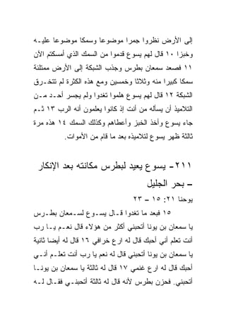 ‫ﺇﻟﻰ ﺍﻷﺭﺽ ﻨﻅﺭﻭﺍ ﺠﻤﺭﺍ ﻤﻭﻀﻭﻋﺎ ﻭﺴﻤ ﹰﺎ ﻤﻭﻀﻭﻋﺎ ﻋﻠﻴـﻪ‬
       ‫‪‬‬      ‫ﻜ‬      ‫‪‬‬      ‫‪‬‬
‫ﻭﺨﺒﺯﺍ ٠١ ﻗﺎل ﻟﻬﻡ ﻴﺴﻭﻉ ﻗﺩﻤﻭﺍ ﻤﻥ ﺍﻟﺴﻤﻙ ﺍﻟﺫﻱ ﺃﻤﺴﻜﺘﻡ ﺍﻵﻥ‬
                                                ‫‪‬‬
‫١١ ﻓﺼﻌﺩ ﺴﻤﻌﺎﻥ ﺒﻁﺭﺱ ﻭﺠﺫﺏ ﺍﻟﺸﺒﻜﺔ ﺇﻟﻰ ﺍﻷﺭﺽ ﻤﻤﺘﻠﺌﺔ‬
‫ﺴﻤﻜﺎ ﻜﺒﻴﺭﺍ ﻤﺌﻪ ﻭﺜﻼﺜﺎ ﻭﺨﻤﺴﻴﻥ ﻭﻤﻊ ﻫﺫﻩ ﺍﻟﻜﺜﺭﺓ ﻟﻡ ﺘﺘﺨـﺭﻕ‬
                                           ‫‪‬‬     ‫ﹰ‬
‫ﺍﻟﺸﺒﻜﺔ ٢١ ﻗﺎل ﻟﻬﻡ ﻴﺴﻭﻉ ﻫﻠﻤﻭﺍ ﺘﻐﺩﻭﺍ ﻭﻟﻡ ﻴﺠﺴﺭ ﺃﺤـﺩ ﻤـﻥ‬
‫ﺍﻟﺘﻼﻤﻴﺫ ﺃﻥ ﻴﺴﺄﻟﻪ ﻤﻥ ﺃﻨﺕ ﺇﺫ ﻜﺎﻨﻭﺍ ﻴﻌﻠﻤﻭﻥ ﺃﻨﻪ ﺍﻟﺭﺏ ٣١ ﺜـﻡ‬
‫ﺠﺎﺀ ﻴﺴﻭﻉ ﻭﺃﺨﺫ ﺍﻟﺨﺒﺯ ﻭﺃﻋﻁﺎﻫﻡ ﻭﻜﺫﻟﻙ ﺍﻟﺴﻤﻙ ٤١ ﻫﺫﻩ ﻤﺭﺓ‬
          ‫ﺜﺎﻟﺜﺔ ﻅﻬﺭ ﻴﺴﻭﻉ ﻟﺘﻼﻤﻴﺫﻩ ﺒﻌﺩ ﻤﺎ ﻗﺎﻡ ﻤﻥ ﺍﻷﻤﻭﺍﺕ.‬


 ‫١١٢- ﻴﺴﻭﻉ ﻴﻌﻴﺩ ﻟﺒﻁﺭﺱ ﻤﻜﺎﻨﺘﻪ ﺒﻌﺩ ﺍﻹﻨﻜﺎﺭ‬
                                       ‫– ﺒﺤﺭ ﺍﻟﺠﻠﻴل‬
                                  ‫ﻴﻭﺤﻨﺎ ١٢: ٥١ – ٣٢‬
‫٥١ ﻓﺒﻌﺩ ﻤﺎ ﺘﻐﺩﻭﺍ ﻗـﺎل ﻴﺴـﻭﻉ ﻟﺴـﻤﻌﺎﻥ ﺒﻁـﺭﺱ‬
‫ﻴﺎ ﺴﻤﻌﺎﻥ ﺒﻥ ﻴﻭﻨﺎ ﺃﺘﺤﺒﻨﻲ ﺃﻜﺜﺭ ﻤﻥ ﻫﺅﻻﺀ ﻗﺎل ﻨﻌـﻡ ﻴـﺎ ﺭﺏ‬
‫ﺃﻨﺕ ﺘﻌﻠﻡ ﺃﻨﻲ ﺃﺤﺒﻙ ﻗﺎل ﻟﻪ ﺍﺭﻉ ﺨﺭﺍﻓﻲ ٦١ ﻗﺎل ﻟﻪ ﺃﻴﻀﺎ ﺜﺎﻨﻴﺔ‬
       ‫‪‬‬
‫ﻴﺎ ﺴﻤﻌﺎﻥ ﺒﻥ ﻴﻭﻨﺎ ﺃﺘﺤﺒﻨﻲ ﻗﺎل ﻟﻪ ﻨﻌﻡ ﻴﺎ ﺭﺏ ﺃﻨﺕ ﺘﻌﻠـﻡ ﺃﻨـﻲ‬
‫ﺃﺤﺒﻙ ﻗﺎل ﻟﻪ ﺍﺭﻉ ﻏﻨﻤﻲ ٧١ ﻗﺎل ﻟﻪ ﺜﺎﻟﺜﺔ ﻴﺎ ﺴﻤﻌﺎﻥ ﺒﻥ ﻴﻭﻨـﺎ‬
‫ﺃﺘﺤﺒﻨﻲ. ﻓﺤﺯﻥ ﺒﻁﺭﺱ ﻷﻨﻪ ﻗﺎل ﻟﻪ ﺜﺎﻟﺜﺔ ﺃﺘﺤﺒﻨـﻲ ﻓﻘـﺎل ﻟـﻪ‬
 