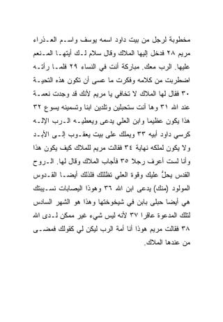 ‫ﻤﺨﻁﻭﺒﺔ ﻟﺭﺠل ﻤﻥ ﺒﻴﺕ ﺩﺍﻭﺩ ﺍﺴﻤﻪ ﻴﻭﺴﻑ ﻭﺍﺴـﻡ ﺍﻟﻌـﺫﺭﺍﺀ‬
‫ﻤﺭﻴﻡ ٨٢ ﻓﺩﺨل ﺇﻟﻴﻬﺎ ﺍﻟﻤﻼﻙ ﻭﻗﺎل ﺴﻼﻡ ﻟـﻙ ﺃﻴﺘﻬـﺎ ﺍﻟﻤـﻨﻌﻡ‬
‫ﻋﻠﻴﻬﺎ. ﺍﻟﺭﺏ ﻤﻌﻙ. ﻤﺒﺎﺭﻜﺔ ﺃﻨﺕ ﻓﻲ ﺍﻟﻨﺴﺎﺀ ٩٢ ﻓﻠﻤـﺎ ﺭﺃﺘـﻪ‬
‫ﺍﻀﻁﺭﺒﺕ ﻤﻥ ﻜﻼﻤﻪ ﻭﻓﻜﺭﺕ ﻤﺎ ﻋﺴﻰ ﺃﻥ ﺘﻜﻭﻥ ﻫﺫﻩ ﺍﻟﺘﺤﻴـﺔ‬
‫٠٣ ﻓﻘﺎل ﻟﻬﺎ ﺍﻟﻤﻼﻙ ﻻ ﺘﺨﺎﻓﻲ ﻴﺎ ﻤﺭﻴﻡ ﻷﻨﻙ ﻗﺩ ﻭﺠﺩﺕ ﻨﻌﻤـﺔ‬
‫ﻋﻨﺩ ﺍﷲ ١٣ ﻭﻫﺎ ﺃﻨﺕ ﺴﺘﺤﺒﻠﻴﻥ ﻭﺘﻠﺩﻴﻥ ﺍﺒﻨﺎ ﻭﺘﺴﻤﻴﻨﻪ ﻴﺴﻭﻉ ٢٣‬
                 ‫ﹰ‬
‫ﻫﺫﺍ ﻴﻜﻭﻥ ﻋﻅﻴﻤﺎ ﻭﺍﺒﻥ ﺍﻟﻌﻠﻲ ﻴﺩﻋﻰ ﻭﻴﻌﻁﻴـﻪ ﺍﻟـﺭﺏ ﺍﻹﻟـﻪ‬
                       ‫‪‬‬             ‫‪‬‬
‫ﻜﺭﺴﻲ ﺩﺍﻭﺩ ﺃﺒﻴﻪ ٣٣ ﻭﻴﻤﻠﻙ ﻋﻠﻰ ﺒﻴﺕ ﻴﻌﻘـﻭﺏ ﺇﻟـﻰ ﺍﻷﺒـﺩ‬
‫ﻭﻻ ﻴﻜﻭﻥ ﻟﻤﻠﻜﻪ ﻨﻬﺎﻴﺔ ٤٣ ﻓﻘﺎﻟﺕ ﻤﺭﻴﻡ ﻟﻠﻤﻼﻙ ﻜﻴﻑ ﻴﻜﻭﻥ ﻫﺫﺍ‬
‫ﻭﺃﻨﺎ ﻟﺴﺕ ﺃﻋﺭﻑ ﺭﺠﻼ ٥٣ ﻓﺄﺠﺎﺏ ﺍﻟﻤﻼﻙ ﻭﻗﺎل ﻟﻬﺎ. ﺍﻟـﺭﻭﺡ‬
                                ‫ﹰ‬
‫ﺍﻟﻘﺩﺱ ﻴﺤل ﻋﻠﻴﻙ ﻭﻗﻭﺓ ﺍﻟﻌﻠﻲ ﺘﻅﻠﻠﻙ ﻓﻠﺫﻟﻙ ﺃﻴ ‪‬ـﺎ ﺍﻟﻘـﺩﻭﺱ‬
          ‫ﻀ‬                ‫‪‬‬               ‫ﱡ‬
‫ﺍﻟﻤﻭﻟﻭﺩ )ﻤﻨﻙ( ‪‬ﺩﻋﻰ ﺍﺒﻥ ﺍﷲ ٦٣ ﻭﻫﻭﺫﺍ ﺍﻟﻴﺼﺎﺒﺎﺕ ﻨﺴـﻴﺒﺘﻙ‬
                                    ‫ﻴ‬
‫ﻫﻲ ﺃﻴﻀﺎ ‪‬ﺒﻠﻰ ﺒﺎﺒﻥ ﻓﻲ ﺸﻴﺨﻭﺨﺘﻬﺎ ﻭﻫﺫﺍ ﻫﻭ ﺍﻟﺸﻬﺭ ﺍﻟﺴﺎﺩﺱ‬
                                         ‫‪ ‬ﺤ‬
‫ﻟﺘﻠﻙ ﺍﻟﻤﺩﻋﻭﺓ ﻋﺎﻗﺭﺍ ٧٣ ﻷﻨﻪ ﻟﻴﺱ ﺸﻲﺀ ﻏﻴﺭ ﻤﻤﻜﻥ ﻟـﺩﻯ ﺍﷲ‬
                                 ‫‪‬‬
‫٨٣ ﻓﻘﺎﻟﺕ ﻤﺭﻴﻡ ﻫﻭﺫﺍ ﺃﻨﺎ ﺃﻤﺔ ﺍﻟﺭﺏ ﻟﻴﻜﻥ ﻟﻲ ﻜﻘﻭﻟﻙ ﻓﻤﻀـﻰ‬
                                     ‫ﻤﻥ ﻋﻨﺩﻫﺎ ﺍﻟﻤﻼﻙ.‬
 