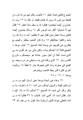 ‫ﺍﻟﺠﻤﻭﻉ ﻗﺎﺌﻠﻴﻥ ﻓﻤﺎﺫﺍ ﻨﻔﻌل ١١ ﻓﺄﺠﺎﺏ ﻭﻗﺎل ﻟﻬﻡ ﻤﻥ ﻟﻪ ﺜﻭﺒـﺎﻥ‬
‫ﻓﻠﻴﻌﻁ ﻤﻥ ﻟﻴﺱ ﻟﻪ ﻭﻤﻥ ﻟﻪ ﻁﻌﺎﻡ ﻓﻠﻴﻔﻌـل ﻫﻜـﺫﺍ ٢١ ﻭﺠـﺎﺀ‬
‫ﻋﺸﺎﺭﻭﻥ ﺃﻴﻀﺎ ﻟﻴﻌﺘﻤﺩﻭﺍ ﻓﻘﺎﻟﻭﺍ ﻟﻪ ﻴﺎ ﻤﻌﻠﻡ ﻤﺎﺫﺍ ﻨﻔﻌل ٣١ ﻓﻘﺎل‬
                                              ‫‪‬‬
‫ﻟﻬﻡ ﻻ ﺘﺴﺘﻭﻓﻭﺍ ﺃﻜﺜﺭ ﻤﻤﺎ ﻓﺭﺽ ﻟﻜﻡ ٤١ ﻭﺴﺄﻟﻪ ﺠﻨﺩﻴﻭﻥ ﺃﻴﻀﺎ‬
 ‫‪‬‬
‫ﻗﺎﺌﻠﻴﻥ ﻭﻤﺎﺫﺍ ﻨﻔﻌل ﻨﺤﻥ ﻓﻘﺎل ﻟﻬﻡ ﻻ ﺘﻅﻠﻤﻭﺍ ﺃﺤـﺩﺍ ﻭﻻ ﺘﺸـﻭﺍ‬
          ‫‪‬‬
‫ﺒﺄﺤﺩ ﻭﺍﻜﺘﻔﻭﺍ ﺒﻌﻼﺌﻔﻜﻡ ٥١ ﻭﺇﺫ ﻜﺎﻥ ﺍﻟﺸﻌﺏ ﻴﻨﺘﻅﺭ ﻭﺍﻟﺠﻤﻴـﻊ‬
‫ﻴﻔﻜﺭﻭﻥ ﻓﻲ ﻗﻠﻭﺒﻬﻡ ﻋﻥ ﻴﻭﺤﻨﺎ ﻟﻌﻠﻪ ﺍﻟﻤﺴﻴﺢ ٦١ ﺃﺠﺎﺏ ﻴﻭﺤﻨـﺎ‬
‫ﺍﻟﺠﻤﻴﻊ ﻗﺎﺌﻼ ﺃﻨﺎ ﺃﻋﻤﺩﻜﻡ ﺒﻤﺎﺀ، ﻭﻟﻜﻥ ﻴﺄﺘﻲ ﻤﻥ ﻫﻭ ﺃﻗﻭﻯ ﻤﻨـﻲ‬
                                           ‫ﹰ‬
‫ﺍﻟﺫﻱ ﻟﺴﺕ ﺃﻫﻼ ﺃﻥ ﺃﺤل ﺴﻴﻭﺭ ﺤﺫﺍﺌﻪ ﻫﻭ ﺴﻴﻌﻤﺩﻜﻡ ﺒـﺎﻟﺭﻭﺡ‬
                                     ‫ﹰ‬
‫ﺍﻟﻘﺩﺱ ﻭﻨﺎﺭ ٧١ ﺍﻟﺫﻱ ﺭﻓﺸﻪ ﻓﻲ ﻴﺩﻩ ﻭﺴﻴﻨﻘﻲ ﺒﻴـﺩﺭﻩ ﻭﻴﺠﻤـﻊ‬
‫ﺍﻟﻘﻤﺢ ﺇﻟﻰ ﻤﺨﺯﻨﻪ ﻭﺃﻤﺎ ﺍﻟﺘﺒﻥ ﻓﻴﺤﺭﻗﻪ ﺒﻨﺎﺭ ﻻ ﺘﻁﻔﺄ ٨١ ﻭﺒﺄﺸﻴﺎﺀ‬
                   ‫ﺃﺨﺭﻯ ﻜﺜﻴﺭﺓ ﻜﺎﻥ ﻴﻌﻅ ﺍﻟﺸﻌﺏ ﻭﻴﺒﺸﺭﻫﻡ.‬
                                    ‫ﻴﻭﺤﻨﺎ ١: ٩١ – ٨٢‬
‫٩١ ﻭﻫﺫﻩ ﻫﻲ ﺸﻬﺎﺩﺓ ﻴﻭﺤﻨﺎ ﺤﻴﻥ ﺃﺭﺴل ﺍﻟﻴﻬـﻭﺩ ﻤـﻥ‬
‫ﺃﻭﺭﺸﻠﻴﻡ ﻜﻬﻨﺔ ﻭﻻﻭﻴﻴﻥ ﻟﻴﺴﺄﻟﻭﻩ ﻤﻥ ﺃﻨﺕ ٠٢ ﻓـﺎﻋﺘﺭﻑ ﻭﻟـﻡ‬
‫ﻴﻨﻜﺭ ﻭﺃﻗﺭ ﺃﻨﻲ ﻟﺴﺕ ﺃﻨﺎ ﺍﻟﻤﺴﻴﺢ ١٢ ﻓﺴﺄﻟﻭﻩ ﺇﺫﺍ ﻤـﺎﺫﺍ. ﺍﻴﻠﻴـﺎ‬
               ‫ﹰ‬
‫ﺃﻨﺕ. ﻓﻘﺎل ﻟﺴﺕ ﺃﻨﺎ. ﺃﻟﻨﺒﻲ ﺃﻨﺕ. ﻓﺄﺠﺎﺏ ﻻ ٢٣ ﻓﻘﺎﻟﻭﺍ ﻟﻪ ﻤـﻥ‬
‫ﺃﻨﺕ ﻟﻨﻌﻁﻲ ﺠﻭﺍﺒﺎ ﻟﻠﺫﻴﻥ ﺃﺭﺴﻠﻭﻨﺎ ﻤﺎﺫﺍ ﺘﻘﻭل ﻋـﻥ ﻨﻔﺴـﻙ ٣٢‬
                                      ‫‪‬‬
 