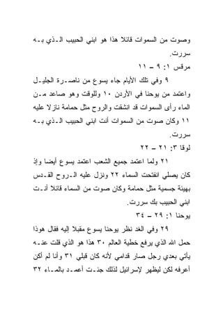 ‫ﻭﺼﻭﺕ ﻤﻥ ﺍﻟﺴﻤﻭﺍﺕ ﻗﺎﺌﻼ ﻫﺫﺍ ﻫﻭ ﺍﺒﻨﻲ ﺍﻟﺤﺒﻴﺏ ﺍﻟـﺫﻱ ﺒـﻪ‬
                             ‫ﹰ‬
                                                 ‫ﺴﺭﺭﺕ.‬
                                   ‫ﻤﺭﻗﺱ ١: ٩ – ١١‬
‫٩ ﻭﻓﻲ ﺘﻠﻙ ﺍﻷﻴﺎﻡ ﺠﺎﺀ ﻴﺴﻭﻉ ﻤﻥ ﻨﺎﺼـﺭﺓ ﺍﻟﺠﻠﻴـل‬
‫ﻭﺍﻋﺘﻤﺩ ﻤﻥ ﻴﻭﺤﻨﺎ ﻓﻲ ﺍﻷﺭﺩﻥ ٠١ ﻭﻟﻠﻭﻗﺕ ﻭﻫﻭ ﺼﺎﻋﺩ ﻤـﻥ‬
‫ﺍﻟﻤﺎﺀ ﺭﺃﻯ ﺍﻟﺴﻤﻭﺍﺕ ﻗﺩ ﺍﻨﺸﻘﺕ ﻭﺍﻟﺭﻭﺡ ﻤﺜل ﺤﻤﺎﻤﺔ ﻨﺎﺯﻻ ﻋﻠﻴﻪ‬
     ‫ﹰ‬
‫١١ ﻭﻜﺎﻥ ﺼﻭﺕ ﻤﻥ ﺍﻟﺴﻤﻭﺍﺕ ﺃﻨﺕ ﺍﺒﻨﻲ ﺍﻟﺤﺒﻴﺏ ﺍﻟـﺫﻱ ﺒـﻪ‬
                                                 ‫ﺴﺭﺭﺕ.‬
                                    ‫ﻟﻭﻗﺎ ٣: ١٢ – ٢٢‬
‫١٢ ﻭﻟﻤﺎ ﺍﻋﺘﻤﺩ ﺠﻤﻴﻊ ﺍﻟﺸﻌﺏ ﺍﻋﺘﻤﺩ ﻴﺴﻭﻉ ﺃﻴﻀﺎ ﻭﺇﺫ‬
     ‫‪‬‬
‫ﻜﺎﻥ ﻴﺼﻠﻲ ﺍﻨﻔﺘﺤﺕ ﺍﻟﺴﻤﺎﺀ ٢٢ ﻭﻨﺯل ﻋﻠﻴﻪ ﺍﻟـﺭﻭﺡ ﺍﻟﻘـﺩﺱ‬
‫ﺒﻬﻴﺌﺔ ﺠﺴﻤﻴﺔ ﻤﺜل ﺤﻤﺎﻤﺔ ﻭﻜﺎﻥ ﺼﻭﺕ ﻤﻥ ﺍﻟﺴﻤﺎﺀ ﻗﺎﺌﻼ ﺃﻨـﺕ‬
     ‫ﹰ‬
                               ‫ﺍﺒﻨﻲ ﺍﻟﺤﺒﻴﺏ ﺒﻙ ﺴﺭﺭﺕ.‬
                                  ‫ﻴﻭﺤﻨﺎ ١: ٩٢ – ٤٣‬
‫٩٢ ﻭﻓﻲ ﺍﻟﻐﺩ ﻨﻅﺭ ﻴﻭﺤﻨﺎ ﻴﺴﻭﻉ ﻤﻘﺒﻼ ﺇﻟﻴﻪ ﻓﻘﺎل ﻫﻭﺫﺍ‬
               ‫ﹰ‬
‫ﺤﻤل ﺍﷲ ﺍﻟﺫﻱ ﻴﺭﻓﻊ ﺨﻁﻴﺔ ﺍﻟﻌﺎﻟﻡ ٠٣ ﻫﺫﺍ ﻫﻭ ﺍﻟﺫﻱ ﻗﻠﺕ ﻋﻨـﻪ‬
‫ﻴﺄﺘﻲ ﺒﻌﺩﻱ ﺭﺠل ﺼﺎﺭ ﻗﺩﺍﻤﻲ ﻷﻨﻪ ﻜﺎﻥ ﻗﺒﻠﻲ ١٣ ﻭﺃﻨﺎ ﻟﻡ ﺃﻜﻥ‬
‫ﺃﻋﺭﻓﻪ ﻟﻜﻥ ﻟﻴﻅﻬﺭ ﻹﺴﺭﺍﺌﻴل ﻟﺫﻟﻙ ﺠﺌـﺕ ﺃﻋﻤـﺩ ﺒﺎﻟﻤـﺎﺀ ٢٣‬
 