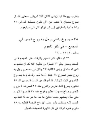 ‫ﻴﻌﻘﻭﺏ ﻭﻴﻭﺤﻨﺎ ﺍﺒﻨﺎ ﺯﺒﺩﻱ ﺍﻟﻠﺫﺍﻥ ﻜﺎﻨﺎ ﺸﺭﻴﻜﻲ ﺴﻤﻌﺎﻥ. ﻓﻘـﺎل‬
‫ﻴﺴﻭﻉ ﻟﺴﻤﻌﺎﻥ ﻻ ﺘﺨﻑ. ﻤﻥ ﺍﻵﻥ ﺘﻜﻭﻥ ﺘﺼﻁﺎﺩ ﺍﻟﻨـﺎﺱ ١١‬
     ‫ﻭﻟﻤﺎ ﺠﺎﺀﻭﺍ ﺒﺎﻟﺴﻔﻴﻨﺘﻴﻥ ﺇﻟﻰ ﺍﻟﺒﺭ ﺘﺭﻜﻭﺍ ﻜل ﺸﻲﺀ ﻭﺘﺒﻌﻭﻩ.‬


    ‫٨٣- ﻴﺴﻭﻉ ﻴﺸﻔﻲ ﺭﺠل ﺒﻪ ﺭﻭﺡ ﻨﺠﺱ ﻓﻲ‬
                          ‫ﺍﻟﻤﺠﻤﻊ – ﻓﻲ ﻜﻔﺭ ﻨﺎﺤﻭﻡ‬
                                   ‫ﻤﺭﻗﺱ ١: ١٢ – ٨٢‬
‫١٢ ﺜﻡ ﺩﺨﻠﻭﺍ ﻜﻔﺭ ﻨﺎﺤﻭﻡ ﻭﻟﻠﻭﻗﺕ ﺩﺨل ﺍﻟﻤﺠﻤﻊ ﻓـﻲ‬
‫ﺍﻟﺴﺒﺕ ﻭﺼﺎﺭ ﻴﻌﻠﻡ ٢٢ ﻓﺒﻬﺘﻭﺍ ﻤﻥ ﺘﻌﻠﻴﻤﻪ ﻷﻨﻪ ﻜـﺎﻥ ﻴﻌﻠﻤﻬـﻡ‬
‫ﻜﻤﻥ ﻟﻪ ﺴﻠﻁﺎﻥ ﻭﻟﻴﺱ ﻜﺎﻟﻜﺘﺒﺔ ٣٢ ﻭﻜﺎﻥ ﻓﻲ ﻤﺠﻤﻌﻬﻡ ﺭﺠل ﺒﻪ‬
‫ﺭﻭﺡ ﻨﺠﺱ ﻓﺼﺭﺥ ٤٢ ﻗﺎﺌﻼ ﺁﻩ ﻤﺎ ﻟﻨـﺎ ﻭﻟـﻙ ﻴـﺎ ﻴﺴـﻭﻉ‬
                          ‫ﹰ‬
‫ﺍﻟﻨﺎﺼﺭﻱ ﺃﺘﻴﺕ ﻟﺘﻬﻠﻜﻨﺎ. ﺃﻨﺎ ﺃﻋﺭﻓﻙ ﻤﻥ ﺃﻨـﺕ ﻗـﺩﻭﺱ ﺍﷲ ٥٢‬
‫ﻓﺎﻨﺘﻬﺭﻩ ﻴﺴﻭﻉ ﻗﺎﺌﻼ ﺍﺨﺭﺱ ﻭﺍﺨﺭﺝ ﻤﻨﻪ ٦٢ ﻓﺼﺭﻋﻪ ﺍﻟـﺭﻭﺡ‬
                               ‫ﹰ‬
‫ﺍﻟﻨﺠﺱ ﻭﺼﺎﺡ ﺒﺼﻭﺕ ﻋﻅﻴﻡ ﻭﺨﺭﺝ ﻤﻨﻪ ٧٢ ﻓﺘﺤﻴﺭﻭﺍ ﻜﻠﻬـﻡ‬
‫ﺤﺘﻰ ﺴﺄل ﺒﻌﻀﻬﻡ ﺒﻌﻀﺎ ﻗﺎﺌﻠﻴﻥ ﻤﺎ ﻫﺫﺍ ﻤﺎ ﻫﻭ ﻫـﺫﺍ ﺍﻟﺘﻌﻠـﻴﻡ‬
                                   ‫‪‬‬
‫ﺍﻟﺠﺩﻴﺩ ﻷﻨﻪ ﺒﺴﻠﻁﺎﻥ ﻴﺄﻤﺭ ﺤﺘﻰ ﺍﻷﺭﻭﺍﺡ ﺍﻟﻨﺠﺴﺔ ﻓﺘﻁﻴﻌـﻪ ٨٢‬
        ‫ﻓﺨﺭﺝ ﺨﺒﺭﻩ ﻟﻠﻭﻗﺕ ﻓﻲ ﻜل ﺍﻟﻜﻭﺭﺓ ﺍﻟﻤﺤﻴﻁﺔ ﺒﺎﻟﺠﻠﻴل.‬
 