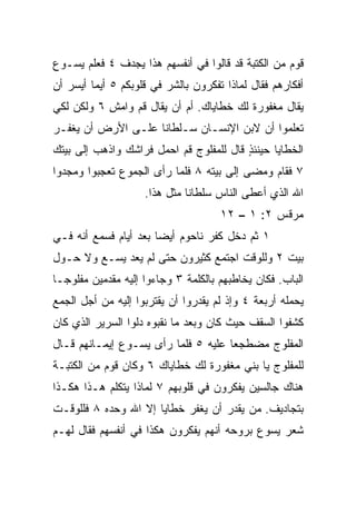 ‫ﻗﻭﻡ ﻤﻥ ﺍﻟﻜﺘﺒﺔ ﻗﺩ ﻗﺎﻟﻭﺍ ﻓﻲ ﺃﻨﻔﺴﻬﻡ ﻫﺫﺍ ﻴﺠﺩﻑ ٤ ﻓﻌﻠﻡ ﻴﺴـﻭﻉ‬
‫ﺃﻓﻜﺎﺭﻫﻡ ﻓﻘﺎل ﻟﻤﺎﺫﺍ ﺘﻔﻜﺭﻭﻥ ﺒﺎﻟﺸﺭ ﻓﻲ ﻗﻠﻭﺒﻜﻡ ٥ ﺃﻴﻤﺎ ﺃﻴﺴﺭ ﺃﻥ‬
‫ﻴﻘﺎل ﻤﻐﻔﻭﺭﺓ ﻟﻙ ﺨﻁﺎﻴﺎﻙ. ﺃﻡ ﺃﻥ ﻴﻘﺎل ﻗﻡ ﻭﺍﻤﺵ ٦ ﻭﻟﻜﻥ ﻟﻜﻲ‬
           ‫ِ‬
‫ﺘﻌﻠﻤﻭﺍ ﺃﻥ ﻻﺒﻥ ﺍﻹﻨﺴـﺎﻥ ﺴـﻠﻁﺎﻨﺎ ﻋﻠـﻰ ﺍﻷﺭﺽ ﺃﻥ ﻴﻐﻔـﺭ‬
                    ‫ﹰ‬
‫ﺍﻟﺨﻁﺎﻴﺎ ﺤﻴﻨﺌﺫ ﻗﺎل ﻟﻠﻤﻔﻠﻭﺝ ﻗﻡ ﺍﺤﻤل ﻓﺭﺍﺸﻙ ﻭﺍﺫﻫﺏ ﺇﻟﻰ ﺒﻴﺘﻙ‬
                                         ‫ٍ‬
‫٧ ﻓﻘﺎﻡ ﻭﻤﻀﻰ ﺇﻟﻰ ﺒﻴﺘﻪ ٨ ﻓﻠﻤﺎ ﺭﺃﻯ ﺍﻟﺠﻤﻭﻉ ﺘﻌﺠﺒﻭﺍ ﻭﻤﺠﺩﻭﺍ‬
                    ‫ﺍﷲ ﺍﻟﺫﻱ ﺃﻋﻁﻰ ﺍﻟﻨﺎﺱ ﺴﻠﻁﺎﻨﺎ ﻤﺜل ﻫﺫﺍ.‬
                              ‫ﹰ‬
                                      ‫ﻤﺭﻗﺱ ٢: ١ – ٢١‬
‫١ ﺜﻡ ﺩﺨل ﻜﻔﺭ ﻨﺎﺤﻭﻡ ﺃﻴﻀﺎ ﺒﻌﺩ ﺃﻴﺎﻡ ﻓ ‪‬ﻤﻊ ﺃﻨﻪ ﻓـﻲ‬
          ‫ﺴ‬             ‫‪‬‬
‫ﺒﻴﺕ ٢ ﻭﻟﻠﻭﻗﺕ ﺍﺠﺘﻤﻊ ﻜﺜﻴﺭﻭﻥ ﺤﺘﻰ ﻟﻡ ﻴﻌﺩ ﻴﺴـﻊ ﻭﻻ ﺤـﻭل‬
‫ﺍﻟﺒﺎﺏ. ﻓﻜﺎﻥ ﻴﺨﺎﻁﺒﻬﻡ ﺒﺎﻟﻜﻠﻤﺔ ٣ ﻭﺠﺎﺀﻭﺍ ﺇﻟﻴﻪ ﻤﻘﺩﻤﻴﻥ ﻤﻔﻠﻭ ‪‬ـﺎ‬
  ‫ﺠ‬
‫ﻴﺤﻤﻠﻪ ﺃﺭﺒﻌﺔ ٤ ﻭﺇﺫ ﻟﻡ ﻴﻘﺩﺭﻭﺍ ﺃﻥ ﻴﻘﺘﺭﺒﻭﺍ ﺇﻟﻴﻪ ﻤﻥ ﺃﺠل ﺍﻟﺠﻤﻊ‬
‫ﻜﺸﻔﻭﺍ ﺍﻟﺴﻘﻑ ﺤﻴﺙ ﻜﺎﻥ ﻭﺒﻌﺩ ﻤﺎ ﻨﻘﺒﻭﻩ ﺩﻟﻭﺍ ﺍﻟﺴﺭﻴﺭ ﺍﻟﺫﻱ ﻜﺎﻥ‬
‫ﺍﻟﻤﻔﻠﻭﺝ ﻤﻀﻁﺠﻌﺎ ﻋﻠﻴﻪ ٥ ﻓﻠﻤﺎ ﺭﺃﻯ ﻴﺴـﻭﻉ ﺇﻴﻤـﺎﻨﻬﻡ ﻗـﺎل‬
                                     ‫‪‬‬
‫ﻟﻠﻤﻔﻠﻭﺝ ﻴﺎ ﺒﻨﻲ ﻤﻐﻔﻭﺭﺓ ﻟﻙ ﺨﻁﺎﻴﺎﻙ ٦ ﻭﻜﺎﻥ ﻗﻭﻡ ﻤﻥ ﺍﻟﻜﺘﺒـﺔ‬
‫ﻫﻨﺎﻙ ﺠﺎﻟﺴﻴﻥ ﻴﻔﻜﺭﻭﻥ ﻓﻲ ﻗﻠﻭﺒﻬﻡ ٧ ﻟﻤﺎﺫﺍ ﻴﺘﻜﻠﻡ ﻫـﺫﺍ ﻫﻜـﺫﺍ‬
‫ﺒﺘﺠﺎﺩﻴﻑ. ﻤﻥ ﻴﻘﺩﺭ ﺃﻥ ﻴﻐﻔﺭ ﺨﻁﺎﻴﺎ ﺇﻻ ﺍﷲ ﻭﺤﺩﻩ ٨ ﻓﻠﻠﻭﻗـﺕ‬
‫ﺸﻌﺭ ﻴﺴﻭﻉ ﺒﺭﻭﺤﻪ ﺃﻨﻬﻡ ﻴﻔﻜﺭﻭﻥ ﻫﻜﺫﺍ ﻓﻲ ﺃﻨﻔﺴﻬﻡ ﻓﻘﺎل ﻟﻬـﻡ‬
 