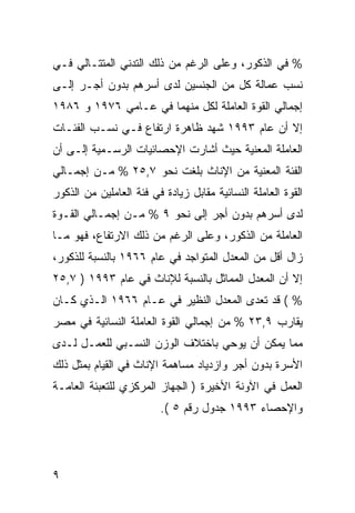‫% ﻓﻲ ﺍﻟﺫﻜﻭﺭ، ﻭﻋﻠﻰ ﺍﻟﺭﻏﻡ ﻤﻥ ﺫﻟﻙ ﺍﻟﺘﺩﻨﻲ ﺍﻟﻤﺘﺘـﺎﻟﻲ ﻓـﻲ‬
‫ﻨﺴﺏ ﻋﻤﺎﻟﺔ ﻜل ﻤﻥ ﺍﻟﺠﻨﺴﻴﻥ ﻟﺩﻯ ﺃﺴﺭﻫﻡ ﺒﺩﻭﻥ ﺃﺠـﺭ ﺇﻟـﻰ‬
‫ﺇﺠﻤﺎﻟﻲ ﺍﻟﻘﻭﺓ ﺍﻟﻌﺎﻤﻠﺔ ﻟﻜل ﻤﻨﻬﻤﺎ ﻓﻲ ﻋـﺎﻤﻲ ٦٧٩١ ﻭ ٦٨٩١‬
‫ﺇﻻ ﺃﻥ ﻋﺎﻡ ٣٩٩١ ﺸﻬﺩ ﻅﺎﻫﺭﺓ ﺍﺭﺘﻔﺎﻉ ﻓـﻲ ﻨﺴـﺏ ﺍﻟﻔﺌـﺎﺕ‬
‫ﺍﻟﻌﺎﻤﻠﺔ ﺍﻟﻤﻌﻨﻴﺔ ﺤﻴﺙ ﺃﺸﺎﺭﺕ ﺍﻹﺤﺼﺎﺌﻴﺎﺕ ﺍﻟﺭﺴـﻤﻴﺔ ﺇﻟـﻰ ﺃﻥ‬
‫ﺍﻟﻔﺌﺔ ﺍﻟﻤﻌﻨﻴﺔ ﻤﻥ ﺍﻹﻨﺎﺙ ﺒﻠﻐﺕ ﻨﺤﻭ ٧,٥٢ % ﻤـﻥ ﺇﺠﻤـﺎﻟﻲ‬
‫ﺍﻟﻘﻭﺓ ﺍﻟﻌﺎﻤﻠﺔ ﺍﻟﻨﺴﺎﺌﻴﺔ ﻤﻘﺎﺒل ﺯﻴﺎﺩﺓ ﻓﻲ ﻓﺌﺔ ﺍﻟﻌﺎﻤﻠﻴﻥ ﻤﻥ ﺍﻟﺫﻜﻭﺭ‬
‫ﻟﺩﻯ ﺃﺴﺭﻫﻡ ﺒﺩﻭﻥ ﺃﺠﺭ ﺇﻟﻰ ﻨﺤﻭ ٩ % ﻤـﻥ ﺇﺠﻤـﺎﻟﻲ ﺍﻟﻘـﻭﺓ‬
‫ﺍﻟﻌﺎﻤﻠﺔ ﻤﻥ ﺍﻟﺫﻜﻭﺭ، ﻭﻋﻠﻰ ﺍﻟﺭﻏﻡ ﻤﻥ ﺫﻟﻙ ﺍﻻﺭﺘﻔﺎﻉ، ﻓﻬﻭ ﻤـﺎ‬
‫ﺯﺍل ﺃﻗل ﻤﻥ ﺍﻟﻤﻌﺩل ﺍﻟﻤﺘﻭﺍﺠﺩ ﻓﻲ ﻋﺎﻡ ٦٦٩١ ﺒﺎﻟﻨﺴﺒﺔ ﻟﻠﺫﻜﻭﺭ،‬
‫ﺇﻻ ﺃﻥ ﺍﻟﻤﻌﺩل ﺍﻟﻤﻤﺎﺜل ﺒﺎﻟﻨﺴﺒﺔ ﻟﻺﻨﺎﺙ ﻓﻲ ﻋﺎﻡ ٣٩٩١ ) ٧,٥٢‬
‫% ( ﻗﺩ ﺘﻌﺩﻯ ﺍﻟﻤﻌﺩل ﺍﻟﻨﻅﻴﺭ ﻓﻲ ﻋـﺎﻡ ٦٦٩١ ﺍﻟـﺫﻱ ﻜـﺎﻥ‬
‫ﻴﻘﺎﺭﺏ ٩,٣٢ % ﻤﻥ ﺇﺠﻤﺎﻟﻲ ﺍﻟﻘﻭﺓ ﺍﻟﻌﺎﻤﻠﺔ ﺍﻟﻨﺴﺎﺌﻴﺔ ﻓﻲ ﻤﺼﺭ‬
‫ﻤﻤﺎ ﻴﻤﻜﻥ ﺃﻥ ﻴﻭﺤﻲ ﺒﺎﺨﺘﻼﻑ ﺍﻟﻭﺯﻥ ﺍﻟﻨﺴـﺒﻲ ﻟﻠﻌﻤـل ﻟـﺩﻯ‬
‫ﺍﻷﺴﺭﺓ ﺒﺩﻭﻥ ﺃﺠﺭ ﻭﺍﺯﺩﻴﺎﺩ ﻤﺴﺎﻫﻤﺔ ﺍﻹﻨﺎﺙ ﻓﻲ ﺍﻟﻘﻴﺎﻡ ﺒﻤﺜل ﺫﻟﻙ‬
‫ﺍﻟﻌﻤل ﻓﻲ ﺍﻵﻭﻨﺔ ﺍﻷﺨﻴﺭﺓ ) ﺍﻟﺠﻬﺎﺯ ﺍﻟﻤﺭﻜﺯﻱ ﻟﻠﺘﻌﺒﺌﺔ ﺍﻟﻌﺎﻤـﺔ‬
                         ‫ﻭﺍﻹﺤﺼﺎﺀ ٣٩٩١ ﺠﺩﻭل ﺭﻗﻡ ٥ (.‬




‫٩‬
 