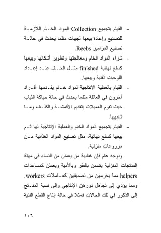 ‫- ﺍﻟﻘﻴﺎﻡ ﺒﺘﺠﻤﻴﻊ ‪ Collection‬ﺍﻟﻤﻭﺍﺩ ﺍﻟﺨـﺎﻡ ﺍﻟﻼﺯﻤـﺔ‬
‫ﻟﻠﺘﺼﻨﻴﻊ ﻭﺇﻋﺎﺩﺓ ﺒﻴﻌﻬﺎ ﻟﺠﻬﺎﺕ ﻤﺜﻠﻤﺎ ﻴﺤﺩﺙ ﻓﻲ ﺤﺎﻟـﺔ‬
                         ‫ﺘﺼﻨﻴﻊ ﺍﻟﻤﺯﺍﻤﻴﺭ ‪.Reebs‬‬
‫- ﺸﺭﺍﺀ ﺍﻟﻤﻭﺍﺩ ﺍﻟﺨﺎﻡ ﻭﻤﻌﺎﻟﺠﺘﻬﺎ ﻭﺘﻁﻭﻴﺭ ﺃﺸﻜﺎﻟﻬﺎ ﻭﺒﻴﻌﻬﺎ‬
‫ﻜﺴﻠﻊ ﻨﻬﺎﺌﻴﺔ ‪ finished‬ﻤﺜـل ﺍﻟﺤـﺎل ﻋﻨـﺩ ﺇﻋـﺩﺍﺩ‬
                             ‫ﺍﻟﻠﻭﺤﺎﺕ ﺍﻟﻔﻨﻴﺔ ﻭﺒﻴﻌﻬﺎ.‬
‫- ﺍﻟﻘﻴﺎﻡ ﺒﺎﻟﻌﻤﻠﻴﺔ ﺍﻹﻨﺘﺎﺠﻴﺔ ﻟﻤﻭﺍﺩ ﺨـﺎﻡ ﻴﻘـﺩﻤﻬﺎ ﺃﻓـﺭﺍﺩ‬
‫ﺁﺨﺭﻭﻥ ﻓﻲ ﺍﻟﻌﺎﺌﻠﺔ ﻤﺜﻠﻤﺎ ﻴﺤﺩﺙ ﻓﻲ ﺤﺎﻟﺔ ﺤﻴﺎﻜﺔ ﺍﻟﺜﻴﺎﺏ‬
‫ﺤﻴﺙ ﺘﻘﻭﻡ ﺍﻟﻌﻤﻴﻼﺕ ﺒﺘﻘﺩﻴﻡ ﺍﻷﻗﻤﺸـﺔ ﻭﺍﻟﻜﻠـﻑ ﻭﻤـﺎ‬
                                           ‫ﺸﺎﺒﻬﻬﺎ.‬
‫- ﺍﻟﻘﻴﺎﻡ ﺒﺘﺠﻤﻴﻊ ﺍﻟﻤﻭﺍﺩ ﺍﻟﺨﺎﻡ ﻭﺍﻟﻌﻤﻠﻴﺔ ﺍﻹﻨﺘﺎﺠﻴﺔ ﻟﻬﺎ ﺜـﻡ‬
‫ﺒﻴﻌﻬﺎ ﻜﺴﻠﻊ ﻨﻬﺎﺌﻴﺔ، ﻤﺜل ﺘﺼﻨﻴﻊ ﺍﻟﻤﻭﺍﺩ ﺍﻟﻐﺫﺍﺌﻴﺔ ﻤـﻥ‬
                                ‫ﻤﺯﺭﻭﻋﺎﺕ ﻤﻨﺯﻟﻴﺔ.‬
‫ﻭﺒﻭﺠﻪ ﻋﺎﻡ ﻓﺈﻥ ﻏﺎﻟﺒﻴﺔ ﻤﻥ ﻴﻌﻤﻠﻥ ﻤﻥ ﺍﻟﻨﺴﺎﺀ ﻓﻲ ﻤﻬﻨﺔ‬
‫ﺍﻟﻤﻨﺘﺠﺎﺕ ﺍﻟﻤﻨﺯﻟﻴﺔ ﻴﺘﺴﻤﻥ ﺒﺎﻟﻔﻘﺭ ﻭﺒﺎﻷﻤﻴﺔ ﻭﻴﻌﻤﻠﻥ ﻜﻤﺴﺎﻋﺩﺍﺕ‬
‫‪ helpers‬ﻤﻤﺎ ﻴﺤﺭﻤﻬﻥ ﻤﻥ ﺘﺼﻨﻴﻔﻬﻥ ﻜﻌـﺎﻤﻼﺕ ‪.workers‬‬
‫ﻭﻤﻤﺎ ﻴﺅﺩﻱ ﺇﻟﻰ ﺘﺠﺎﻫل ﺩﻭﺭﻫﻥ ﺍﻹﻨﺘﺎﺠﻲ ﻭﺇﻟﻰ ﻨﺴﺒﺔ ﺍﻟﻤﻨـﺘﺞ‬
‫ﺇﻟﻰ ﺍﻟﺫﻜﻭﺭ ﻓﻲ ﺘﻠﻙ ﺍﻟﺤﺎﻻﺕ ﻓﻤﺜﻼ ﻓﻲ ﺤﺎﻟﺔ ﺇﻨﺘﺎﺝ ﺍﻟﻘﻁﻊ ﺍﻟﻔﻨﻴﺔ‬
                           ‫ﹰ‬


‫٦٠١‬
 
