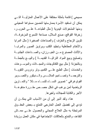 ‫ﻤﺴﻴﺤﻲ ( ﻗﺎﺌﻤﺔ ﺒﺄﻤﺜﻠﺔ ﻤﺨﺘﻠﻔﺔ ﻋﻠﻰ ﺍﻷﻋﻤﺎل ﺍﻟﻤﻨﺯﻟﻴـﺔ ﺍﻟﺘـﻲ‬
‫ﻴﻤﻜﻥ ﺃﻥ ﺘﺴﺘﻔﻴﺩ ﺍﻷﺴﺭﺓ ﺒﻤﻤﺎﺭﺴﺘﻬﺎ ﻟﺘﺤﺴﻴﻥ ﻤﺴﺘﻭﺍﻫﺎ ﺍﻟﻤﻌﻴﺸﻲ‬
‫ﻭﻤﻨﻬﺎ ﺍﻟﻤﺸﻐﻭﻻﺕ ﺍﻟﻴﺩﻭﻴﺔ ) ﻤﺜل ﺍﻟﻁﺒﺎﻋـﺔ ﻋﻠـﻰ ﺍﻟﺤﺭﻴـﺭ،‬
‫ﺯﺨﺭﻓﺔ ﺍﻟﻘﻭﺍﻗﻊ، ﺼﻨﻊ ﺍﻟﺴﻼل، ﺼﻨﺎﻋﺔ ﺍﻟﺸﻤﻭﻉ ﺍﻟﻤﺯﺨﺭﻓـﺔ،‬
‫ﺘﻠﻭﻴﻥ ﺍﻟﺯﺠﺎﺝ ﻭﺍﻟﺨﺯﻑ ( ﻭﺍﻟﺼﻨﺎﻋﺎﺕ ﺍﻟﺼﻐﻴﺭﺓ ) ﻤﺜل ﺍﻟﻤﺭﺍﻴﺎ‬
‫ﻭﺍﻷﺨﺘﺎﻡ ﺍﻟﻤﻁﺎﻁﻴﺔ ﻭﺘﺠﻠﻴﺩ ﺍﻟﻜﺘﺏ ﻭﺒﺭﺍﻭﻴﺯ ﺍﻟﺼﻭﺭ ﻭﺍﻟﻤﺭﺍﻴـﺎ‬
‫ﻭﺍﻷﺜﺎﺙ ﺍﻟﻤﺼﻨﻭﻉ ﻤـﻥ ﺍﻟﺨﻴـﺭﺯﺍﻥ، ﻭﺍﻟﺼـﻨﺎﻋﺎﺕ ﺍﻟﺠﻠﺩﻴـﺔ‬
‫ﻭﺘﺼﻠﻴﺢ ﻭﺒﻴﻊ ﺍﻟﻤﻭﺍﺩ ﺍﻟﺘﺭﺍﺜﻴـﺔ ﺍﻟﻘﺩﻴﻤـﺔ ( ﻭﺍﻟﺒﻴـﻊ ﺒﺎﻟﺠﻤﻠـﺔ‬
‫ﻭﺒﺎﻟﺘﺠﺯﺌﺔ ) ﻤﺜل ﺒﻴﻊ ﺍﻟﻜﺘﺎﻟﻭﺠﺎﺕ ﻭﺍﻟﻤﺠـﻼﺕ ﻭﺍﻟﻤﻭﺴـﻭﻋﺎﺕ‬
‫ﻭﺍﻟﺨﺩﻤﺎﺕ ( ﻤﺜل ﺍﻟﻁﺒﻊ ﻋﻠـﻰ ﺍﻟﻜﻤﺒﻴـﻭﺘﺭ ﻭﺩﺭﻭﺱ ﺍﻟﺘﻘﻭﻴـﺔ‬
‫ـﻭﻴﺭ‬
   ‫ـﺱ ـﺩﻴﻜﻭﺭ ﻭﺍﻟﺘﺼـ‬
               ‫ـﺎﻤﻴﻡ ﺍﻟﻤﻼﺒـ ﻭﺍﻟـ‬
                               ‫ـﺔ ﻭﺘﺼـ‬
                                     ‫ﻭﺍﻟﺘﺭﺠﻤـ‬
‫ﺍﻟﻔﻭﺘﻭﻏﺭﺍﻓﻲ " ﺘﺼﻭﻴﺭ ﺍﻟﻨﺴـﺎﺀ ﻟﻠﻨﺴـﺎﺀ ﻤـﺜﻼ " ﻭﺍﻟﺘﻤـﺎﺭﻴﻥ‬
‫ﺍﻟﺭﻴﺎﻀﻴﺔ ﻟﻤﻥ ﻴﺭﻏﺏ ﻓﻲ ﺸﻜل ﺤﺼـﺹ ﻤﻘـﺭﺭﺓ ﻤﺩﻓﻭﻋـﺔ‬
                         ‫ﺍﻷﺠﺭ ﻭﺍﻟﻜﺘﺎﺒﺔ ﻟﻠﻤﺠﻼﺕ ﻭﻟﻐﻴﺭﻫﺎ.‬
‫ﻫﺫﺍ، ﻭﻟﻘﺩ ﺃﺸﻴﺭ ﺇﻟﻰ ﺃﻥ ﻤﻥ ﺍﻷﺴﺒﺎﺏ ﺍﻟﺘﻲ ﻴﻤﻜـﻥ ﺃﻥ‬
‫ﺘﺅﺩﻱ ﺇﻟﻰ ﺘﻔﻀﻴل ﺍﻟﻌﻤل ﺍﻟﺨﺎﺭﺠﻲ ﺍﻟﺘﻤﺘﻊ ﺒـﺒﻌﺽ ﺍﻟﺤﻘـﻭﻕ‬
‫ﺍﻟﻤﺭﺘﺒﻁﺔ ﺒﻪ ﻤﺜل ﺍﻟﻌﻼﺝ ﺍﻟﻤﺠﺎﻨﻲ ﻭﺍﻟﺤﺼﻭل ﻋﻠـﻰ ﻤﻌـﺎﺵ‬
‫ﺍﻟﺘﻘﺎﻋﺩ، ﻭﺍﻟﺘﻤﺘﻊ ﺒﺎﻟﻌﻼﻗﺎﺕ ﺍﻻﺠﺘﻤﺎﻋﻴﺔ ﻓﻲ ﻤﻜﺎﻥ ﺍﻟﻌﻤل ﻭﺯﻴﺎﺩﺓ‬


‫٣٢١‬
 