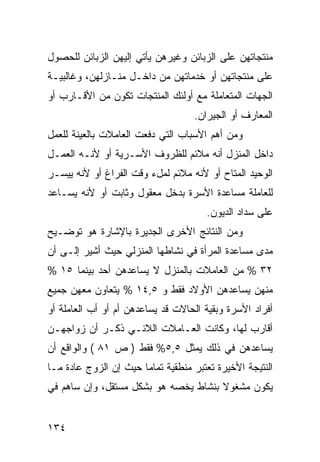 ‫ﻤﻨﺘﺠﺎﺘﻬﻥ ﻋﻠﻰ ﺍﻟﺯﺒﺎﺌﻥ ﻭﻏﻴﺭﻫﻥ ﻴﺄﺘﻲ ﺇﻟﻴﻬﻥ ﺍﻟﺯﺒﺎﺌﻥ ﻟﻠﺤﺼﻭل‬
‫ﻋﻠﻰ ﻤﻨﺘﺠﺎﺘﻬﻥ ﺃﻭ ﺨﺩﻤﺎﺘﻬﻥ ﻤﻥ ﺩﺍﺨـل ﻤﻨـﺎﺯﻟﻬﻥ، ﻭﻏﺎﻟﺒﻴـﺔ‬
‫ﺍﻟﺠﻬﺎﺕ ﺍﻟﻤﺘﻌﺎﻤﻠﺔ ﻤﻊ ﺃﻭﻟﺌﻙ ﺍﻟﻤﻨﺘﺠﺎﺕ ﺘﻜﻭﻥ ﻤﻥ ﺍﻷﻗـﺎﺭﺏ ﺃﻭ‬
                                   ‫ﺍﻟﻤﻌﺎﺭﻑ ﺃﻭ ﺍﻟﺠﻴﺭﺍﻥ.‬
‫ﻭﻤﻥ ﺃﻫﻡ ﺍﻷﺴﺒﺎﺏ ﺍﻟﺘﻲ ﺩﻓﻌﺕ ﺍﻟﻌﺎﻤﻼﺕ ﺒﺎﻟﻌﻴﻨﺔ ﻟﻠﻌﻤل‬
‫ﺩﺍﺨل ﺍﻟﻤﻨﺯل ﺃﻨﻪ ﻤﻼﺌﻡ ﻟﻠﻅﺭﻭﻑ ﺍﻷﺴـﺭﻴﺔ ﺃﻭ ﻷﻨـﻪ ﺍﻟﻌﻤـل‬
‫ﺍﻟﻭﺤﻴﺩ ﺍﻟﻤﺘﺎﺡ ﺃﻭ ﻷﻨﻪ ﻤﻼﺌﻡ ﻟﻤلﺀ ﻭﻗﺕ ﺍﻟﻔﺭﺍﻍ ﺃﻭ ﻷﻨﻪ ﻴﻴﺴـﺭ‬
‫ﻟﻠﻌﺎﻤﻠﺔ ﻤﺴﺎﻋﺩﺓ ﺍﻷﺴﺭﺓ ﺒﺩﺨل ﻤﻌﻘﻭل ﻭﺜﺎﺒﺕ ﺃﻭ ﻷﻨﻪ ﻴﺴـﺎﻋﺩ‬
                                      ‫ﻋﻠﻰ ﺴﺩﺍﺩ ﺍﻟﺩﻴﻭﻥ.‬
‫ﻭﻤﻥ ﺍﻟﻨﺘﺎﺌﺞ ﺍﻷﺨﺭﻯ ﺍﻟﺠﺩﻴﺭﺓ ﺒﺎﻹﺸﺎﺭﺓ ﻫﻭ ﺘﻭﻀـﻴﺢ‬
‫ﻤﺩﻯ ﻤﺴﺎﻋﺩﺓ ﺍﻟﻤﺭﺃﺓ ﻓﻲ ﻨﺸﺎﻁﻬﺎ ﺍﻟﻤﻨﺯﻟﻲ ﺤﻴﺙ ﺃﺸﻴﺭ ﺇﻟـﻰ ﺃﻥ‬
‫٢٣ % ﻤﻥ ﺍﻟﻌﺎﻤﻼﺕ ﺒﺎﻟﻤﻨﺯل ﻻ ﻴﺴﺎﻋﺩﻫﻥ ﺃﺤﺩ ﺒﻴﻨﻤﺎ ٥١ %‬
‫ﻤﻨﻬﻥ ﻴﺴﺎﻋﺩﻫﻥ ﺍﻷﻭﻻﺩ ﻓﻘﻁ ﻭ ٥,٤١ % ﻴﺘﻌﺎﻭﻥ ﻤﻌﻬﻥ ﺠﻤﻴﻊ‬
‫ﺃﻓﺭﺍﺩ ﺍﻷﺴﺭﺓ ﻭﺒﻘﻴﺔ ﺍﻟﺤﺎﻻﺕ ﻗﺩ ﻴﺴﺎﻋﺩﻫﻥ ﺃﻡ ﺃﻭ ﺃﺏ ﺍﻟﻌﺎﻤﻠﺔ ﺃﻭ‬
‫ﺃﻗﺎﺭﺏ ﻟﻬﺎ، ﻭﻜﺎﻨﺕ ﺍﻟﻌـﺎﻤﻼﺕ ﺍﻟﻼﺌـﻲ ﺫﻜـﺭ ﺃﻥ ﺯﻭﺍﺠﻬـﻥ‬
‫ﻴﺴﺎﻋﺩﻫﻥ ﻓﻲ ﺫﻟﻙ ﻴﻤﺜل ٥,٥% ﻓﻘﻁ ) ﺹ ١٨ ( ﻭﺍﻟﻭﺍﻗﻊ ﺃﻥ‬
‫ﺍﻟﻨﺘﻴﺠﺔ ﺍﻷﺨﻴﺭﺓ ﺘﻌﺘﺒﺭ ﻤﻨﻁﻘﻴﺔ ﺘﻤﺎﻤﺎ ﺤﻴﺙ ﺇﻥ ﺍﻟﺯﻭﺝ ﻋﺎﺩﺓ ﻤـﺎ‬
‫ﻴﻜﻭﻥ ﻤﺸﻐﻭﻻ ﺒﻨﺸﺎﻁ ﻴﺨﺼﻪ ﻫﻭ ﺒﺸﻜل ﻤﺴﺘﻘل، ﻭﺇﻥ ﺴﺎﻫﻡ ﻓﻲ‬
                                      ‫ﹰ‬


‫٤٣١‬
 