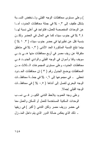 ‫( ﻭﻋﻠﻰ ﻤﺴﺘﻭﻯ ﻤﺤﺎﻓﻅﺎﺕ ﺍﻟﻭﺠﻪ ﺍﻟﻘﺒﻠﻲ ﻭﺘـﻨﺨﻔﺽ ﺍﻟﻨﺴـﺒﺔ‬
‫ﺒﺸﻜل ﻁﻔﻴﻑ ﺇﻟﻰ ٣,٠ % ﻓﻲ ﺠﻤﻠﺔ ﻤﺤﺎﻓﻅﺎﺕ ﺍﻟﺤﺩﻭﺩ، ﺃﻤـﺎ‬
‫ﻋﻥ ﺍﻟﻭﺤﺩﺍﺕ ﺍﻟﻤﺨﺼﺼﺔ ﻟﻠﻌﻤل، ﻓﺘﺘﻭﺍﺠﺩ ﻓﻲ ﺃﻋﻠﻰ ﻨﺴﺒﺔ ﻟﻬـﺎ‬
‫٤,٢ % ﻓﻲ ﺠﻨﻭﺏ ﺴﻴﻨﺎﺀ ﻜﻤﺎ ﻫﻲ ﺍﻟﺤﺎل ﻓﻲ ﺍﻟﺤﻀﺭ ﻭﻟﻜـﻥ‬
‫ﺒﻨﺴﺒﺔ ﺘﻘل ﻋﻥ ﻨﻅﻴﺭﺘﻬﺎ ﻓﻲ ﺤﻀﺭ ﺠﻨﻭﺏ ﺴﻴﻨﺎﺀ ) ٣. ١ % (‬
‫ﺒﻴﻨﻤﺎ ﺘﺒﻠﻎ ﺍﻟﻨﺴﺒﺔ ﺍﻟﻤﺫﻜﻭﺭﺓ ﺍﻟﺤﺩ ﺍﻷﺩﻨﻰ ) ٣,٠ % ﻓﻲ ﻤﻨﺎﻁﻕ‬
‫ﻤﺘﻔﺭﻗﺔ ﻋﻥ ﺭﻴﻑ ﻤﺼﺭ ﻓﻲ ﺃﺭﺒﻊ ﻤﺤﺎﻓﻅﺎﺕ ﻤﻨﻬﺎ ﻫـﻲ ﺒﻨـﻲ‬
‫ﺴﻭﻴﻑ ﻭﻗﻨﺎ ﻭﺃﺴﻭﺍﻥ ﻓﻲ ﺍﻟﻭﺠﻪ ﺍﻟﻘﺒﻠﻲ ﻭﺍﻟﻭﺍﺩﻱ ﺍﻟﺠﺩﻴـﺩ ﻓـﻲ‬
‫ﻤﺤﺎﻓﻅﺎﺕ ﺍﻟﺤﺩﻭﺩ، ﻭﻋﻠﻰ ﻤﺴﺘﻭﻯ ﺍﻟﻤﺠﻤﻭﻋﺎﺕ ﺍﻟـﺜﻼﺙ ﻤـﻥ‬
‫ﺍﻟﻤﺤﺎﻓﻅﺎﺕ ﻴﻭﻀﺢ ﺍﻟﺠﺩﻭل ﺭﻗﻡ ) ٣ ( ﺇﻥ ﻤﺤﺎﻓﻅﺎﺕ ﺍﻟﺤـﺩﻭﺩ‬
‫ﺘﺤﻅﻰ ـ ﻓﻲ ﻤﺠﻤﻭﻋﻬﺎ ﺇﻟﻰ ٦,٠ % ﻓﻲ ﺠﻤﻠـﺔ ﻤﺤﺎﻓﻅـﺎﺕ‬
‫ﺍﻟﻭﺠﻪ ﺍﻟﺒﺤﺭﻱ ﻟﺘﺼل ﺇﻟﻰ ﺃﺩﻨﺎﻫﺎ ) ٥,٠ % ( ﻓﻲ ﻤﺤﺎﻓﻅـﺎﺕ‬
                                     ‫ﺍﻟﻭﺠﻪ ﺍﻟﻘﺒﻠﻲ ﺇﺠﻤﺎﻻ.‬
                                      ‫ﹰ‬
‫ﻭﻋﻠﻰ ﻭﺠﻪ ﺍﻟﻌﻤﻭﻡ، ﻴﻼﺤﻅ ﺍﻟﺘﺩﻨﻲ ﺍﻟﻜﺒﻴـﺭ ﻓـﻲ ﻨﺴـﺏ‬
‫ﺍﻟﻭﺤﺩﺍﺕ ﺍﻟﺴﻜﻨﻴﺔ ﺍﻟﻤﺴﺘﺨﺩﻤﺔ ﻟﻠﻌﻤل ﺃﻭ ﻟﻠﺴﻜﻥ ﻭﺍﻟﻌﻤل ﻤ ‪‬ﺎ‬
 ‫ﻌ‬
‫ﻓﻲ ﺤﻀﺭ ﻭﺭﻴﻑ ﻤﺼﺭ ﻭﻟﻜﻥ ﺍﻟﺘﺩﻨﻲ ) ﺃﻜﺒﺭ ( ﻓﻲ ﺭﻴﻔﻬﺎ‬
‫ـ ﺫﻟﻙ ﺍﻟﺫﻱ ﻴﻌﻜﺱ ﻀﺂﻟﺔ ﺍﻟﺩﻭﺭ ﺍﻟﺫﻱ ﻴﺘﻡ ﺩﺍﺨل ﺍﻟﻤﻨـﺯل‬




‫٥٤١‬
 